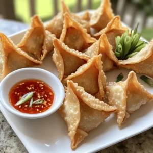 - 8 oz cream cheese, softened - 1 cup crab meat, cooked and shredded - 2 green onions, finely chopped - 1 teaspoon garlic powder - 1 teaspoon Worcestershire sauce - 1 package of wonton wrappers (about 30-40 wrappers) - Vegetable oil (for frying) - Salt and pepper to taste - Sweet chili sauce (for serving) These ingredients make a tasty Crab Rangoon. The cream cheese gives it a rich flavor. The crab meat adds a nice touch of sweetness. Green onions bring freshness. Garlic powder and Worcestershire sauce give depth. Wonton wrappers hold everything together and fry up crispy. Sweet chili sauce is perfect for dipping. You can swap cream cheese for Neufchâtel cheese. It has less fat but tastes great. For a dairy-free option, use cashew cream. You can also use imitation crab meat if fresh crab is not available. This can cut costs but still tastes good. This recipe serves about 4-6 people. If you have a big event, double the ingredients. You can also make smaller batches if you want to try it first. Each person can enjoy 4-6 pieces. Adjust the quantities based on your guests and their appetites. To start, you need to mix the filling well. In a bowl, combine 8 oz of softened cream cheese, 1 cup of cooked and shredded crab meat, 2 finely chopped green onions, 1 teaspoon of garlic powder, 1 teaspoon of Worcestershire sauce, and a pinch of salt and pepper. Use a fork or spatula to blend everything until smooth and creamy. For the right consistency, make sure the cream cheese is very soft. If it is too firm, the filling will be hard to spread. You want a mixture that is thick but smooth. Now, let’s wrap the filling in the wonton wrappers. Lay a wrapper flat on your clean surface. Place about 1 teaspoon of the crab mixture in the center of the wrapper. Next, moisten the edges with a little water. This helps the wrapper seal better. Fold the wrapper over to make a triangle and press the edges firmly to seal. For added security, fold the two outer corners towards the center. Pinch them to seal again. Common mistakes include not sealing the edges well or overfilling the wrapper. Both can cause the filling to leak during frying. For frying, heat about 2 inches of vegetable oil in a deep frying pan. Use medium-high heat. The oil needs to reach 350°F (175°C) for perfect frying. You can test the heat by dropping a small piece of the wonton wrapper into the oil. If it sizzles, it is ready. Carefully add 3-4 crab rangoon to the hot oil. Fry them for about 2-3 minutes. They should turn golden brown and crispy. Use a slotted spoon to take them out and let them drain on a paper towel-lined plate. Following these steps will give you lovely, crispy Crab Rangoon. Don't forget to serve them warm with sweet chili sauce! To make the best crab rangoon, focus on even cooking. Use a deep frying pan with enough oil. This helps the rangoon float and fry evenly. Keep the oil at 350°F (175°C). Too low or high will affect the crispiness. Drain fried rangoon on paper towels. This cuts down on grease. To store leftovers, wait until they cool. Place them in an airtight container. They will stay fresh for up to three days in the fridge. Reheat them in the oven to keep them crispy. One mistake is overfilling the wonton wrappers. This can lead to leaks during frying. Ensure you seal them tightly. Don't skip moistening the edges; it helps the seal hold. Another issue is frying oil temperature. If it’s too hot, the rangoon burns outside and stays cold inside. If it’s too cool, they absorb too much oil and become soggy. Use a thermometer for best results. Serve crab rangoon with sweet chili sauce. It adds a nice, spicy touch. Pair it with fried rice or a light salad. This balances the rich flavors. For presentation, arrange them on a platter. Place a small bowl of sauce in the center. Add green onions or cilantro as a garnish. This makes your dish look more appealing. {{image_2}} You can take your Crab Rangoon to the next level! Adding spices or herbs can change the taste. Try adding a pinch of cayenne for heat. A sprinkle of dill or chives gives a fresh twist. You can also mix in cheese like mozzarella or cheddar for creaminess. Vegetables like spinach or bell peppers can add crunch and flavor. Baking and frying are the main ways to cook Crab Rangoon. Frying gives a crunchy texture. However, it can be greasy if not done right. Baking is healthier and still tasty. It takes longer, but you can make a big batch. If you want to cut calories, an air fryer works great! It gives a crisp finish without much oil. You can get creative with Crab Rangoon! Consider a spicy version with sriracha in the filling. For a vegetarian take, use a mix of mushrooms and cream cheese. Pair these with different dipping sauces, like soy sauce or a tangy mango salsa. Each twist can make your dish unique and fun. Don't hesitate to explore! To keep uncooked crab rangoon fresh, follow these steps: - Wrap each rangoon in plastic wrap. This prevents freezer burn. - Place them in a freezer bag or container. Seal it tightly. - Label the bag with the date. This helps track freshness. Uncooked crab rangoon can last up to three months in the freezer. For best taste, use them within a month. After cooking, store your crab rangoon properly: - Let them cool completely before storing. This keeps them crispy. - Place in an airtight container with paper towels. This absorbs moisture. Cooked rangoon will stay fresh for up to four days in the fridge. To reheat, use an oven or air fryer. Heat them at 350°F (175°C) for about 10 minutes. This keeps them crispy and delicious. Don’t let leftovers go to waste! Here are some fun ideas: - Add to soups for a creamy twist. They make a great topping. - Chop and mix into a salad for added flavor. - Create a dip by blending with sour cream or yogurt. These ideas can give your leftover crab rangoon a second life! If you need more ideas, check out the Full Recipe for inspiration. Crab Rangoon has a fun history. It likely started in the 1950s in the U.S. Some say it was made in California. Others say it was created in a restaurant in New York. The dish blends flavors from Chinese and American cooking. This mix helped it become popular. Today, you can find it in many Asian restaurants across the country. Yes, you can make Crab Rangoon ahead of time. Prepare the filling and wrap the wontons. Place them on a baking sheet and freeze them. This way, they stay fresh until you are ready to fry them. For busy days, this saves time. Just remember to fry them while frozen. This helps keep them crispy. The best Crab Rangoon can be found in many places. Look for local Asian restaurants with good reviews. Some national chains also serve great versions. When choosing a place, think about freshness. Fresh ingredients make a big difference in taste. You may also want to check if they have homemade dipping sauce. If you want to try making this dish, check out the [Full Recipe]. It guides you through making Crispy Creamy Crab Rangoon step-by-step. You will enjoy the crispy outside and creamy inside! This guide covers all you need for perfect Crab Rangoon. You learned the key ingredients, how to prepare the filling, wrap, and fry. Plus, I shared tips to avoid common mistakes and make tasty variations. Whether you bake, fry, or try something new, these options will impress your guests. Remember, perfecting your technique ensures a great dish every time. Enjoy your cooking and share your delicious results!