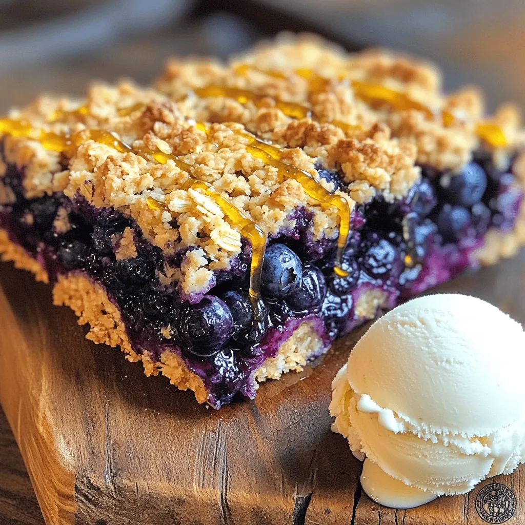 - 2 cups rolled oats - 1 cup all-purpose flour - 1/2 cup brown sugar, packed - 1/4 cup granulated sugar - 1 teaspoon baking powder - 1/2 teaspoon salt - 1/2 cup unsalted butter, melted - 1/4 cup honey or maple syrup - 1 teaspoon vanilla extract - 2 cups fresh or frozen blueberries - 1 tablespoon cornstarch - 1 tablespoon lemon juice I love using rolled oats in this recipe. They give the bars a chewy texture. The all-purpose flour helps bind everything together. Brown sugar adds a deep, rich flavor. Granulated sugar adds some sweetness. Baking powder makes the bars rise a bit. Salt balances the sweetness. Melted unsalted butter brings a nice richness. Honey or maple syrup adds more sweetness and moisture. Vanilla extract gives a warm, comforting flavor. Blueberries are the star of the show! They burst with flavor as they bake. Cornstarch helps thicken the blueberry filling. Lemon juice brightens the taste of the blueberries. If you want to switch up the sugars, try coconut sugar or agave nectar. For gluten-free options, use almond flour or a gluten-free blend instead of all-purpose flour. These swaps work well, so you can enjoy these bars no matter your needs. Each serving has about 180 calories. You get 7 grams of fat, 27 grams of carbs, and 3 grams of protein. These bars pack a good amount of fiber, thanks to the oats and blueberries. Enjoy them as a tasty snack or dessert! For the full recipe, check out the section above! First, preheat your oven to 350°F (175°C). This helps the bars bake evenly. Next, grease an 8x8-inch baking dish or line it with parchment paper. This will make it easy to lift out your bars later. In a mixing bowl, combine the dry ingredients: - 2 cups rolled oats - 1 cup all-purpose flour - 1/2 cup brown sugar, packed - 1/4 cup granulated sugar - 1 teaspoon baking powder - 1/2 teaspoon salt Stir these ingredients well until they are fully mixed. Now, add the wet ingredients to the dry mix. You will need: - 1/2 cup unsalted butter, melted - 1/4 cup honey or maple syrup - 1 teaspoon vanilla extract Mix everything until it becomes crumbly but combined. Be sure to reserve 1 cup of this mixture for the crumble topping. In another bowl, toss the blueberries with: - 1 tablespoon cornstarch - 1 tablespoon lemon juice This step helps the blueberries stay juicy and not runny. Gently fold the blueberries into the oat mixture left in the bowl. Press the blueberry-oat mixture evenly into the base of your prepared baking dish. This forms the bottom layer. After that, sprinkle the reserved crumble mixture over the top of the blueberries. Now it’s time to bake! Place the dish in your preheated oven and bake for about 25-30 minutes. Look for a golden brown top and some bubbling blueberries. These are good signs that your bars are done. Once baked, allow the bars to cool in the pan for at least 15 minutes. You can lift them out using the parchment paper. Slice them into squares once they are completely cool. Enjoy your homemade Blueberry Oatmeal Crumble Bars! To get the best crumble texture, mix your oats and flour just right. You want a mix that is crumbly but still holds together. If it feels too dry, add a splash of water. This helps bind it without making it soggy. To prevent burning the edges, use a light-colored baking dish. Dark pans can cause the sides to brown too fast. Keep an eye on your bars after 20 minutes. If the edges are getting dark, you can cover them with foil. These bars are great with a scoop of ice cream. Vanilla pairs well with the blueberries. You can also serve them with a dollop of yogurt for a healthy twist. For gatherings, slice the bars into small squares. Arrange them on a rustic wooden board. Drizzle honey over the top for a sweet touch. This makes the bars look extra fancy and inviting. One big mistake is overmixing the ingredients. This can make your bars tough. Mix until just combined, then stop. Another mistake is not letting the bars cool properly. They need at least 15 minutes in the pan. If you cut them too soon, they may fall apart. Let them cool fully for neat slices. For the full recipe, check out the Blueberry Oatmeal Crumble Bars. {{image_2}} You can make your Blueberry Oatmeal Crumble Bars even tastier! Adding spices like cinnamon or nutmeg gives them warmth. Just add one teaspoon of your chosen spice to the dry mix. You might also want to incorporate nuts or seeds. Chopped walnuts or almonds add a nice crunch. Just mix in about 1/2 cup before pressing it into the baking dish. If you want to switch up the fruit, you have many choices! Raspberries, strawberries, or blackberries work great in this recipe. Use the same amount of fruit as the blueberries for the best taste. For a mixed berry version, combine different fruits. Just keep the total amount to about 2 cups. This mix will give you a burst of flavor in every bite. For those who follow a vegan diet, you can swap butter with coconut oil. Use the same amount for a rich taste. Honey can be replaced with maple syrup or agave nectar. If you're looking for low-sugar options, try using less sugar in the recipe. You can cut the brown sugar to 1/4 cup. This change still keeps the bars sweet and tasty! For the full recipe, check out the details above. Store your Blueberry Oatmeal Crumble Bars at room temperature for short-term storage. If you want to keep them longer, put them in the fridge. Use an airtight container to keep them fresh. This helps maintain their soft texture and delicious flavor. If you leave the bars out, they may dry out. To freeze the bars, first let them cool completely. Once cooled, cut them into squares. Wrap each square in plastic wrap, then place them in a freezer-safe bag. This method prevents freezer burn. When you want to enjoy them, take out the bars and let them thaw at room temperature. You can also heat them in the microwave for about 15-20 seconds. These bars can stay fresh for about five days at room temperature. If stored in the fridge, they last up to one week. Watch for signs of spoilage, like a change in texture or smell. If the bars look dry or hard, it’s best to toss them. Enjoy your treats while they are fresh for the best flavor! Blueberry Oatmeal Crumble Bars last about one week when stored properly. To keep them fresh, place the bars in an airtight container. You can store them at room temperature for up to three days. For longer storage, refrigerate them. This will help them last up to a week. Always check for any signs of spoilage before eating. Yes, you can use frozen blueberries directly in the recipe. They work well, but they may release more juice than fresh ones. This can make the bars a bit wetter. To help with this, you can toss the frozen blueberries with a bit of cornstarch. This will help absorb some of the extra juice and keep the bars from getting soggy. If you need a substitute for honey or maple syrup, you have options. You can use agave syrup, simple syrup, or even coconut sugar. Each will give a different flavor and sweetness level. Adjust the amount based on your taste. If you want a lower-calorie option, try using stevia or monk fruit sweetener. To make Blueberry Oatmeal Crumble Bars gluten-free, substitute all-purpose flour with gluten-free flour. You can use almond flour or a gluten-free baking mix. Make sure your oats are certified gluten-free as well. This will ensure that the bars remain safe for those with gluten sensitivities. Yes, you can easily double the recipe. If you do, use a larger baking dish, like a 9x13-inch pan. You may need to adjust the baking time slightly. Check for doneness a few minutes earlier than the original time, as larger batches can take longer to bake evenly. The blog outlined a simple way to make delicious Blueberry Oatmeal Crumble Bars. You learned about the key ingredients and steps to create this tasty treat. We covered ingredient swaps and common mistakes to avoid. Plus, we shared tips for storage and variations to keep things fresh. Remember, the joy of baking is in creativity. Enjoy experimenting with flavors and making it your own!