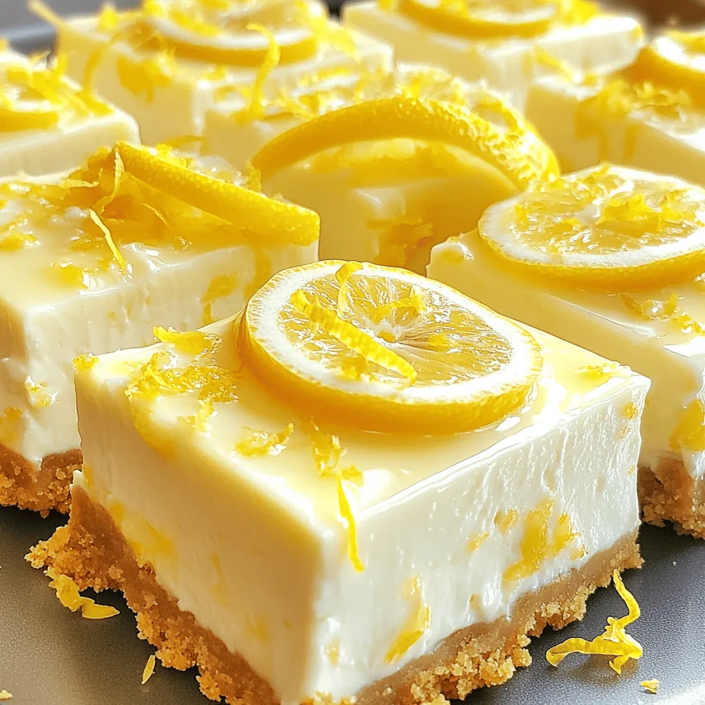 - 1 ½ cups graham cracker crumbs - ½ cup unsalted butter, melted - 2 tablespoons sugar - 16 oz cream cheese, softened - 1 cup granulated sugar - 3 large eggs - 1 teaspoon vanilla extract - ½ cup fresh lemon juice - Zest of 2 lemons - ½ teaspoon salt For my lemon cheesecake squares, I love using these simple ingredients. They blend well and create a perfect balance of tangy and sweet. The graham cracker crumbs form a tasty crust. Melted butter adds richness. The cream cheese gives that creamy texture we all love. - Fresh berries - Additional lemon zest - Whipped cream Garnishes make your dessert pop! Fresh berries add color and flavor. A sprinkle of lemon zest brightens the taste. Whipped cream makes it extra special. You can mix and match these toppings based on what you have at home. For the full recipe, follow the steps carefully to make the best lemon cheesecake squares. To make the graham cracker crust, combine 1 ½ cups of graham cracker crumbs, ½ cup of melted unsalted butter, and 2 tablespoons of sugar in a medium bowl. Mix until the crumbs look wet. Press this mixture firmly into the bottom of an 8x8 inch baking pan. Bake the crust at 325°F (160°C) for 10 minutes. This short bake time gives it a nice golden color. Let it cool before adding the filling. In a large mixing bowl, beat 16 oz of softened cream cheese with 1 cup of granulated sugar. Mix for about 2-3 minutes until it becomes smooth and creamy. Add 3 large eggs one at a time. Mix just until each egg is blended in. Overmixing will make your cheesecake dense. Next, mix in 1 teaspoon of vanilla extract, ½ cup of fresh lemon juice, the zest of 2 lemons, and ½ teaspoon of salt. Ensure everything is combined well, resulting in a smooth filling. Pour the cream cheese mixture over the cooled crust. Spread it out evenly. Bake the squares for 25-30 minutes. The edges should be set, but the center should still jiggle slightly. This jiggle means it will set as it cools. After baking, turn off the oven but leave the cheesecake inside for another 10 minutes. This helps the center firm up. Once done, cool to room temperature and refrigerate for at least 4 hours or overnight. After chilling, lift the cheesecake out of the pan using the parchment paper. Cut into squares and enjoy! For the full recipe, check the earlier section. To get the best texture for your lemon cheesecake squares, avoid overmixing the filling. Mix just until the ingredients blend together. If you overmix, air bubbles can form, leading to cracks later. Chilling time is also crucial. After baking, let your squares cool at room temperature. Then, refrigerate them for at least four hours. This helps the flavors blend and gives a nice, firm texture. One common mistake is mixing the eggs too fast. Add each egg one at a time and mix just until combined. This helps keep the filling smooth. Another tip is to avoid opening the oven door while baking. This can cause temperature changes. It may lead to cracks on the surface. For a smooth top, you can also bake the squares in a water bath. This keeps moisture in the oven. Lemon cheesecake squares are best served chilled. Cut them into squares and place them on a nice plate. Garnish with fresh berries or a sprinkle of lemon zest for color. Pair them with a cup of tea or a glass of lemonade. They also go well with a light meal like grilled chicken or salad. For a sweet touch, serve with whipped cream on the side. For the full recipe, check out the Lemon Zing Cheesecake Squares. {{image_2}} You can have fun with lemon cheesecake squares by adding new flavors. Try mixing in other fruits. Strawberries or blueberries add a sweet touch. Simply chop the fruit and fold it into your cream cheese mix. You can also swirl in a fruit puree for a colorful effect. Another great option is using different extracts. While vanilla works well, almond or coconut extracts can create unique flavors. Just use a small amount, about half a teaspoon, to avoid overpowering the lemon. Experimenting with flavors adds a fun twist to this classic treat. If you need gluten-free options, don’t worry! You can swap out graham crackers. Use gluten-free cookies or crushed nuts instead. Almond flour can also work well for a crust. Just mix it with melted butter and press it into the pan. Make sure to watch for allergens too. Check labels of your ingredients. Sometimes, cream cheese has additives. Look for brands that are gluten-free and safe for your needs. With these small changes, everyone can enjoy lemon cheesecake squares. For the full recipe, check the complete guide above! To keep your lemon cheesecake squares fresh, store them in the refrigerator. Place the squares in an airtight container. This method keeps them moist and tasty. You can also wrap them tightly in plastic wrap before placing them in the container. If you want to save some for later, freezing is a great option. Cut the cheesecake into squares and place them in a single layer on a baking sheet. Freeze until solid, then wrap each square in plastic wrap. Put them in a freezer-safe container or bag. This way, they won’t stick together. In the fridge, your lemon cheesecake squares will last about five days. Keep an eye on them after the first few days. In the freezer, they can last for up to three months if stored correctly. Look for signs of spoilage. If you see any discoloration or if they smell off, it’s best to toss them. Always trust your senses! You can easily make lemon cheesecake squares without a springform pan. Use an 8x8 inch baking dish instead. 1. Line the dish with parchment paper. Leave some paper hanging over the sides for easy removal. 2. Prepare the crust as usual and press it into the bottom of the dish. 3. Follow the filling instructions from the Full Recipe. Pour the filling over the crust. 4. Bake as directed. After cooling, lift the cheesecake out using the parchment paper. 5. Cut into squares and enjoy! Yes, you can use other cheeses. Cream cheese gives a smooth texture and rich flavor. - Mascarpone cheese will make it creamier and lighter. - Neufchâtel cheese is lower in fat. It works but may be less rich. - Ricotta can be used, but it may change the texture and flavor slightly. Each cheese brings a unique taste and texture. Choose according to your preference! Cracks can happen, but you can prevent and fix them. - To prevent cracks: Avoid overmixing the filling. Mix just until smooth. Bake at a low temperature. Turn off the oven and let it cool inside for ten minutes. - If cracks still form: Chill the cheesecake. Once cold, you can cover the cracks with whipped cream or fruit. This makes it look nice! These tips will help you enjoy a perfect lemon cheesecake square! Lemon cheesecake squares are a delightful treat. We covered the best ingredients, from the crust to the filling. I shared key tips to achieve the right texture. You learned how to avoid common mistakes and serve your dessert well. Remember to experiment with flavors or store your squares properly. Creamy, tart, and simple to make, they’re sure to please everyone. Enjoy your baking journey and the tasty results!