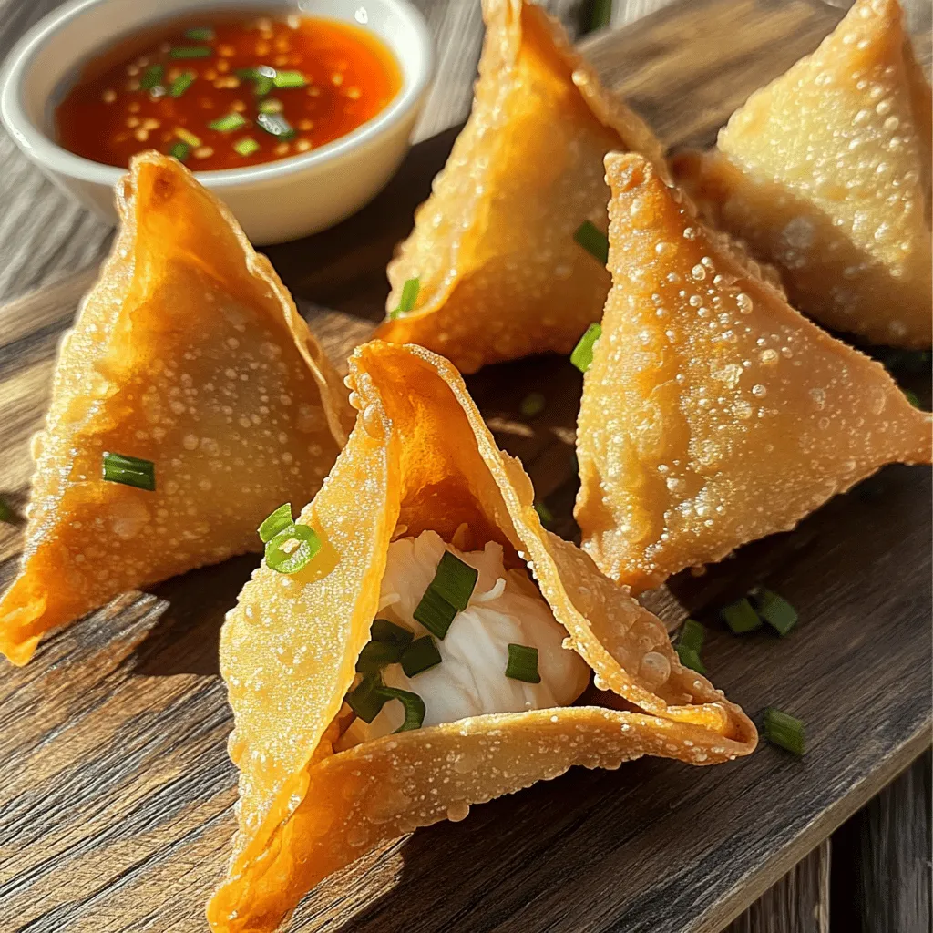 To make crab rangoon, you'll need these ingredients: - 8 oz cream cheese, softened - 6 oz lump crab meat, drained and shredded - 2 green onions, finely chopped - 1 teaspoon garlic powder - 1 teaspoon Worcestershire sauce - Salt and pepper to taste - 20 wonton wrappers - Vegetable oil for frying - Sweet and sour sauce for serving The key to great crab rangoon starts with cream cheese. It gives the filling a smooth texture. Lump crab meat adds a tasty seafood flavor. Green onions bring a fresh crunch. Garlic powder adds depth, while Worcestershire sauce gives it a savory kick. Don’t forget salt and pepper to enhance all the flavors. You can swap cream cheese with mascarpone for a richer taste. If you want a lighter option, use ricotta cheese. For a twist, try using shrimp instead of crab. You can also add chopped bell peppers for extra crunch. If you don't have wonton wrappers, use egg roll wrappers, but cut them down to size. To start, gather all the ingredients. You need cream cheese, crab meat, green onions, garlic powder, Worcestershire sauce, and a pinch of salt and pepper. In a large bowl, add the softened cream cheese. Next, mix in the crab meat. Make sure it is drained and shredded well. Then, add the chopped green onions, garlic powder, Worcestershire sauce, and salt and pepper to taste. Stir everything until it’s smooth and creamy. This crab filling is the heart of your rangoon. Now, take your wonton wrappers. Lay one flat on a clean surface. Spoon about one tablespoon of the crab mixture into the center of the wrapper. It’s important not to overfill. Moisten the edges of the wrapper with a bit of water using your finger. This helps the wrapper seal. Fold the wrapper over the filling to make a triangle. Press the edges tightly. For a fun shape, bring the two corners at the top together and pinch to seal. Repeat this process until you have used all the filling. Next, heat vegetable oil in a deep frying pan. Aim for about 350°F or 175°C. You want the oil hot enough to fry the rangoons. Carefully place a few rangoons into the hot oil. Fry them for about 3 to 4 minutes. Watch as they turn golden brown and crispy. Use a slotted spoon to take them out. Place them on a paper towel-lined plate to soak up extra oil. Serve your crispy crab rangoons hot with sweet and sour sauce from the full recipe. Enjoy this tasty snack! To get that perfect crunch, heat your oil to about 350°F (175°C). This hot oil helps fry the rangoons quickly. Fry just a few at a time. If you add too many, the oil cools down. This leads to soggy rangoons instead of crispy ones. Let them fry for 3-4 minutes until golden brown. Use a slotted spoon to remove them and drain on paper towels. This step keeps them crispy and light. One common mistake is using cold cream cheese. Always soften it first. Cold cheese makes it hard to mix and can affect the filling's texture. Another mistake is overfilling the wrappers. Too much filling can cause them to burst while frying. Seal the edges well with water. If they’re not sealed, the filling leaks into the oil. Lastly, don’t skip the draining step. Letting them sit on a paper towel prevents sogginess. Sweet and sour sauce is a classic choice. It pairs well with the crab's richness. For something different, try a soy sauce mixed with a little ginger. This adds a nice kick. You can also mix mayonnaise with a touch of sriracha for a creamy, spicy dip. Each sauce enhances the flavor of the crab rangoon. Experiment to find your favorite combo. For the full recipe, check the earlier section. {{image_2}} If you want a meatless option, you can make a vegetarian crab rangoon. Use a mix of cream cheese and cooked vegetables. I like to add spinach, artichokes, or even mushrooms. These fill the wonton wrappers well. They still give you that creamy texture, and they taste great too. You can also use tofu to imitate crab. Just crumble it and mix it with your cream cheese. The flavor will be different, but it’s just as tasty. For those who love heat, spice up your crab rangoon. Add a bit of sriracha or chili paste to your crab mixture. This adds a nice kick without overpowering the dish. You can also sprinkle in some red pepper flakes to the filling. If you want more flavor, try using spicy crab meat or jalapeños. These ingredients make each bite exciting and full of flavor. You can choose between baking or frying your crab rangoon. Frying gives you that crispy, golden outside. It’s quick and brings out the flavor of the filling. However, baking is a healthier option. It still gives you a nice texture, though not as crunchy as frying. To bake, simply brush the wontons with oil and place them on a baking sheet. Bake at 375°F for about 15 minutes. You want them to turn golden brown. Both methods are delicious, so try both to find your favorite! To store leftover crab rangoon, let them cool first. Place them in an airtight container. Keep the container in the fridge. They will stay fresh for up to three days. Make sure they are not stacked on top of each other. This helps keep them crispy and prevents them from sticking. You can freeze crab rangoon for longer storage. First, let them cool down. Place them on a baking sheet in a single layer. Freeze them for about one hour. Once they are frozen, move them to a freezer bag. They can last up to three months in the freezer. When you're ready to eat, cook them straight from frozen for best results. To reheat crab rangoon, use the oven for crispiness. Preheat your oven to 375°F (190°C). Place them on a baking sheet lined with parchment paper. Bake for about 10-15 minutes until heated through. You can also use an air fryer for quicker results. Heat them at 350°F (175°C) for about 5-7 minutes. Avoid using the microwave, as it can make them soggy. For the best taste, serve them hot with some sweet and sour sauce. For the full recipe, check out the details above. Yes, you can prepare the filling ahead of time. Mix the cream cheese and crab meat. Store this mixture in the fridge for up to 24 hours. When you're ready, fill and fry the wontons. If you want, you can also wrap the rangoons and freeze them. Just remember to fry them straight from the freezer. I recommend using vegetable oil for frying. It has a high smoke point, which helps achieve crispy rangoons. You can also use canola oil or peanut oil. These oils have a neutral taste, allowing the crab flavor to shine. Look for a golden-brown color. This usually takes about 3-4 minutes in hot oil. You can also check for bubbling around the edges. When they are crispy and brown, they are done. Use a slotted spoon to lift one out and see if it feels firm. Yes! You can get creative with your filling. Shrimp, scallops, or even lobster work well. Just ensure any seafood you use is cooked and chopped finely. This way, it blends well with the cream cheese. For a twist, try adding some spices or herbs to enhance the flavor. For the full recipe, check out the crispy homemade crab rangoon instructions above. Crab Rangoon is a tasty treat you can easily make at home. We covered the key ingredients, including substitutes, to get the perfect filling. You learned how to fold and fry the wontons for that crispy finish. Remember my tips to avoid common mistakes and discover great dipping sauces. You can play with different flavors, too, like spicy or vegetarian versions. Store any leftovers properly, so they stay fresh. Now, go ahead and make your own delicious Crab Rangoon! Enjoy every crispy bite.