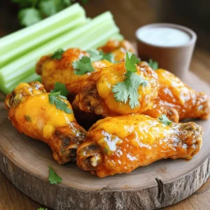 - Chicken Wings: Use 2 pounds of fresh chicken wings for the best flavor. - Buffalo Sauce: Choose a classic buffalo sauce or make your own for a personal touch. - Mango Twist: A ripe mango adds a fresh, sweet flavor and balances the heat of the sauce. - Additional Seasonings: You will need honey, soy sauce, apple cider vinegar, garlic powder, onion powder, salt, and pepper. - Garnishes and Serving Suggestions: Fresh cilantro, celery sticks, and ranch or blue cheese dressing make perfect accompaniments. Using fresh ingredients makes a big difference in taste. The mango twist not only adds sweetness but also a nice texture. You can adjust the spice by using different buffalo sauces. If you want more kick, opt for a hotter variety. Feel free to get creative! You can play with the seasonings to match your taste. Enjoy the process, and remember, good food comes from good ingredients. For the complete recipe, check the Full Recipe. 1. Preheat oven and prepare the baking tray First, set your oven to 400°F (200°C). Line a baking sheet with aluminum foil for easy clean-up. Place a wire rack on top. This helps the wings cook evenly and get crispy. 2. Create the zesty marinade from fresh ingredients In a medium bowl, combine one ripe mango, honey, soy sauce, apple cider vinegar, garlic powder, and onion powder. Mix well until everything is smooth. This marinade adds a bright flavor to the wings. 3. Drying and seasoning the wings for crispiness Pat the chicken wings dry with paper towels. This step is key to getting crispy skin. Next, season the wings with salt and pepper. This simple step brings out the best flavor. 1. Marinating process: Time and method Place the wings in a large bowl. Pour half of the mango marinade over them. Toss to coat the wings evenly. Let them marinate for about 15-20 minutes. This allows the flavors to soak in. 2. Baking the wings to perfection: Temperature and timing Arrange the wings in a single layer on the wire rack. Bake them in the preheated oven for 40-45 minutes. Flip them halfway through to ensure even cooking. They should be golden and crisp. 3. Final steps before serving While the wings bake, heat the remaining buffalo sauce in a saucepan over medium-low heat. Add the other half of the mango marinade and stir well. Let it simmer for about 5 minutes. When the wings are ready, toss them in the warm sauce. Serve them hot, garnished with fresh cilantro and celery sticks. Enjoy with ranch or blue cheese dressing for dipping. For the full recipe, check out the detailed instructions. To get crispy buffalo wings, start by drying them well. Use paper towels to remove moisture. This step is key. If the wings are wet, they will not crisp up. You can choose to bake or fry your wings. Baking is healthier and easier. It also lets you use less oil. Frying gives a classic crunch but can be messy. If you bake, use a wire rack. This allows air to flow around the wings, making them crispier. Flavor is important in buffalo wings. You can adjust the seasoning to fit your taste. Do you like it spicy? Add more buffalo sauce. Prefer a milder flavor? Just use less. For a homemade buffalo sauce, mix a few simple ingredients. Combine hot sauce with melted butter for a classic taste. You can also add garlic powder or cayenne for extra kick. Presentation makes your wings look even more appetizing. For parties, arrange the wings on a large platter. Garnish with fresh cilantro for color. Serving celery sticks adds crunch and freshness. Place a small cup of ranch or blue cheese dressing in the middle. This makes it easy for guests to dip. A great presentation makes every meal more fun! {{image_2}} You can change up the classic buffalo wings with new flavors. Try BBQ sauce for a sweet twist. Teriyaki sauce adds a nice Asian flair. Garlic parmesan sauce gives a rich, buttery taste. Each sauce brings its own fun to the table. You can also experiment with different marinades. A citrus marinade with lime or lemon brightens the taste. You might like a spicy jerk marinade for a kick. Each new flavor makes your wings exciting and fresh. Buffalo wings shine when paired with tasty sides. Celery sticks are a must for crunch. Carrot sticks add color and sweetness. Serve with ranch or blue cheese dressing for dipping. You can also think outside the box for sides. Try serving wings with fries, onion rings, or even a salad. For drinks, a cold beer is classic. Lemonade or iced tea can balance the heat, too. Explore these variations to keep your buffalo wings fun and tasty. For a full recipe, check out the detailed instructions provided above. To keep your buffalo chicken wings fresh, you can refrigerate or freeze them. - Refrigeration: Place the cooled wings in an airtight container. They will stay good for up to four days. - Freezing: For longer storage, freeze the wings in a freezer-safe bag or container. They can last up to six months. When you want to eat the leftovers, it’s important to reheat them properly. The best way is to use an oven. Preheat it to 350°F (175°C). Place the wings on a baking sheet and heat for 10-15 minutes. This method keeps them crispy. Avoid using a microwave, as it can make them soggy. Buffalo chicken wings are best when fresh, but they can last a while in the fridge. - Fridge: They are safe to eat for up to four days. - Signs of Spoilage: Look for any off smells, slimy texture, or discoloration. If you notice any of these, it’s best to throw them away. Enjoy your wings while they’re fresh, but storing them correctly helps you enjoy leftovers too. For an easy guide on making the perfect buffalo chicken wings, check the Full Recipe. Buffalo chicken wings are crispy, spicy chicken parts. They come from Buffalo, New York. They are deep-fried and then coated in a hot sauce. The sauce usually has a mix of cayenne pepper, vinegar, and butter. These wings are popular for parties and sports events. Yes, you can prepare buffalo wings ahead of time. Cook the wings and let them cool. Store them in the fridge for up to two days. When you're ready, reheat them in the oven. Set your oven to 350°F (175°C) and bake for about 15-20 minutes. This keeps them crispy and hot. Buffalo wings can be gluten-free, but watch the sauce. Many store-bought sauces have gluten. Check the label to be sure. You can also make your own sauce using gluten-free ingredients. This way, it's safe for those who need to avoid gluten. Serve buffalo wings hot and crispy. Pair them with celery sticks for crunch. Offer ranch or blue cheese dressing for dipping. You can also add a side of extra buffalo sauce for those who want more heat. This makes for a fun and tasty spread. For the full recipe, check out the details above. Buffalo chicken wings are a tasty treat. This guide covered the right ingredients, detailed steps, and helpful tips. You learned how to bake wings for crispiness and enhance flavors to match your taste. Explore variations with different sauces and sides to keep things fun. Don't forget about storage and reheating tips for leftovers. Enjoy making your delicious wings, and share them with friends for a great time. With this guide, you can be confident in your cooking and impress everyone with your skills!