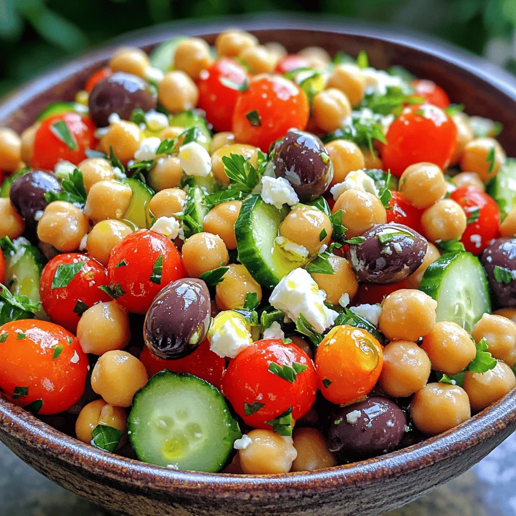 To make a vibrant Mediterranean chickpea salad, gather these fresh ingredients: - 1 can (15 oz) chickpeas, drained and rinsed - 1 cup cherry tomatoes, halved - 1 cucumber, diced - 1/2 red onion, finely chopped - 1/2 cup kalamata olives, pitted and sliced - 1/4 cup fresh parsley, chopped - 1/4 cup feta cheese, crumbled (optional) - 3 tablespoons extra virgin olive oil - 2 tablespoons lemon juice - 1 teaspoon dried oregano - Salt and pepper to taste This salad shines with every ingredient. The chickpeas add protein and fiber. Cherry tomatoes bring sweetness and color. The cucumber adds crunch. Red onion gives a sharp bite, while olives add a salty depth. Fresh parsley brightens the dish. The feta cheese is optional but makes it richer. You can tweak this recipe to suit your taste. Try adding bell peppers or avocado for a twist. For a vegan version, skip the feta. Use more herbs or spices to change the flavor profile. For the complete recipe, check out the Full Recipe. Enjoy creating this healthy and flavorful dish! To make your Mediterranean Chickpea Salad, follow these simple steps. 1. First, get a large mixing bowl. Add the drained chickpeas, halved cherry tomatoes, diced cucumber, finely chopped red onion, sliced kalamata olives, and chopped parsley. Mix them well. This step combines all the fresh tastes. 2. If you like feta cheese, sprinkle it over the salad. This gives a nice creamy touch. 3. Next, take a small bowl for the dressing. In it, whisk together the extra virgin olive oil, lemon juice, dried oregano, salt, and pepper. Whisking helps blend the flavors well. 4. Pour the dressing over the salad mixture. Gently toss everything to coat. Be careful not to mash the ingredients. 5. Let the salad sit for at least 15 minutes. This time helps the flavors blend and taste better. 6. You can serve the salad chilled or at room temperature. Enjoy it with your meal or as a snack! These steps help you create a healthy and flavorful dish. I encourage you to check out the Full Recipe for more details on this delightful salad. To make your Mediterranean chickpea salad pop, try adding a few extra touches. Here are some ideas: - Dressings: You can use tahini sauce or a yogurt dressing. They add creaminess and flavor. - Spices: Try adding cumin or smoked paprika. These spices bring warmth and depth to the dish. - Serving Suggestions: Serve the salad with pita bread or on a bed of greens. It makes a great meal or side dish. Balancing flavors is key. You want a mix of salty, sweet, and tangy. Taste as you go. If it’s too salty, add more lemon juice. If it’s too tangy, a bit of honey can help. While making this salad, avoid a few common pitfalls: - Overcooking Ingredients: Make sure your chickpeas are just drained, not cooked. You want them firm and fresh. - Skipping the Resting Time: Letting the salad sit for at least 15 minutes helps flavors blend. Don’t skip this step! - Not Tasting: Always taste before serving. You may need more salt or lemon juice. If your salad seems dry, add a splash more olive oil. If it’s too tangy, a pinch of sugar can balance it out. Enjoy your Mediterranean chickpea salad with confidence! You can find the Full Recipe above for step-by-step guidance. {{image_2}} You can switch up the vegetables in your Mediterranean chickpea salad. Try using bell peppers or shredded carrots instead of cucumbers. If you want some extra protein, add grilled chicken or tuna. For a vegan option, skip the feta cheese. If you need a gluten-free salad, you’re already good to go since all main ingredients are gluten-free. When it comes to dressings, you can mix things up. Try balsamic vinegar for a sweeter taste. Or use apple cider vinegar for a tangy twist. A bit of tahini can add creaminess too. Think about making themed versions of this salad. You can add roasted red peppers and artichokes for a fun Mediterranean twist. Consider using fresh herbs like mint or dill for a unique flavor. Seasonal variations are also a great idea. In summer, use fresh corn and ripe peaches. In fall, add roasted sweet potatoes and pomegranate seeds for a colorful touch. Adjusting the ingredients keeps your Mediterranean chickpea salad fresh and exciting every time! To keep your Mediterranean Chickpea Salad fresh, store it in an airtight container. This helps prevent it from drying out or absorbing odors. If you have leftovers, make sure to chill them in the fridge right away. The salad stays good for about 3 to 5 days. For meal prep, consider making a larger batch. You can divide it into single servings for easy lunches. Just remember to add any toppings, like feta cheese, right before you eat. This keeps everything fresh. This salad is best served cold or at room temperature. After storing, give it a good stir before serving. If it seems dry, add a splash of olive oil or lemon juice. This will help revive the flavors. For a fresh taste, try to eat it within a few days. The longer it sits, the softer the veggies become. If you want a crunchy bite, eat it sooner rather than later. Enjoy this salad as a side dish or a main meal! For the full recipe, check out Mediterranean Chickpea Delight. Mediterranean Chickpea Salad is packed with nutrients. One serving has about 200 calories. It provides protein from chickpeas and healthy fats from olive oil. The salad also contains fiber, vitamins, and minerals. Each ingredient adds its own benefits. For example, tomatoes boost your vitamin C, while cucumbers keep you hydrated. Yes, you can prepare this salad in advance. It actually tastes better after sitting for a while. You can make it a day ahead. Just keep it in the fridge. This helps the flavors blend well. Before serving, give it a quick toss to mix everything. You can store leftover salad in the fridge for about 3 days. Use an airtight container to keep it fresh. If you added feta cheese, it may change texture after a day. If you want to keep it longer, leave out the cheese and add it right before serving. For the full recipe, check out the Mediterranean Chickpea Delight. In this post, I shared how to make a delicious Mediterranean Chickpea Salad. We looked at the essential ingredients, step-by-step prep, and tips for flavor and storage. I emphasized avoiding common mistakes and offered ideas for variations and substitutions. With these details, you can enjoy a fresh, tasty salad that suits your needs. Use this guide to explore flavors and make it your own. Enjoy your meal and share it with others!