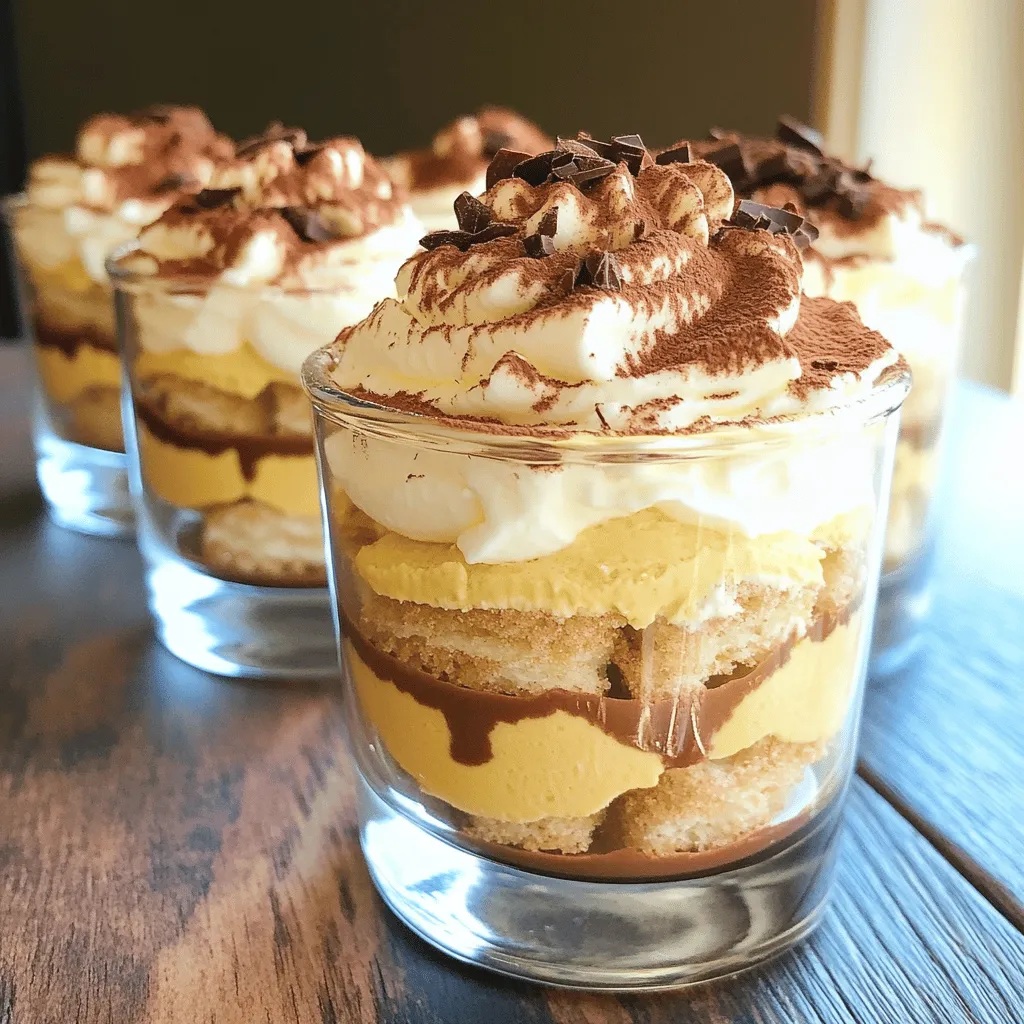 To make delicious Mini Tiramisu Cups, gather these simple ingredients: - 1 cup mascarpone cheese - 1 cup heavy whipping cream - 1/2 cup powdered sugar - 1 teaspoon vanilla extract - 1 cup strong brewed coffee, cooled - 1 tablespoon cocoa powder for dusting - 12 ladyfinger cookies (savoiardi) - Dark chocolate shavings for garnish (optional) Each ingredient plays a key role in the flavor and texture of the dessert. The mascarpone cheese adds creaminess, while the heavy whipping cream gives it a light, airy feel. Powdered sugar sweetens the mix, and vanilla enhances the overall taste. Strong brewed coffee is essential for that classic tiramisu flavor. Ladyfingers act as the base, soaking up the coffee without losing their shape. Finally, cocoa powder gives a rich finish, with chocolate shavings adding elegance. You can find the full recipe and instructions online. Enjoy crafting these delightful treats! Start by gathering your ingredients. In a mixing bowl, combine mascarpone cheese, heavy whipping cream, powdered sugar, and vanilla extract. Use an electric mixer to whip the mixture. Mix until you see soft peaks form. This is the perfect texture for your cream. It should be fluffy and smooth. Next, take your ladyfinger cookies. Arrange them neatly in a shallow dish. Pour your cooled coffee into a small bowl. Quickly dip each side of the ladyfingers into the coffee. Make sure they soak well, but do not let them fall apart. You want them soft, but still holding their shape. Now it’s time to build your mini tiramisu cups. Take your soaked ladyfingers and add them to the bottom of mini cups. Then spoon half of the mascarpone mixture over the ladyfingers. Use a spatula to smooth it out. Repeat the layering with the rest of the ladyfingers and the mascarpone mixture. Make sure your layers are even and neat. For the finishing touch, dust the top layer with cocoa powder. If you like, add some dark chocolate shavings on top for extra flair. Finally, chill the mini tiramisu cups in the fridge for at least two hours. This resting time helps the flavors blend together. For the full recipe, check out the main ingredients and instructions above. To whip cream to soft peaks, start with cold equipment. Use a chilled bowl and beaters. Pour the heavy cream into the bowl and beat it on medium speed. Stop when the cream thickens and forms soft peaks. This process takes only a few minutes. Avoid over-whipping or the cream may turn to butter. When soaking ladyfingers, dip each side quickly in the cooled coffee. Don't let them sit too long. If you soak them too much, they will fall apart. You want them moist but still firm. This keeps your layers nice and intact. You can add fun flavors to your tiramisu. Try a splash of coffee liqueur or a hint of orange zest. These small changes can make a big difference. Remember, the chilling time is key. Letting the cups chill for at least two hours helps the flavors mix well. The longer they chill, the better they taste. Serve your mini tiramisu cups in clear glasses. This way, everyone can see the beautiful layers. You can also use small mason jars for a rustic look. For garnishes, dust cocoa powder on top just before serving. Dark chocolate shavings add a nice touch, too. These simple ways to present your dessert make it look even more special. {{image_2}} You can easily change the taste of mini tiramisu cups. Adding flavored extracts or liqueurs gives fun twists. For a classic taste, use coffee liqueur. Want something fruity? Try adding orange or almond extract. Each flavor brings a unique vibe to your dessert. You can make mini tiramisu cups healthier. Substitute mascarpone cheese and cream with Greek yogurt. This gives you a lighter version with less fat. Another trick is to use sugar substitutes like stevia or monk fruit. They sweeten your dessert without the extra calories. If you need a gluten-free dessert, you can still enjoy mini tiramisu cups. Look for gluten-free ladyfingers or make your own. Almond flour works great for a homemade version. You won’t miss the gluten, and everyone can join in on the fun. To keep your mini tiramisu cups fresh, store them in the fridge. Use an airtight container or cover them tightly with plastic wrap. This helps prevent any odors from other foods affecting their taste. These cups last in the fridge for about 3 days. After that, the ladyfingers may get too soft. Can mini tiramisu cups be frozen? Yes, they can be frozen! However, I recommend freezing them before you add the cocoa powder and chocolate shavings. This keeps the toppings looking nice. To freeze, place the cups in a single layer in a freezer-safe container. They can last up to 2 months in the freezer. For thawing, move the cups to the fridge for about 4 hours before serving. This method keeps the flavors intact and prevents sogginess. Once thawed, add the cocoa powder and chocolate shavings to finish them off. Enjoy your delightful dessert! You can find the full recipe for these mini tiramisu cups above. Mini Tiramisu Cups need to chill for at least 2 hours. This time helps the flavors blend well. If you can wait longer, that’s even better! Chilling overnight gives a rich taste and creamy texture. Yes, you can use instant coffee. However, the taste may be different. Brewed coffee has a deeper flavor. Instant coffee can taste a bit flat. If you choose instant, mix it strong. Use about 2 tablespoons of instant coffee with 1 cup of hot water for a rich flavor. For serving Mini Tiramisu Cups, small glasses or dessert cups work best. You want clear cups to show off the layers. They should hold about 4 to 6 ounces. This size is perfect for a sweet treat. You can also use small jars for a fun look. This mini tiramisu recipe is easy and fun to make. You learned how to create the cream mixture, soak the ladyfingers, and layer everything in cups. I shared tips to help you whip cream correctly and add great flavors. You also found variations to suit different diets. Store your treats in the fridge or freeze them for later. Enjoy your delicious mini tiramisu cups! They will impress and delight anyone who tries them.