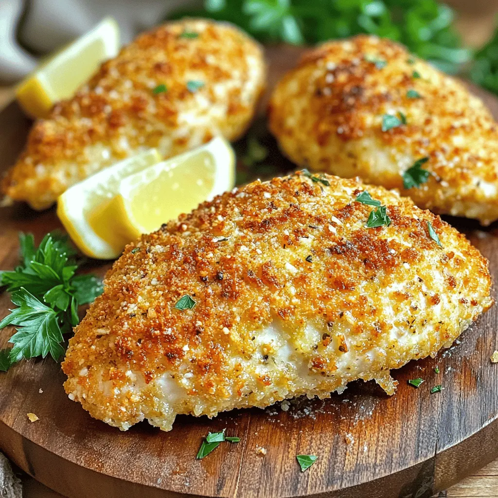 To make Air Fryer Parmesan Crusted Chicken, you need simple and tasty ingredients. Here’s what you will need: - 4 boneless, skinless chicken breasts - 1 cup grated Parmesan cheese - 1 cup breadcrumbs (preferably panko) - 2 teaspoons garlic powder - 1 teaspoon onion powder - 1 teaspoon dried Italian herbs (oregano, basil, thyme) - 2 large eggs - Salt and pepper to taste - Cooking spray (olive oil or avocado oil) Each ingredient plays a key role. The chicken breasts provide the main protein. The Parmesan cheese gives a rich, nutty flavor and a great crunch. Panko breadcrumbs add extra crispiness to the dish, making it truly delightful. The garlic and onion powder enhance the taste, while the Italian herbs bring freshness. Eggs help the coating stick to the chicken, creating that perfect crust. Lastly, salt and pepper bring out all the flavors. You can find the full recipe for more details on how to prepare this delicious dish. 1. Preheat the air fryer: Set your air fryer to 400°F (200°C) and let it heat for about 5 minutes. This step helps to ensure even cooking and a crispy crust. 2. Prepare the egg wash: In a shallow bowl, whisk together 2 large eggs with a pinch of salt and pepper. This mixture will help the coating stick to the chicken. 3. Mix the Parmesan coating: In another shallow dish, combine 1 cup of grated Parmesan cheese, 1 cup of breadcrumbs, 2 teaspoons of garlic powder, 1 teaspoon of onion powder, and 1 teaspoon of dried Italian herbs. Stir until well mixed. This will be your crunchy coating. 1. Seasoning the chicken: Take 4 boneless, skinless chicken breasts and pat them dry with paper towels. Season both sides with salt and pepper. This adds flavor to the chicken. 2. Coating in egg mixture: Dip each chicken breast into the egg wash. Make sure each piece is fully coated. Let any extra egg mixture drip off. 3. Coating in Parmesan breadcrumb mixture: Next, dredge each chicken breast in the Parmesan mixture. Press down gently to make sure the coating sticks well. Repeat this for all chicken pieces. 1. Arranging chicken in the air fryer: Lightly spray the air fryer basket with cooking spray. Place the coated chicken breasts in a single layer. Avoid crowding the basket. If needed, cook in batches. 2. Cooking times and flipping: Air fry the chicken for 12 to 15 minutes. Flip the chicken halfway through cooking. This helps it brown evenly. Check for an internal temperature of 165°F (75°C) to ensure it is fully cooked. Enjoy the crispy, cheesy goodness of your air fryer Parmesan crusted chicken! For detailed cooking times and tips, refer to the Full Recipe. To achieve the perfect crunch, use panko breadcrumbs. They are lighter and crispier. Make sure to coat the chicken well in both the egg and breadcrumb mixtures. This gives a nice thick crust. Check for doneness by using a meat thermometer. The chicken should reach 165°F (75°C) for safety. If you don't have a thermometer, cut into the thickest part. The meat should be white and juices should run clear. For plating your dish, serve the chicken on a large platter. Garnish with fresh parsley or basil for color. Adding lemon wedges gives a nice zesty touch. Ideal side dishes include a fresh salad or roasted veggies. You can also serve it with pasta for a heartier meal. The best air fryers for this recipe are models with a basket design. These allow for even cooking and crispiness. Choose one with adjustable temperature settings. For easy cleaning, line the air fryer basket with parchment paper. This helps catch crumbs and makes cleanup a breeze. After cooking, wipe the basket with a damp cloth. {{image_2}} You can easily swap ingredients to match your taste. For cheese, try mozzarella or cheddar. These options give a different flavor while still tasting great. If you need gluten-free choices, use gluten-free breadcrumbs. Almond flour can also work well for a crunchy texture. Want to spice things up? Add cayenne pepper or paprika for heat. A little goes a long way. For a fresh twist, try mixing in herbs like rosemary or parsley. This adds layers of flavor that make each bite exciting. If you don't have an air fryer, you can bake the chicken in the oven. Preheat it to 400°F (200°C). Prepare the chicken as you would for the air fryer. Place it on a baking sheet lined with parchment paper. Bake for 20-25 minutes, flipping halfway through. This method also produces a nice crispy crust. For the full recipe, see the main article. To store leftover chicken, let it cool to room temperature first. Place it in an airtight container. This helps keep the chicken fresh and tasty. I recommend using glass or BPA-free plastic containers. They seal well and do not absorb odors. Label the container with the date to keep track of freshness. To reheat the chicken, use your air fryer. Set it to 350°F (175°C) for about 5-7 minutes. This method keeps the chicken crispy. If you do not have an air fryer, you can use an oven. Preheat the oven to 350°F (175°C) and heat for about 10-12 minutes. Check that the chicken is heated through and reaches 165°F (75°C) for safety. If you want to freeze your chicken, wrap each piece in plastic wrap. Then, place them in a freezer bag. This protects the chicken from freezer burn. When you want to eat it, take the chicken out and thaw it in the fridge overnight. This method keeps the chicken juicy and delicious. Cook air fryer chicken for 12-15 minutes at 400°F. Flip the chicken halfway for even cooking. Use a meat thermometer to ensure it reaches 165°F. This ensures the chicken is safe to eat and juicy inside. Yes, you can use chicken thighs. They stay moist and have great flavor. Just adjust the cooking time slightly. Thighs may need an extra minute or two. Always check the internal temperature for safety. Many sauces work well with air fryer Parmesan crusted chicken. Here are some favorites: - Marinara sauce for a classic touch. - Honey mustard for sweetness. - Ranch dressing for creaminess. - Garlic aioli for a bold flavor. Each sauce adds a unique twist to your meal. Try different ones to find your favorite! In this blog post, we explored how to make delicious Parmesan crusted chicken in an air fryer. We covered all the steps, from preparing the ingredients to cooking and serving. I shared tips for getting a perfect crunch and suggested ways to store leftovers. Think of this chicken as a canvas. You can adjust flavors and textures to fit your taste. I hope you feel excited to try this recipe and enjoy every bite. Happy cooking!