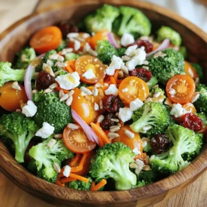 - 2 cups fresh broccoli florets - 1 cup cherry tomatoes, halved - 1/2 cup shredded carrots - 1/4 cup red onion, thinly sliced - 1/2 cup sunflower seeds, toasted - 1/4 cup dried cranberries - 1/3 cup Greek yogurt - 2 tablespoons extra virgin olive oil - 1 tablespoon apple cider vinegar - 1 teaspoon honey - Salt and pepper to taste I love the bright colors in this Broccoli Bliss Salad. The fresh ingredients make it feel alive. Broccoli is the star here. It packs a punch of vitamins. Cherry tomatoes add sweetness. Shredded carrots give a nice crunch. The red onion adds a bit of zing. Toasted sunflower seeds bring a nutty flavor. Dried cranberries add a touch of tartness. The dressing is creamy yet light. Greek yogurt makes it rich without being heavy. You can find the full recipe at the end. It’s easy and quick to prepare. Gather these ingredients, and let's get started on this delightful salad! Start by blanching the broccoli florets. Bring a pot of water to a boil. Add 2 cups of fresh broccoli florets and cook them for 2-3 minutes. The florets should turn a bright green. Drain the broccoli and shock it in ice water. This stops the cooking and keeps it crisp. After a few minutes, drain again and pat dry with a towel. Now, let’s mix the salad. In a large bowl, combine the blanched broccoli, 1 cup of halved cherry tomatoes, 1/2 cup of shredded carrots, 1/4 cup of thinly sliced red onion, 1/2 cup of toasted sunflower seeds, 1/4 cup of dried cranberries, and 1/2 cup of crumbled feta cheese. In a separate bowl, whisk together 1/3 cup of Greek yogurt, 2 tablespoons of extra virgin olive oil, 1 tablespoon of apple cider vinegar, 1 teaspoon of honey, salt, and pepper until smooth. Pour this dressing over your salad mix. Toss the salad gently with your hands or a spatula. This ensures every ingredient gets coated with the dressing. Chill the salad in the fridge for 15-20 minutes. This waiting time helps all the flavors blend well. Serve it cold and enjoy your fresh and tasty Broccoli Bliss Salad! Check out the Full Recipe for more details. To make your Broccoli Bliss Salad shine, start with blanching. Blanching keeps the broccoli bright and crisp. Here’s how to do it: - Boil water in a pot. - Add broccoli florets for 2-3 minutes. - Transfer the broccoli to ice water right away. This process stops the cooking and locks in color. Always use fresh ingredients for the best taste. Fresh veggies are key to a vibrant salad. The dressing can make or break your salad. For a tasty dressing, mix these: - Greek yogurt - Olive oil - Apple cider vinegar - Honey Whisk them until smooth. Taste your dressing and adjust the salt and pepper. A little seasoning goes a long way. Serving your salad well makes a big difference. Use a large, colorful bowl to show off the bright greens and reds. You can add decorative elements like extra sunflower seeds or cranberries on top. This adds a nice touch and invites people to dig in. For the full recipe, check out the Broccoli Bliss Salad. {{image_2}} You can change up the cheese in this salad. If you want a dairy-free option, try vegan cheese. It melts well and adds creaminess. You can also swap sunflower seeds for pumpkin seeds. Pumpkin seeds add a nice crunch and a hint of nutty flavor. Boost the protein in your Broccoli Bliss Salad by adding cooked chicken or tofu. Cooked chicken gives a hearty touch. If you prefer plant-based protein, tofu is a great choice. Just cube it and toss it in. You can also mix in some beans, like chickpeas or black beans. They add fiber and keep you full longer. Change the dressing to fit your taste. A simple vinaigrette can work wonders. Use olive oil, vinegar, and your favorite herbs. If you like creamier options, try ranch or Caesar dressing. You can also add spices like garlic powder or paprika for extra flavor. This lets you customize the salad to your liking. For more ideas, check out the Full Recipe for dressing tips! To keep your Broccoli Bliss Salad fresh, use airtight containers. This helps lock in moisture and flavor. Refrigerate the salad as soon as you finish making it. If you have leftovers, store them right away. Keep the dressing separate if possible. This prevents the salad from getting soggy. To keep ingredients fresh: - Rinse the broccoli and tomatoes before using, but dry them well. - Store the salad in the fridge for up to three days. - Avoid cutting the veggies too small if you plan to store them. The salad lasts about three days in the fridge. After that, the veggies may lose their crunch. You will notice a change in color and texture. If the broccoli turns yellow or slimy, it is no longer good. Check for other signs, like: - A sour smell - Excess moisture in the container - Wilting of the greens You can make Broccoli Bliss Salad ahead of time for the week. It's great for quick lunches or snacks. Prepare the salad on Sunday and enjoy it all week long. For easy meals: - Portion the salad into individual containers. - Add the dressing in a small separate container to keep it fresh. - Use labels to track dates, so you know when to eat it. This makes meal planning simple and fun. Enjoy your healthy salad every day! Yes, you can make Broccoli Bliss Salad ahead of time. I suggest you store it in the fridge for up to three days. To keep the flavors fresh, I recommend adding the dressing right before serving. This way, the salad stays crisp and bright. Absolutely! This salad is great for meal prep. You can portion it into containers for easy lunches. Keep the dressing separate in small jars to avoid sogginess. This practice helps maintain the freshness of the salad. Broccoli is a superfood packed with nutrients. It is high in vitamins C and K. These vitamins are great for your immune system and bone health. The other ingredients also add benefits. Cherry tomatoes are rich in antioxidants, while sunflower seeds provide healthy fats and protein. To make this salad gluten-free, check the ingredients. The feta cheese and honey are usually gluten-free. However, avoid any dressings that may contain gluten. You can easily substitute with gluten-free yogurt or vinegar. This keeps your salad safe and delicious. In summary, we explored how to create a vibrant Broccoli Bliss Salad. We covered fresh ingredients like broccoli, tomatoes, and carrots, along with pantry staples such as nuts and cranberries. You learned step-by-step instructions to prepare and mix it all together. We also discussed tips for texture, flavor enhancement, and even storage techniques. This salad is not only tasty but also packed with nutrients. Feel free to customize it to suit your taste. Enjoy making and sharing your own delicious version!