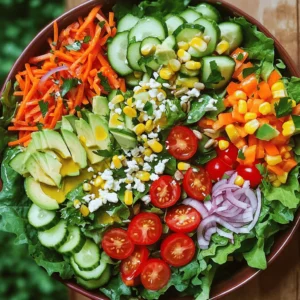 - 2 cups mixed greens (spinach, arugula, and romaine) - 1 cup cherry tomatoes, halved - 1 cup cucumber, diced - 1 cup red bell pepper, diced - 1 cup shredded carrots - 1 cup sweet corn (fresh or canned) - 1 avocado, sliced - 1/2 cup red onion, finely sliced - 1/4 cup feta cheese, crumbled - 1/4 cup sunflower seeds - 1/4 cup fresh parsley, chopped - 3 tablespoons olive oil - 2 tablespoons apple cider vinegar - 1 tablespoon honey - 1 teaspoon Dijon mustard - Salt and pepper to taste You can add more toppings to make your salad shine. Consider adding nuts, seeds, or fresh herbs. These can boost flavor and crunch. You might also try different cheeses or beans. Each choice adds a new twist to the classic recipe. Feel free to explore unique flavors that suit your taste. This salad is a canvas, and you are the artist! Check out the Full Recipe for all the details. To start, I take a large salad bowl and layer 2 cups of mixed greens as the base. I like to use a mix of spinach, arugula, and romaine for great taste and texture. Next, I arrange the vegetables artistically on top of the greens. I start with 1 cup of halved cherry tomatoes. Their bright color adds a fun touch. Then, I add 1 cup of diced cucumber and 1 cup of diced red bell pepper. These add crunch and freshness. After that, I sprinkle on 1 cup of shredded carrots and 1 cup of sweet corn. This gives the salad a lovely rainbow look. To finish off the base, I place sliced avocado on top. The avocado adds creaminess and makes it feel special. For the dressing, I grab a small bowl and mix together 3 tablespoons of olive oil, 2 tablespoons of apple cider vinegar, and 1 tablespoon of honey. I also add 1 teaspoon of Dijon mustard. This mix gives the dressing a balance of sweet and tangy flavors. To make sure the dressing is smooth, I whisk it well. I taste it and add salt and pepper to suit my liking. If I want a creamier dressing, I can add a bit more olive oil. Just before serving, I drizzle the dressing over the salad. It's important to do this right before serving so the greens stay crisp. After drizzling, I gently toss the salad. I want to make sure every bite is coated in that delicious dressing. For serving, I like to garnish with 1/4 cup of crumbled feta cheese and 1/4 cup of sunflower seeds. These add great flavor and crunch. I also sprinkle fresh parsley on top for a pop of color. This salad looks and tastes amazing! You can find the Full Recipe for more detailed steps. To make your salad burst with taste, try adding fun ingredients. Here are some ideas: - Nuts: Walnuts or almonds can add crunch. - Fruits: Slices of apple or orange can bring sweetness. - Herbs: Fresh basil or mint can lift the flavor. Seasoning is key. I suggest using a pinch of salt and a dash of pepper. You can also add a squeeze of lemon for brightness. Experiment with spices like cumin or paprika for a twist. A beautiful salad is always more exciting to eat. Here are some ways to make it pop: - Layering: Use a clear bowl to show off the colors. - Garnishes: Sprinkle fresh herbs on top for a fresh look. - Serving: Use individual bowls for each person. Add a slice of lemon or lime on the side for fun. For a unique touch, serve the salad in a hollowed-out cucumber or bell pepper. This makes for a great centerpiece at any meal. {{image_2}} You can easily change the ingredients in this salad. If you have dietary needs, swap out items. For a vegan option, replace feta cheese with avocado or tofu. If you want gluten-free options, this salad is already safe! Seasonal ingredients can also add fresh flavors. In summer, try peaches or strawberries. In fall, add roasted squash or apples. These changes keep your salad exciting and fun. Dressings can change the flavor of your salad. A few easy alternatives are balsamic vinaigrette or a creamy yogurt dressing. Both bring a new twist to your meal. When choosing a dressing, think about the salad's ingredients. Use tangy dressings with sweet fruits. For a rich taste, creamy dressings pair well with crunchy veggies. Mixing and matching can create a new family favorite! For the full recipe, check out the Family Favorite Crunchy Rainbow Salad. To store leftovers, place the salad in an airtight container. This keeps it fresh longer. If you have dressing left, store it separately. This prevents sogginess. Keep ingredients fresh by prepping them properly. Wash and dry the vegetables before storing. Use paper towels to absorb excess moisture. It helps keep your greens crisp. For meal prep, chop veggies and store them in separate containers. This way, you can mix them when ready to serve. It makes the salad feel fresh. The salad stays fresh for about two days in the fridge. After that, the greens may wilt. To enjoy the best taste, consume within the first day. You can find the full recipe for this delightful salad above. It’s simple and perfect for family meals! Can I make this salad ahead of time? Yes, you can make this salad a few hours before serving. Just keep the dressing separate. This way, the greens stay fresh and crisp. When you are ready to eat, drizzle the dressing and toss the salad. It will taste just as great! What can I substitute for feta cheese? If you need a feta substitute, try crumbled goat cheese or cotija. These cheeses offer a similar texture and tangy flavor. You can also use a dairy-free cheese if you prefer a plant-based option. How do I make salad dressings without oil? You can make oil-free dressings using yogurt or mashed avocado as a base. For a tangy touch, add lemon juice or vinegar. Also, blend in herbs or spices to boost flavor. This keeps your dressings light and fresh. What are some good add-ins for a salad? You can add many tasty items to your salad. Nuts, seeds, or dried fruit can add crunch and sweetness. Grains like quinoa or farro make it hearty. Try adding beans for protein, or fruits like apples or berries for a sweet twist. This blog post guided you through the art of crafting a delicious salad. You learned about fresh ingredients and how to create a tasty dressing. We discussed tips for enhancing flavors and ways to present your salad nicely. You can customize your salad for special diets and store it effectively for freshness. With these ideas, making salads will be fun and easy. Enjoy creating your perfect bowl of greens and flavors!