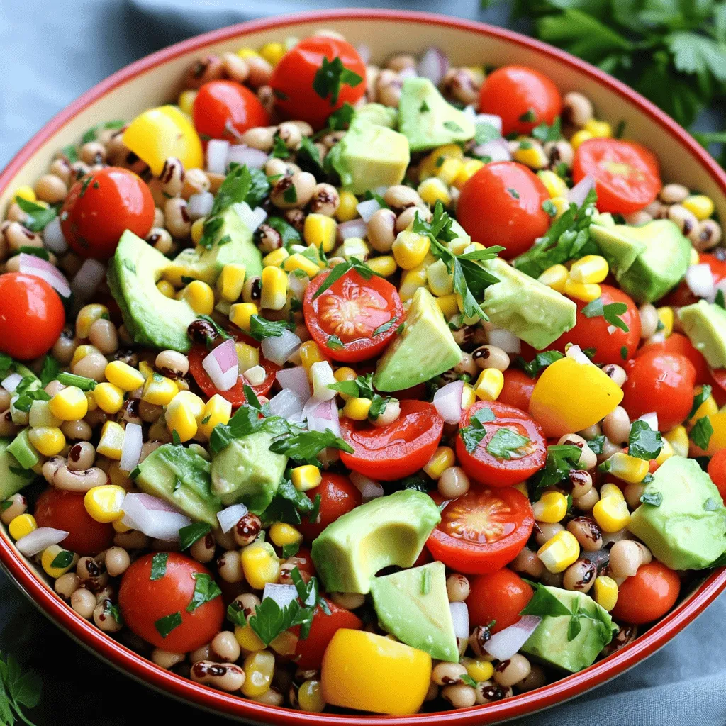 - 2 cups cooked black-eyed peas (canned or boiled) - 1 cup cherry tomatoes, halved - 1 small red onion, finely diced - 1 yellow bell pepper, diced - 1 cup fresh corn kernels (about 2 ears) - 1 avocado, diced - 1/4 cup fresh parsley, chopped - 1 tablespoon olive oil - 2 tablespoons apple cider vinegar - 1 teaspoon Dijon mustard - Salt and black pepper to taste You can use other beans if you can't find black-eyed peas. Great options include pinto beans or kidney beans. Seasonal vegetables like diced cucumbers or shredded carrots can add a nice crunch to your salad. To make this salad, you will need: - Mixing bowls - Whisk - Measuring cups Using the right tools makes your cooking easier and helps you achieve the best results. Enjoy creating this vibrant dish for New Year's luck with the Full Recipe! To start, you need black-eyed peas. You can choose canned peas or dried ones. If you use canned peas, rinse them well under cold water. This helps remove extra salt. Drain them after rinsing. If you prefer dried peas, soak them overnight. Then, cook them in boiling water until they are tender. This method gives you great flavor and texture. Next, it’s time to mix the salad. Grab a large mixing bowl. First, add the cooked black-eyed peas. Then, follow with cherry tomatoes, diced red onion, yellow bell pepper, corn, avocado, and parsley. Adding them in this order helps keep each ingredient intact. This way, you get a nice mix of colors and tastes. Now, let’s make the dressing. In a small bowl, whisk together olive oil, apple cider vinegar, Dijon mustard, salt, and black pepper. Whisking well helps mix the oil and vinegar. This creates a smooth dressing. The goal is to emulsify it, making it creamy and rich. It’s time to combine everything. Pour the dressing over the salad mixture. Gently toss the ingredients together with a spatula. Be careful not to mash the avocado or tomatoes. They add great textures. For the best flavor, let the salad chill for about 30 minutes. This resting time helps the flavors blend and enhances the taste. You can serve the salad cold or at room temperature. Enjoy this delightful dish for your New Year's celebration! For the full recipe, refer to the recipe section above. Letting the salad rest is a great way to boost its flavor. When you let it sit for about 30 minutes, the ingredients can mingle. This time helps the flavors blend and makes every bite taste better. You can prepare the salad early in the day. Just store it in the fridge until you are ready to serve. Serving in colorful bowls makes your salad pop! Bright bowls can attract eyes and excite guests. Use a big bowl for family-style serving or individual bowls for a fancy touch. You can garnish the salad with extra parsley or a few whole cherry tomatoes on top. This adds color and makes it look more appealing. Pairing your black-eyed pea salad with New Year's dishes can make your meal feel complete. It goes well with roasted meats or baked fish. You can also serve it with cornbread or collard greens for a true Southern feast. This salad is not just tasty; it brings good luck and joy to your table. For the full recipe, check out the detailed steps above! {{image_2}} You can easily add proteins to your black-eyed pea salad. For a heartier meal, consider grilled chicken. Dice it up and mix it in. If you prefer a meat-free option, try adding beans like chickpeas or kidney beans. Both will boost protein and flavor. Switching up flavors can make your salad exciting. For a Mediterranean twist, include feta cheese, olives, and fresh herbs like basil or oregano. If you're in the mood for Southwestern flavors, add diced jalapeños, cilantro, and a squeeze of lime. These changes can add a whole new taste to your dish. This salad is easy to adapt for different diets. To make it vegan, simply leave out any cheese and use a vegan dressing. For a gluten-free option, check your dressing ingredients to ensure they are gluten-free. This salad can fit many dietary needs while still being delicious. To store your black-eyed pea salad, place it in the fridge right after serving. This keeps it fresh and safe to eat. Use a clean spoon to scoop out portions. This prevents bacteria from getting into the salad. If you have leftovers, make sure to cover the bowl with a lid or plastic wrap. Use an airtight container for the best results. These containers keep air out, which helps maintain freshness. If you use a non-airtight container, the salad may dry out fast. Glass containers are great because they do not hold odors or stains. If you want to see the salad, clear plastic containers work well. The salad lasts about three to five days in the fridge. If you notice any signs of spoilage, like a strange smell or color change, toss it out. For the best taste, eat it within the first two days. This way, you enjoy all the fresh flavors from the Full Recipe. Black-eyed peas are seen as lucky in many cultures. In the South, people eat them on New Year's Day. This tradition comes from African American history. The peas symbolize wealth and good fortune. Eating them is a way to invite prosperity into the new year. Many believe that the more you eat, the more luck you'll have. This belief makes black-eyed peas a must-have for celebrations. Yes, you can make this salad ahead of time! Preparing it a few hours before serving enhances the flavors. Just store it in the fridge. To keep the salad fresh, add the avocado right before serving. If you want to prep even earlier, chop the veggies and store them separately. This way, everything stays crisp and tasty. This salad works well with many dishes. You can serve it with cornbread for a Southern twist. Grilled meats like chicken or pork are great options too. For a lighter meal, enjoy it with fish. You could also add some rice or quinoa for a filling plate. This salad adds a fresh touch to any festive meal. Making this recipe vegan is simple! The ingredients are mostly plant-based already. Just check your mustard for any egg products. Use maple syrup instead of honey if you want a sweet touch. You can also add extra veggies like bell peppers or cucumbers. This way, you keep the flavor and make it delicious for everyone. For the full recipe, check out the details above. This blog post covered a vibrant black-eyed pea salad recipe and its many variations. We explored key ingredients, tips for preparation, and storage recommendations. Remember, this salad is not only tasty but also brings good luck. You can add proteins or seasonal veggies to suit your taste. With these simple steps, you can serve a colorful, delicious dish for any occasion. Enjoy making this salad and share it with friends and family for a delightful meal!