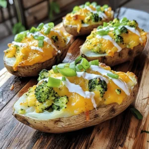 - 4 large russet potatoes - 2 cups broccoli florets, steamed and chopped - 1 cup shredded sharp cheddar cheese - 1/2 cup cream cheese, softened - 1/4 cup sour cream - 2 tablespoons butter, melted - 1 teaspoon garlic powder - Salt and pepper to taste - 1/4 cup green onions, chopped (for garnish) When making Melty Magic Broccoli-Stuffed Twice-Baked Potatoes, it all starts with fresh ingredients. You will need four large russet potatoes. They are starchy and perfect for baking. Next, grab two cups of steamed and chopped broccoli florets. Broccoli adds a nice crunch and great nutrition. For a cheesy delight, use one cup of sharp cheddar cheese. It brings a rich flavor and melts beautifully. You will also need half a cup of softened cream cheese. This makes the filling creamy and smooth. A quarter cup of sour cream helps add tanginess to the mix. Next, add two tablespoons of melted butter. It adds richness to the filling. One teaspoon of garlic powder gives it a delicious kick. Don't forget salt and pepper to taste; they bring all the flavors together. Finally, for a pop of color, use a quarter cup of chopped green onions as a garnish. These potatoes are not only tasty but also packed with nutrients. One serving contains about 320 calories. This includes 14 grams of protein, 16 grams of fat, and 34 grams of carbs. Broccoli is a standout ingredient in this recipe. It is low in calories and high in vitamins. It contains vitamins C and K, making it great for your immune system and bones. Plus, it has fiber that aids digestion. Enjoying these potatoes gives you a tasty way to eat your veggies! For the complete recipe, check the [Full Recipe]. First, you need to preheat your oven to 400°F (200°C). This step is essential for baking the potatoes evenly. While the oven heats up, scrub the russet potatoes to clean them. Then, prick a few holes in each potato using a fork. This helps steam escape during baking. Place the potatoes directly on the oven rack. Bake them for about 45 to 55 minutes. You want them tender all the way through. Once the potatoes are cooked, let them cool for a few minutes. Cut off the tops of each potato. Be sure to keep the skins intact. Next, scoop out the insides into a mixing bowl. Make sure to leave a bit of potato in the skins for structure. Now, add the steamed and chopped broccoli, shredded cheddar cheese, cream cheese, sour cream, melted butter, garlic powder, salt, and pepper to the bowl. Mix everything until it is smooth and well-combined. Now it’s time to fill the potato skins. Spoon the broccoli and cheese mixture back into the skins. Don’t be shy—mound it slightly over the top. This gives a nice presentation. Place the stuffed potatoes back in the oven for another 15 to 20 minutes. Bake them until the tops are golden and slightly crispy. Once done, take them out and let them cool for a few minutes. You can then garnish with chopped green onions before serving. For the full recipe, check out the details above. To avoid undercooked potatoes, choose large russet potatoes. They bake evenly and hold their shape. Before baking, scrub them clean. Prick holes with a fork to let steam escape. Bake for 45-55 minutes at 400°F (200°C). To check doneness, pierce with a fork; it should slide in easily. For creamy stuffing, use softened cream cheese and sour cream. This helps create a smooth mix. Mix the insides of the potatoes with the broccoli and cheese thoroughly. If your filling feels too thick, add a splash of milk or more sour cream. This keeps it light and fluffy. When serving, place the stuffed potatoes on a rustic wooden board. This gives an inviting look. For a pop of color, drizzle sour cream on top. You can also sprinkle some chopped green onions for a fresh touch. Arrange them neatly, and watch your guests smile! {{image_2}} You can easily change this recipe to fit your taste. First, let’s talk about cheese. Instead of sharp cheddar, try mozzarella, gouda, or even feta. Each cheese brings a unique flavor. You can mix two or more types for extra creaminess. Next, consider using other vegetables. While broccoli shines here, you can try spinach, kale, or even roasted bell peppers. Each option will change the taste and add color to your dish. If you need to make this dish gluten-free, it’s simple. Just ensure your cheese and sour cream are gluten-free. Most brands fit this need. You can also use gluten-free flour if you want to thicken the filling. For vegan adaptations, swap the cheese for plant-based versions. Use vegan cream cheese and sour cream, too. Nutritional yeast can add a cheesy flavor without dairy. You’ll still enjoy that melty goodness! For the full recipe, check out the Melty Magic Broccoli-Stuffed Twice-Baked Potatoes. To keep your Melty Magic Broccoli-Stuffed Twice-Baked Potatoes fresh, follow these tips: - Best practices for refrigeration: Let the potatoes cool completely before putting them in the fridge. Store them in an airtight container. This keeps the potatoes moist and prevents them from drying out. They should last about 3-4 days in the fridge. - How to freeze stuffed potatoes: If you want to save them longer, freezing is a great option. Wrap each potato tightly in plastic wrap, then in foil. This protects them from freezer burn. You can freeze them for up to 3 months. When ready to eat, let them thaw overnight in the fridge. When you're ready to enjoy your leftovers, here are the best ways to reheat them: - Best methods to retain texture and flavor: The oven is the best choice for reheating. It warms the potatoes evenly and keeps the filling creamy. You can also use a microwave for a quick option, but it may make the skin a bit soggy. - Time and temperature guidelines for reheating: If using the oven, preheat it to 350°F (175°C). Place the potatoes on a baking sheet and heat for about 20-25 minutes. For the microwave, heat on medium power for 2-3 minutes, checking halfway through. Enjoy your delicious stuffed potatoes! To check if your potatoes are done, use a fork. Insert it into the potato; it should slide in easily. If you feel resistance, give them more time in the oven. A fully cooked potato will feel soft and tender. Yes, you can make these potatoes ahead of time! After baking, let them cool and wrap them in plastic wrap. Store them in the fridge for up to two days. When ready, just reheat them in the oven at 350°F (175°C) until warm. This way, you save time on busy days. These stuffed potatoes pair well with many side dishes. Consider a simple green salad for freshness. You can also serve steamed veggies or a light soup. For a heartier meal, try grilled chicken or fish. These options balance the creamy, cheesy goodness of the potatoes. This article guides you through making Melty Magic Broccoli-Stuffed Twice-Baked Potatoes. We covered ingredients, baking steps, and tips to achieve the best results. I shared ways to modify the recipe for different diets and gave advice on storing leftovers. In the end, this dish is tasty, healthy, and versatile. Enjoy this fun way to eat broccoli, and impress your family and friends with your cooking skills.