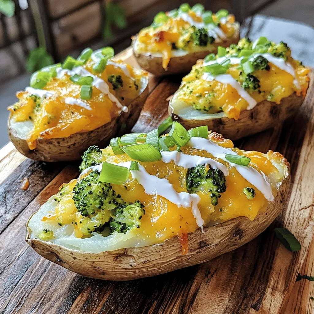 - 4 large russet potatoes - 2 cups broccoli florets, steamed and chopped - 1 cup shredded sharp cheddar cheese - 1/2 cup cream cheese, softened - 1/4 cup sour cream - 2 tablespoons butter, melted - 1 teaspoon garlic powder - Salt and pepper to taste - 1/4 cup green onions, chopped (for garnish) When making Melty Magic Broccoli-Stuffed Twice-Baked Potatoes, it all starts with fresh ingredients. You will need four large russet potatoes. They are starchy and perfect for baking. Next, grab two cups of steamed and chopped broccoli florets. Broccoli adds a nice crunch and great nutrition. For a cheesy delight, use one cup of sharp cheddar cheese. It brings a rich flavor and melts beautifully. You will also need half a cup of softened cream cheese. This makes the filling creamy and smooth. A quarter cup of sour cream helps add tanginess to the mix. Next, add two tablespoons of melted butter. It adds richness to the filling. One teaspoon of garlic powder gives it a delicious kick. Don't forget salt and pepper to taste; they bring all the flavors together. Finally, for a pop of color, use a quarter cup of chopped green onions as a garnish. These potatoes are not only tasty but also packed with nutrients. One serving contains about 320 calories. This includes 14 grams of protein, 16 grams of fat, and 34 grams of carbs. Broccoli is a standout ingredient in this recipe. It is low in calories and high in vitamins. It contains vitamins C and K, making it great for your immune system and bones. Plus, it has fiber that aids digestion. Enjoying these potatoes gives you a tasty way to eat your veggies! For the complete recipe, check the [Full Recipe]. First, you need to preheat your oven to 400°F (200°C). This step is essential for baking the potatoes evenly. While the oven heats up, scrub the russet potatoes to clean them. Then, prick a few holes in each potato using a fork. This helps steam escape during baking. Place the potatoes directly on the oven rack. Bake them for about 45 to 55 minutes. You want them tender all the way through. Once the potatoes are cooked, let them cool for a few minutes. Cut off the tops of each potato. Be sure to keep the skins intact. Next, scoop out the insides into a mixing bowl. Make sure to leave a bit of potato in the skins for structure. Now, add the steamed and chopped broccoli, shredded cheddar cheese, cream cheese, sour cream, melted butter, garlic powder, salt, and pepper to the bowl. Mix everything until it is smooth and well-combined. Now it’s time to fill the potato skins. Spoon the broccoli and cheese mixture back into the skins. Don’t be shy—mound it slightly over the top. This gives a nice presentation. Place the stuffed potatoes back in the oven for another 15 to 20 minutes. Bake them until the tops are golden and slightly crispy. Once done, take them out and let them cool for a few minutes. You can then garnish with chopped green onions before serving. For the full recipe, check out the details above. To avoid undercooked potatoes, choose large russet potatoes. They bake evenly and hold their shape. Before baking, scrub them clean. Prick holes with a fork to let steam escape. Bake for 45-55 minutes at 400°F (200°C). To check doneness, pierce with a fork; it should slide in easily. For creamy stuffing, use softened cream cheese and sour cream. This helps create a smooth mix. Mix the insides of the potatoes with the broccoli and cheese thoroughly. If your filling feels too thick, add a splash of milk or more sour cream. This keeps it light and fluffy. When serving, place the stuffed potatoes on a rustic wooden board. This gives an inviting look. For a pop of color, drizzle sour cream on top. You can also sprinkle some chopped green onions for a fresh touch. Arrange them neatly, and watch your guests smile! {{image_2}} You can easily change this recipe to fit your taste. First, let’s talk about cheese. Instead of sharp cheddar, try mozzarella, gouda, or even feta. Each cheese brings a unique flavor. You can mix two or more types for extra creaminess. Next, consider using other vegetables. While broccoli shines here, you can try spinach, kale, or even roasted bell peppers. Each option will change the taste and add color to your dish. If you need to make this dish gluten-free, it’s simple. Just ensure your cheese and sour cream are gluten-free. Most brands fit this need. You can also use gluten-free flour if you want to thicken the filling. For vegan adaptations, swap the cheese for plant-based versions. Use vegan cream cheese and sour cream, too. Nutritional yeast can add a cheesy flavor without dairy. You’ll still enjoy that melty goodness! For the full recipe, check out the Melty Magic Broccoli-Stuffed Twice-Baked Potatoes. To keep your Melty Magic Broccoli-Stuffed Twice-Baked Potatoes fresh, follow these tips: - Best practices for refrigeration: Let the potatoes cool completely before putting them in the fridge. Store them in an airtight container. This keeps the potatoes moist and prevents them from drying out. They should last about 3-4 days in the fridge. - How to freeze stuffed potatoes: If you want to save them longer, freezing is a great option. Wrap each potato tightly in plastic wrap, then in foil. This protects them from freezer burn. You can freeze them for up to 3 months. When ready to eat, let them thaw overnight in the fridge. When you're ready to enjoy your leftovers, here are the best ways to reheat them: - Best methods to retain texture and flavor: The oven is the best choice for reheating. It warms the potatoes evenly and keeps the filling creamy. You can also use a microwave for a quick option, but it may make the skin a bit soggy. - Time and temperature guidelines for reheating: If using the oven, preheat it to 350°F (175°C). Place the potatoes on a baking sheet and heat for about 20-25 minutes. For the microwave, heat on medium power for 2-3 minutes, checking halfway through. Enjoy your delicious stuffed potatoes! To check if your potatoes are done, use a fork. Insert it into the potato; it should slide in easily. If you feel resistance, give them more time in the oven. A fully cooked potato will feel soft and tender. Yes, you can make these potatoes ahead of time! After baking, let them cool and wrap them in plastic wrap. Store them in the fridge for up to two days. When ready, just reheat them in the oven at 350°F (175°C) until warm. This way, you save time on busy days. These stuffed potatoes pair well with many side dishes. Consider a simple green salad for freshness. You can also serve steamed veggies or a light soup. For a heartier meal, try grilled chicken or fish. These options balance the creamy, cheesy goodness of the potatoes. This article guides you through making Melty Magic Broccoli-Stuffed Twice-Baked Potatoes. We covered ingredients, baking steps, and tips to achieve the best results. I shared ways to modify the recipe for different diets and gave advice on storing leftovers. In the end, this dish is tasty, healthy, and versatile. Enjoy this fun way to eat broccoli, and impress your family and friends with your cooking skills.