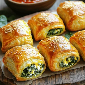 To make cheesy spinach puffs, gather the ingredients needed for this tasty treat. You will mix fresh greens with creamy cheeses, wrap them in flaky pastry, and bake until golden and crispy. It's a simple dish that packs a big flavor punch. Here is the list of the main items you need: - 1 cup fresh spinach, chopped - 1 cup ricotta cheese - 1 cup shredded mozzarella cheese - 1/2 cup grated Parmesan cheese - 1/4 teaspoon garlic powder - 1/4 teaspoon onion powder - Salt and pepper to taste - 1 sheet of puff pastry, thawed - 1 egg, beaten (for egg wash) These ingredients come together to create a rich and cheesy filling. You can customize your spinach puffs by adding these extras: - Sesame seeds (optional, for garnish) - Chopped herbs like parsley or dill for extra flavor - Cooked onions or garlic for a savory kick Feel free to mix and match these add-ins to create your perfect cheesy spinach puffs. First, gather your ingredients. You will need: - 1 cup fresh spinach, chopped - 1 cup ricotta cheese - 1 cup shredded mozzarella cheese - 1/2 cup grated Parmesan cheese - 1/4 teaspoon garlic powder - 1/4 teaspoon onion powder - Salt and pepper to taste - 1 sheet of puff pastry, thawed - 1 egg, beaten (for egg wash) - Sesame seeds (optional, for garnish) Next, preheat your oven to 400°F (200°C). Line a baking sheet with parchment paper. In a large bowl, mix the chopped spinach, ricotta, mozzarella, Parmesan, garlic powder, onion powder, salt, and pepper. Stir until everything is well combined. Now, roll out the puff pastry on a floured surface. Cut it into 3-inch squares. You should get about 9 to 12 squares. Place a tablespoon of the spinach and cheese mix in the center of each pastry square. Fold the corners of each square toward the middle. Pinch the corners together to seal them. If they don’t stick, add a little water to help. Brush the tops of the puffs with the beaten egg. This gives them a golden color when baked. If you want, sprinkle sesame seeds on top for extra crunch. Bake the puffs in your preheated oven for 15 to 20 minutes. They should turn golden brown and puff up nicely. When done, take them out and let them cool a bit before serving. For a fun touch, serve them with marinara sauce or a fresh herb dip. For the full recipe, you can check out the details above. Enjoy your cheesy spinach puffs! To make your puff pastry shine, keep it cold. Warm pastry sticks and loses its puffy charm. Roll it out gently on a floured surface. Cut it into even squares for uniform baking. Ensure you seal each puff well by pinching the corners. A little water helps them stick. This way, the filling won’t escape while baking. You can boost flavor in many ways. Try adding herbs like basil or dill for freshness. A bit of lemon zest gives a bright note. If you like spice, add a pinch of red pepper flakes. You can also mix in cooked mushrooms or sun-dried tomatoes for depth. Each addition personalizes your puffs and makes them uniquely yours. Serve your cheesy spinach puffs warm for the best taste. They pair well with marinara sauce or a yogurt dip. For a colorful touch, garnish with fresh parsley or chives. Arrange them on a nice platter for parties. Guests will love the tasty bites. These puffs are perfect for any gathering or as a snack. For the full recipe, check the earlier section! {{image_2}} You can make Cheesy Spinach Puffs a bit healthier. Try using whole wheat puff pastry. It adds fiber and taste. You can also swap ricotta for cottage cheese. This change cuts fat while keeping the creamy texture. For a lighter option, use Greek yogurt instead of some cheese. This way, you keep the flavor but reduce calories. Mixing flavors can make your puffs unique. Add some sun-dried tomatoes for a burst of flavor. Chopped artichokes also bring a nice touch. If you like spice, try adding a pinch of red pepper flakes. Fresh herbs like basil or dill can brighten the taste. Experimenting with these flavors can create your own signature puffs. Cheese is key in Cheesy Spinach Puffs. While mozzarella and ricotta are great, you can switch things up. Use feta cheese for a tangy kick. Goat cheese adds a creamy and bold flavor. For a sharper taste, swap Parmesan for aged cheddar. Mixing different cheeses can give you a delightful surprise in each bite. Check the Full Recipe for the classic combination. Once you make your cheesy spinach puffs, let them cool first. Place them in an airtight container. They stay fresh in the fridge for about 3 days. If you notice any moisture, add a paper towel inside the container. This helps keep them crisp. You can freeze cheesy spinach puffs for later. After baking, let them cool completely. Place them on a baking sheet in a single layer. Freeze for 1-2 hours until firm. Then, transfer them to a freezer bag. They can stay frozen for up to 3 months. This is great for quick snacks! To reheat, preheat your oven to 350°F (175°C). Place the puffs on a baking sheet. Bake for about 10-15 minutes until hot. You can also use an air fryer for a crispier texture. Just heat for 5-7 minutes at 350°F (175°C). Enjoy them warm for the best taste! Cheesy Spinach Puffs stay fresh for about 3 days in the fridge. Store them in an airtight container. This keeps them from drying out. If you want a crisp bite, reheat them in the oven. The puff pastry will get crunchy again. Yes, you can make Cheesy Spinach Puffs ahead of time! You can prepare them up to a day before your event. Assemble the puffs, but do not bake them yet. Cover and chill them in the fridge. When ready, bake them fresh for 15-20 minutes. This way, they taste warm and delicious. You can try many fun twists on Cheesy Spinach Puffs. Add cooked bacon or ham for extra flavor. Swap the cheeses, too. Try feta or goat cheese for a different taste. You can also add herbs like dill or parsley for fresh notes. Explore your options and find what you love best! You learned what goes into making Cheesy Spinach Puffs, from key ingredients to optional add-ins. We covered step-by-step cooking and baking tips to get them just right. Remember, achieving the perfect puff pastry takes practice. You can explore healthier and tastier variations to suit your taste. Store them well to keep them fresh, and reheating is easy. With these tips, you can impress anyone. Enjoy making these snacks and share them with family and friends!