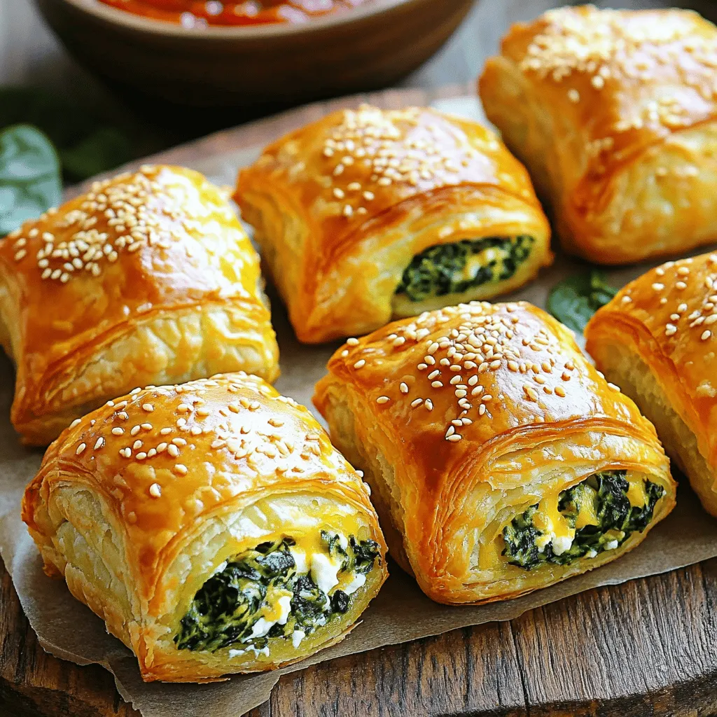 To make cheesy spinach puffs, gather the ingredients needed for this tasty treat. You will mix fresh greens with creamy cheeses, wrap them in flaky pastry, and bake until golden and crispy. It's a simple dish that packs a big flavor punch. Here is the list of the main items you need: - 1 cup fresh spinach, chopped - 1 cup ricotta cheese - 1 cup shredded mozzarella cheese - 1/2 cup grated Parmesan cheese - 1/4 teaspoon garlic powder - 1/4 teaspoon onion powder - Salt and pepper to taste - 1 sheet of puff pastry, thawed - 1 egg, beaten (for egg wash) These ingredients come together to create a rich and cheesy filling. You can customize your spinach puffs by adding these extras: - Sesame seeds (optional, for garnish) - Chopped herbs like parsley or dill for extra flavor - Cooked onions or garlic for a savory kick Feel free to mix and match these add-ins to create your perfect cheesy spinach puffs. First, gather your ingredients. You will need: - 1 cup fresh spinach, chopped - 1 cup ricotta cheese - 1 cup shredded mozzarella cheese - 1/2 cup grated Parmesan cheese - 1/4 teaspoon garlic powder - 1/4 teaspoon onion powder - Salt and pepper to taste - 1 sheet of puff pastry, thawed - 1 egg, beaten (for egg wash) - Sesame seeds (optional, for garnish) Next, preheat your oven to 400°F (200°C). Line a baking sheet with parchment paper. In a large bowl, mix the chopped spinach, ricotta, mozzarella, Parmesan, garlic powder, onion powder, salt, and pepper. Stir until everything is well combined. Now, roll out the puff pastry on a floured surface. Cut it into 3-inch squares. You should get about 9 to 12 squares. Place a tablespoon of the spinach and cheese mix in the center of each pastry square. Fold the corners of each square toward the middle. Pinch the corners together to seal them. If they don’t stick, add a little water to help. Brush the tops of the puffs with the beaten egg. This gives them a golden color when baked. If you want, sprinkle sesame seeds on top for extra crunch. Bake the puffs in your preheated oven for 15 to 20 minutes. They should turn golden brown and puff up nicely. When done, take them out and let them cool a bit before serving. For a fun touch, serve them with marinara sauce or a fresh herb dip. For the full recipe, you can check out the details above. Enjoy your cheesy spinach puffs! To make your puff pastry shine, keep it cold. Warm pastry sticks and loses its puffy charm. Roll it out gently on a floured surface. Cut it into even squares for uniform baking. Ensure you seal each puff well by pinching the corners. A little water helps them stick. This way, the filling won’t escape while baking. You can boost flavor in many ways. Try adding herbs like basil or dill for freshness. A bit of lemon zest gives a bright note. If you like spice, add a pinch of red pepper flakes. You can also mix in cooked mushrooms or sun-dried tomatoes for depth. Each addition personalizes your puffs and makes them uniquely yours. Serve your cheesy spinach puffs warm for the best taste. They pair well with marinara sauce or a yogurt dip. For a colorful touch, garnish with fresh parsley or chives. Arrange them on a nice platter for parties. Guests will love the tasty bites. These puffs are perfect for any gathering or as a snack. For the full recipe, check the earlier section! {{image_2}} You can make Cheesy Spinach Puffs a bit healthier. Try using whole wheat puff pastry. It adds fiber and taste. You can also swap ricotta for cottage cheese. This change cuts fat while keeping the creamy texture. For a lighter option, use Greek yogurt instead of some cheese. This way, you keep the flavor but reduce calories. Mixing flavors can make your puffs unique. Add some sun-dried tomatoes for a burst of flavor. Chopped artichokes also bring a nice touch. If you like spice, try adding a pinch of red pepper flakes. Fresh herbs like basil or dill can brighten the taste. Experimenting with these flavors can create your own signature puffs. Cheese is key in Cheesy Spinach Puffs. While mozzarella and ricotta are great, you can switch things up. Use feta cheese for a tangy kick. Goat cheese adds a creamy and bold flavor. For a sharper taste, swap Parmesan for aged cheddar. Mixing different cheeses can give you a delightful surprise in each bite. Check the Full Recipe for the classic combination. Once you make your cheesy spinach puffs, let them cool first. Place them in an airtight container. They stay fresh in the fridge for about 3 days. If you notice any moisture, add a paper towel inside the container. This helps keep them crisp. You can freeze cheesy spinach puffs for later. After baking, let them cool completely. Place them on a baking sheet in a single layer. Freeze for 1-2 hours until firm. Then, transfer them to a freezer bag. They can stay frozen for up to 3 months. This is great for quick snacks! To reheat, preheat your oven to 350°F (175°C). Place the puffs on a baking sheet. Bake for about 10-15 minutes until hot. You can also use an air fryer for a crispier texture. Just heat for 5-7 minutes at 350°F (175°C). Enjoy them warm for the best taste! Cheesy Spinach Puffs stay fresh for about 3 days in the fridge. Store them in an airtight container. This keeps them from drying out. If you want a crisp bite, reheat them in the oven. The puff pastry will get crunchy again. Yes, you can make Cheesy Spinach Puffs ahead of time! You can prepare them up to a day before your event. Assemble the puffs, but do not bake them yet. Cover and chill them in the fridge. When ready, bake them fresh for 15-20 minutes. This way, they taste warm and delicious. You can try many fun twists on Cheesy Spinach Puffs. Add cooked bacon or ham for extra flavor. Swap the cheeses, too. Try feta or goat cheese for a different taste. You can also add herbs like dill or parsley for fresh notes. Explore your options and find what you love best! You learned what goes into making Cheesy Spinach Puffs, from key ingredients to optional add-ins. We covered step-by-step cooking and baking tips to get them just right. Remember, achieving the perfect puff pastry takes practice. You can explore healthier and tastier variations to suit your taste. Store them well to keep them fresh, and reheating is easy. With these tips, you can impress anyone. Enjoy making these snacks and share them with family and friends!