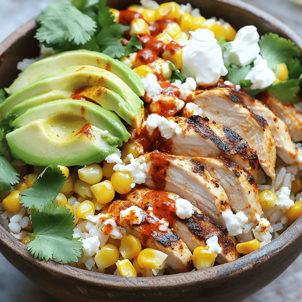 - 1 cup cooked jasmine rice - 2 chicken breasts, grilled and sliced - 1 cup corn kernels (fresh or frozen) - 1 tablespoon olive oil - 1 teaspoon chili powder - 1/2 teaspoon smoked paprika - 1/2 teaspoon garlic powder - Salt and pepper to taste - 1/2 cup crumbled feta cheese - 1 avocado, sliced - 1/4 cup fresh cilantro, chopped - Juice of 1 lime - 1/4 cup sour cream (optional) - 1 tablespoon hot sauce (optional) For this recipe, I focus on fresh, simple ingredients. The jasmine rice serves as a great base. It has a light and fragrant quality. The grilled chicken gives protein and flavor. You can use fresh or frozen corn kernels. Both options work well. The toppings add layers of taste and texture. Olive oil is essential for cooking the corn. It helps achieve a nice char. The spices, like chili powder and smoked paprika, bring heat and depth. Garlic powder adds a nice savory note. Don’t forget salt and pepper for balance. Feta cheese adds a creamy touch. Avocado brings richness and healthy fats. Fresh cilantro brightens the dish. The lime juice gives a zesty finish. If you want to make it extra creamy, add sour cream. Hot sauce can add a fun kick. This Street Corn Chicken Rice Bowl is colorful and vibrant. It is perfect for any meal. You can find the full recipe at the end of this article. Enjoy creating this flavorful delight! - Heat 1 tablespoon of olive oil in a skillet over medium-high heat. - Add 1 cup of corn kernels to the skillet. Cook until they are slightly charred. This takes about 4-5 minutes. - Season the corn with 1 teaspoon of chili powder, 1/2 teaspoon of smoked paprika, 1/2 teaspoon of garlic powder, and salt and pepper to taste. Stir and cook for an additional 2 minutes. Remove from heat and set aside. - In a bowl, layer the cooked jasmine rice as your base. You need 1 cup of jasmine rice. - Add the grilled chicken. Use 2 chicken breasts, grilled and sliced. Then, add the charred corn on top. - Finish this layer with sliced avocado and 1/2 cup of crumbled feta cheese. - Squeeze the juice of 1 lime over the bowl for a fresh kick. - Sprinkle with 1/4 cup of fresh cilantro, chopped for added flavor. - If you like, add dollops of 1/4 cup of sour cream and drizzle with 1 tablespoon of hot sauce for extra zest. This is how you create a Street Corn Chicken Rice Bowl full of flavor. Enjoy your vibrant meal! For the complete recipe, check out the [Full Recipe]. To grill chicken well, start with even thickness. This helps it cook evenly. You can pound the chicken breasts to achieve this. Marinate the chicken for extra flavor. A mix of lime juice, olive oil, and spices works great. Grill over medium heat for about 6-7 minutes per side. Use a meat thermometer to check for doneness. The internal temperature should reach 165°F. Let the chicken rest before slicing. This keeps it juicy and tender. When choosing corn, fresh is best, but frozen works too. If using fresh corn, strip the kernels from the cob. For frozen corn, thaw it first. To get a good char, heat olive oil in a skillet over medium-high heat. Add the corn and let it sit without stirring for a few minutes. This allows it to brown nicely. Season the corn with chili powder, smoked paprika, and garlic powder for a burst of flavor. This dish pairs well with lime wedges and a fresh salad. You can also serve it with tortilla chips for a crunch. For drinks, try a light beer or a refreshing lemonade. The bowl is perfect for casual dinners or festive gatherings. It brings bright colors and flavors to any table. Enjoy this meal on a sunny day or during a fun get-together with friends. {{image_2}} You can easily swap out ingredients in your Street Corn Chicken Rice Bowl. For protein, try tofu or shrimp if you want a change. Both options work great with the other flavors. When it comes to cheese, feta is tasty but not your only choice. You can use queso fresco or even a dairy-free cheese. Both will still give you that creamy texture. Want more flavor? Add some spices! You can use cayenne pepper or smoked paprika for extra heat. A pinch of cumin will also give it a nice twist. Homemade sauces can take your bowl to the next level. Try mixing yogurt with lime juice and garlic for a fresh taste. Or make a spicy salsa to drizzle on top. Both options add great zing. If you want a vegan option, replace chicken with grilled jackfruit or chickpeas. Both are hearty and soak up flavors well. For cheese, skip the feta and try avocado or a nut-based cream. It gives a rich, creamy touch without the dairy. For creamy toppings, use cashew cream or a simple tahini sauce. Store your Street Corn Chicken Rice Bowl in an airtight container. This keeps the flavors fresh. Place it in the fridge right after serving. It can last for about three days. After that, the taste and texture may change. When you want to enjoy your leftovers, heat them in the microwave. Use a microwave-safe bowl. Cover it with a damp paper towel to keep moisture in. Heat for one to two minutes, checking often. This helps keep the rice tender and the chicken juicy. Yes, you can freeze this dish! To freeze, pack the bowl in a freezer-safe container. Make sure to leave some space for expansion. It will stay good for up to three months. When you're ready to eat, thaw it in the fridge overnight. Reheat it in the microwave or on the stove. This keeps most of the flavors intact. You can easily tailor this dish to fit your needs. For dietary preferences, try these options: - Protein swaps: Use tofu or shrimp instead of chicken. - Grains: Replace jasmine rice with quinoa or brown rice. - Vegan options: Skip the chicken and cheese for a plant-based meal. You can also add extra ingredients for fun flavors: - Beans: Black beans or pinto beans add protein. - Veggies: Bell peppers, jalapeños, or zucchini can boost nutrition. - Nuts and seeds: Add pumpkin seeds or chopped nuts for crunch. Pair your bowl with sides that balance the meal: - Salad: A simple green salad with lime vinaigrette complements the bowl. - Chips: Serve tortilla chips for a satisfying crunch. - Street corn: Grilled corn on the cob brings extra flavor. For drinks, consider these refreshing beverages: - Margaritas: A classic choice that adds fun. - Lemonade: Sweet and tart lemonade cools the palate. - Iced tea: Unsweetened iced tea pairs well with the spices. To boost the heat, try these methods: - Hot sauce: Drizzle your favorite hot sauce on top. - Spices: Add cayenne pepper or red pepper flakes while cooking. - Jalapeños: Toss in fresh or pickled jalapeños for extra kick. Some recommended hot sauces are: - Sriracha: A perfect blend of heat and garlic flavor. - Chipotle sauce: Smoky and spicy for depth. - Tobasco: A classic hot sauce that adds vinegar zing. For the full recipe, check the main article. Enjoy your cooking adventure! This blog post covered how to make a tasty Street Corn Chicken Rice Bowl. You learned the key ingredients like grilled chicken, jasmine rice, and charred corn. The step-by-step guide helps you prepare and assemble the bowl easily. Tips for grilling chicken and customizing the dish add value. Remember, cooking should be fun and creative. Enjoy experimenting with flavors and toppings to make it your own!