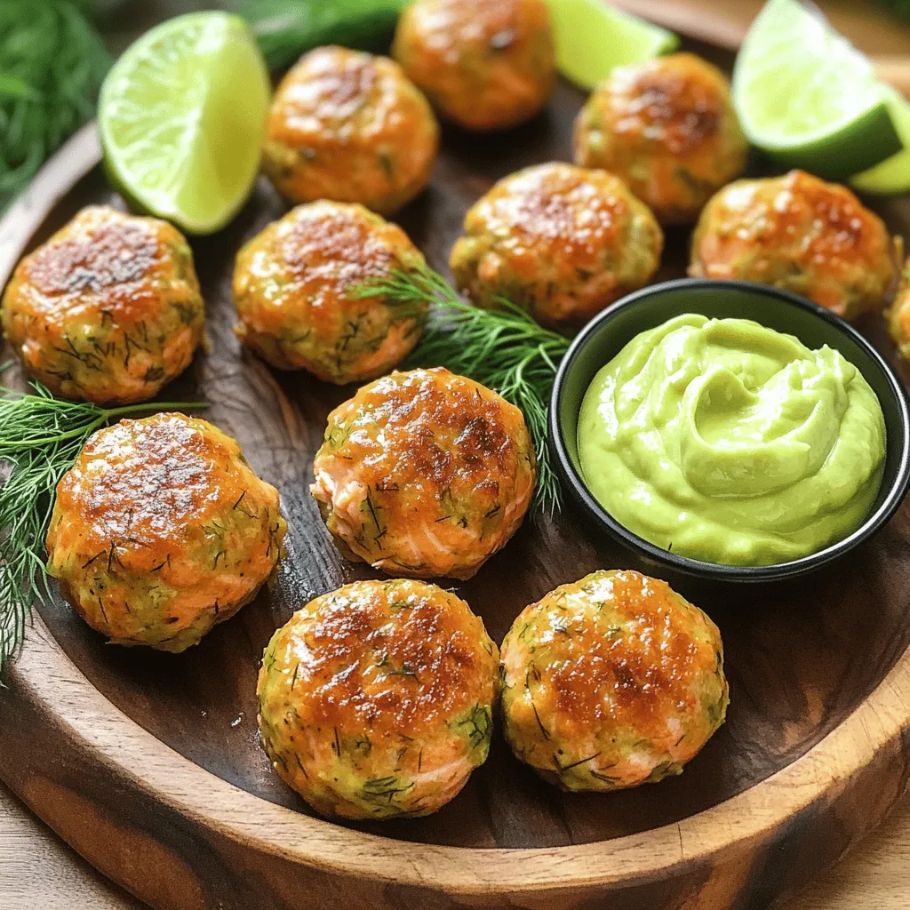 - 1 lb fresh salmon fillet - 1 medium avocado - 2 cloves garlic - 1/2 cup breadcrumbs - 1/4 cup grated Parmesan cheese - 1 egg - 1 tablespoon fresh dill - 1 teaspoon lemon zest - Salt and pepper to taste - 1/2 cup Greek yogurt - 1 tablespoon lime juice - 1 tablespoon chopped cilantro To make salmon meatballs, you need fresh and dry ingredients. The salmon fillet gives a lovely taste. Use a medium avocado for the creamy sauce. Garlic adds great flavor. For the dry mix, breadcrumbs help bind the meatballs. The Parmesan cheese adds a salty kick. The egg works as a binder, too. Seasonings bring everything together. Fresh dill gives a nice herb taste. Lemon zest adds brightness. Salt and pepper balance the flavors. For the creamy avocado sauce, Greek yogurt makes it rich. Lime juice adds a zesty touch. Chopped cilantro brings freshness. These ingredients make a delightful dish. You can find the full recipe for salmon meatballs with creamy avocado sauce at the end. To start, you need to pulse the salmon in a food processor. Cut the salmon into smaller pieces for easy blending. Pulse until the salmon is finely chopped but not pureed. This gives the meatballs a nice texture. Next, combine the ingredients in a mixing bowl. Add the chopped salmon, breadcrumbs, Parmesan cheese, egg, garlic, dill, lemon zest, salt, and pepper. Mix everything well. Use your hands to ensure all the ingredients blend nicely. This step is key for flavor. Now, let’s form the meatballs with your hands. Grab some of the mixture and roll it into balls about 1.5 inches in diameter. Place the meatballs on a lined baking sheet. Make sure they have space between them for even cooking. For baking, preheat your oven to 375°F (190°C). Bake the meatballs for 15 to 20 minutes. They should be cooked through and golden brown on the outside. This step ensures a delicious, crispy crust. For the creamy avocado sauce, gather your ingredients. You will need the avocado, Greek yogurt, lime juice, cilantro, and a pinch of salt. Blend everything until smooth. This creates a rich and creamy sauce that pairs perfectly with the salmon meatballs. If it’s too thick, you can add a splash of water to thin it out. Make sure to check out the Full Recipe for complete details! To ensure your meatballs hold together, use cold salmon. Cold fish helps the mixture stay firm. Also, don’t overmix the meatball mixture. Gently combine everything until just blended. This keeps your meatballs tender. For even cooking, shape all meatballs the same size. Aim for about 1.5 inches in diameter. This way, they cook at the same rate. Place them evenly on the baking sheet. Leave space between each one. This allows hot air to circulate. To add flavor to the avocado sauce, try different herbs. You might use basil or parsley for a fresh twist. You could also add a dash of hot sauce for some heat. If you want it creamier, add more Greek yogurt. For a lighter version, add a bit of water. Blend until you reach your desired consistency. This makes the sauce perfect for your taste. Garnish your meatballs with fresh dill. It adds a pop of color and flavor. You can also add lime wedges on the side. This gives a bright look to your dish. For drinks, serve with a light white wine, like Sauvignon Blanc. It pairs well with the flavors. You might also enjoy sparkling water with lime. This keeps your meal fresh and vibrant. For the full recipe, check the detailed instructions provided earlier. {{image_2}} You can change up the protein in these meatballs. Canned salmon works well if you're short on time. Just drain it and mash it before mixing. It saves you prep time and still tastes great. You can also try using other fish, like tuna or cod. Each fish brings its unique flavor. If you prefer poultry, ground chicken or turkey makes a nice substitute. These meats are lean and cook similarly to salmon. Season them well to keep the taste exciting. Mixing in some herbs can add freshness, too. For those who need gluten-free options, replace breadcrumbs with almond flour or crushed gluten-free crackers. Both work well to bind the meatballs. You won't lose flavor, and they still hold together nicely. If you're looking for vegan options, swap out the salmon for mashed chickpeas. They create a hearty base. For the creamy avocado sauce, use silken tofu instead of Greek yogurt. This gives you a rich, creamy texture without dairy. You still get the same smooth, delicious taste. Enhancing flavors can be fun! Try adding spices like paprika or cumin for a kick. Fresh herbs like basil or parsley can shift the taste to a different cuisine. Depending on your mood, you can make these meatballs Italian, Mexican, or even Thai! For toppings, get creative! Serve your meatballs with a sprinkle of feta cheese or a drizzle of sriracha for heat. You can also add a crunchy slaw on the side for texture. Each addition makes your dish unique and exciting. For the full recipe, refer to the earlier section. Store salmon meatballs in an airtight container. This keeps them fresh and tasty. Place them in the fridge for up to three days. If you have leftover creamy avocado sauce, store it separately. Use a sealed container and keep it in the fridge. It stays good for about two days. The sauce may brown slightly, but it’s still safe to eat. To reheat meatballs, use the oven for the best results. Preheat it to 350°F (175°C). Place the meatballs on a baking sheet and heat for about 10 minutes. This warms them through and keeps them moist. For the avocado sauce, reheat it gently on the stove. Use low heat and stir often. This helps it stay creamy. Avoid boiling it, as that can change its texture. You can freeze both the meatballs and the sauce. Place the meatballs in a single layer on a baking sheet. Freeze them for about two hours, then transfer to a freezer bag. This keeps them from sticking together. For the avocado sauce, store it in an airtight container. Write the date on the container. Both items can last for up to three months. To thaw, move the meatballs and sauce to the fridge overnight. Reheat as mentioned earlier, and enjoy your meal! For the full recipe, check out the details above. You can make salmon meatballs in large batches. Mix all your ingredients as usual. Form the meatballs and bake them. Let them cool completely before storing. Place them in airtight containers. They can last in the fridge for up to three days. For longer storage, freeze them. Just reheat when you want to eat! Yes, you can use frozen salmon. First, thaw it in the fridge overnight. Frozen salmon can taste just as good if cooked right. The downside is it may have more moisture. This could make your meatballs a bit soggy. Pat the thawed salmon dry before using it to keep the texture nice. These meatballs pair well with many sides. Try serving them with a fresh salad. Quinoa or brown rice adds a nice touch too. You can also add roasted veggies for extra flavor. A light cucumber salad works wonders. The creamy avocado sauce complements all these sides perfectly. Yes, you can make the avocado sauce beforehand. Store it in an airtight container in the fridge. To keep it fresh, press plastic wrap on the surface before sealing. This helps it stay green and tasty. Use it within two days for the best flavor. Lime juice adds a bright, fresh flavor. It helps balance the creaminess of the avocado. This acidity cuts through richness and enhances taste. Without it, the sauce may taste flat. The lime juice also helps keep the avocado from browning. This keeps your sauce looking fresh and appealing. This blog explored how to make delicious salmon meatballs and a creamy avocado sauce. You learned about fresh and dry ingredients, with tips for perfecting the meatballs and sauce. Variations include different proteins and dietary options. Storing and reheating advice ensures you enjoy leftovers too. Get creative with flavors and enjoy this healthy dish anytime. Happy cooking!