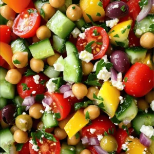 To make a bright and tasty Greek chickpea salad, gather these fresh ingredients: - 1 can (15 oz) chickpeas, drained and rinsed - 1 cup cherry tomatoes, halved - 1 cucumber, diced - 1/2 red onion, finely chopped - 1/2 bell pepper (any color), diced - 1/2 cup Kalamata olives, pitted and halved - 1/3 cup feta cheese, crumbled - 2 tablespoons fresh parsley, chopped - 3 tablespoons olive oil - 2 tablespoons red wine vinegar (or lemon juice for a twist) - 1 teaspoon dried oregano - Salt and pepper to taste This Greek chickpea salad is not just delicious; it is also healthy. A serving provides: - High protein from chickpeas - Fiber for digestion - Healthy fats from olive oil - Vitamins from fresh veggies - Calcium from feta cheese This makes it a great choice for a light meal or a side dish. You can swap ingredients to suit your taste or dietary needs: - Use canned black beans instead of chickpeas for a different flavor. - Try different cheese, like goat cheese, if you dislike feta. - Add avocado for creaminess instead of feta. - Use red wine vinegar or lemon juice based on your preference. - Swap parsley for basil or mint for a fresh twist. These changes will keep your salad exciting and full of flavor! For the complete recipe, check out the [Full Recipe]. Start by gathering all your ingredients. You will need chickpeas, tomatoes, cucumber, red onion, bell pepper, olives, feta cheese, and parsley. In a large bowl, add the drained chickpeas. Next, add the halved cherry tomatoes, diced cucumber, and chopped red onion. Toss in the diced bell pepper and halved olives. Mix these gently to combine. Take a small bowl. Add olive oil, red wine vinegar, dried oregano, salt, and pepper. Whisk these ingredients together. Make sure the dressing is well mixed. Pour this dressing over the salad. Toss gently to coat all the ingredients evenly. Once you have mixed the salad, add crumbled feta cheese and chopped parsley. Fold these in carefully so the feta stays intact. Taste your salad and adjust the seasoning as needed. If you want more flavor, add a bit more salt or lemon juice. Cover the salad and chill it for at least 30 minutes. This helps the flavors blend. Serve it cold or at room temperature for a fresh taste. Enjoy this delightful Greek Chickpea Salad! You can find the Full Recipe for more details. You can prepare Greek chickpea salad a day in advance. This allows the flavors to blend well. Just follow the recipe, then cover and store it in the fridge. The salad stays fresh for up to three days. Just remember to add feta just before serving to keep it crumbly and nice. To boost the taste, try adding more fresh herbs like dill or mint. A splash of lemon juice brightens the salad and gives it a fresh zing. You can even add a pinch of red pepper flakes for some heat. Experiment with different vinegars, too. Apple cider vinegar can add a nice twist. For a stunning presentation, serve the salad in a large bowl with a drizzle of olive oil on top. You can also layer the salad in individual glasses for a fun look. Garnish with extra herbs and a lemon wedge. This makes the dish look vibrant and inviting. Feel free to explore more ideas in the Full Recipe! {{image_2}} Greek chickpea salad is great for everyone. If you want a vegetarian version, just skip the feta cheese. You can use a plant-based feta instead. This keeps the salad tasty and creamy. For a vegan option, use the same plant-based cheese. It helps keep the salad fresh and healthy. You can customize this salad to fit your needs. If you don't like olives, swap them for artichoke hearts or sun-dried tomatoes. These add flavor and texture. If you're watching carbs, leave out the chickpeas. Instead, try diced zucchini or cauliflower. Both options keep the salad light and fresh. Want to make this salad heartier? You can add proteins or grains. Grilled chicken or shrimp works well. If you prefer a plant-based option, add quinoa or farro. They are both nutritious and filling. Just mix them in after you combine the veggies. This way, you get a full meal in one bowl. For the full recipe, check out the details above. To keep your Greek chickpea salad fresh, store it in an airtight container. This helps lock in moisture and flavor. Glass containers work great since they do not hold odors. Always refrigerate the salad after serving. This keeps it safe and tasty. When stored properly, Greek chickpea salad lasts about 3 to 5 days in the fridge. It’s best to eat it within this time frame for the best taste. If you notice any changes in color or smell, it’s best to discard it. Remember, flavors deepen as it sits, so it tastes even better the next day. Freezing Greek chickpea salad is tricky. The texture of fresh veggies can change after thawing. If you must freeze it, try only freezing the chickpeas and dressing. Keep the fresh veggies out until you are ready to serve. When you’re ready, thaw the chickpeas in the fridge overnight. Then, mix in fresh veggies and enjoy! For the full recipe, check out the Greek Chickpea Salad recipe above. You can use goat cheese as a great swap for feta. It has a similar creamy texture. If you want a vegan choice, try crumbled tofu or a vegan feta. Both options will keep your salad tasty and fresh. This salad stays good for about three to five days in the fridge. Just make sure to store it in an airtight container. The flavors blend even better after a day, making it a perfect dish for meal prep. Yes! Feel free to add any veggies you like. Carrots, bell peppers, or even radishes work well. Just chop them small so they mix nicely with the other ingredients. Your salad will be even more colorful and nutritious. Yes, this Greek chickpea salad is naturally gluten-free. Chickpeas are a great source of protein and fiber. You can enjoy this dish without worrying about gluten at all. Serve this salad chilled or at room temperature. It pairs well with grilled meats or as a side for sandwiches. Use a large bowl for sharing or individual plates for a more formal setting. For the full recipe, check out the earlier section. This post covered the key ingredients and steps for making a Greek chickpea salad. I shared tips on flavor enhancement, meal prep, and storage. You can easily adapt this recipe to fit your tastes and dietary needs. Whether you add proteins, swap ingredients, or enjoy it vegetarian, there’s a version for everyone. Remember, making this salad can be simple and fun. Get creative and enjoy the fresh flavors!
