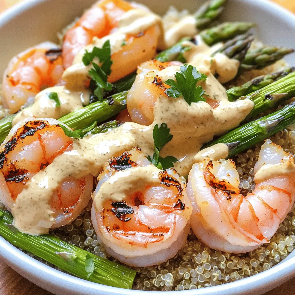 The Grilled Shrimp Bowl with Asparagus features a few key ingredients. Here they are: - 1 lb large shrimp, peeled and deveined - 1 bunch asparagus, trimmed and cut into 2-inch pieces - 3 tablespoons olive oil - 1 cup cooked quinoa (or rice) Using fresh shrimp and asparagus is crucial. Fresh shrimp gives a sweet taste, while asparagus adds a nice crunch. I always choose shrimp that is firm and has a mild scent. The asparagus should be bright green and firm to the touch. Quality ingredients make all the difference in this dish. To make the creamy garlic sauce, you need: - 1/2 cup Greek yogurt - 2 cloves garlic, minced - 1 tablespoon lemon juice - Salt to taste Greek yogurt is a star here. It gives a rich, creamy texture without being too heavy. The fresh garlic adds a bold flavor, making the sauce zing. The lemon juice brightens the sauce and balances the richness. Together, these ingredients create a sauce that you’ll want to drizzle on everything. You can add a few optional ingredients for extra flavor: - Fresh parsley, chopped, for garnish - Paprika for a smoky kick - Chili flakes for heat Feel free to swap the shrimp for chicken or tofu if you have dietary needs. You can also use brown rice instead of quinoa for a different texture. These small changes can make the dish work for you while keeping the taste amazing. 1. Marinate the Shrimp: Start by placing the shrimp in a bowl. Add 1 tablespoon of olive oil, paprika, garlic powder, salt, and pepper. Mix well so the shrimp is coated. Let it sit for 15 minutes. This adds great flavor. 2. Prepare the Asparagus: In a separate bowl, add the asparagus. Drizzle with the remaining 2 tablespoons of olive oil. Sprinkle with salt and pepper. Toss to coat the asparagus evenly. This will help it grill nicely. 1. Grill the Shrimp: Preheat your grill or grill pan to medium-high heat. Place the shrimp on the grill. Cook for about 2-3 minutes on each side. They should turn pink and opaque. Remove them and set aside. 2. Grill the Asparagus: Using the same grill, add the asparagus. Grill for 4-5 minutes, turning occasionally. You want them to be tender and slightly charred. This adds a nice touch to the flavor. 3. Make the Creamy Garlic Sauce: In a small bowl, whisk together Greek yogurt, minced garlic, lemon juice, and a pinch of salt. Mix until it is smooth. This sauce gives the dish a creamy finish. 1. Layer the Ingredients: In serving bowls, start with a base of cooked quinoa or rice. Add the grilled shrimp and asparagus on top. 2. Present the Dish: Drizzle the creamy garlic sauce over everything. For a nice touch, sprinkle fresh parsley on top. This not only looks good but adds a burst of flavor. You can find the Full Recipe for a detailed cooking guide. To get perfectly grilled shrimp, use medium-high heat. This will help cook the shrimp quickly. Cook them for about 2-3 minutes on each side. You want them pink and opaque. For asparagus, grill them for about 4-5 minutes. Turn them often. This will help them cook evenly and get nice grill marks. If your shrimp are large, you might need a minute more. Keep an eye on them! For a creamy garlic sauce, start with Greek yogurt. Whisk in minced garlic, lemon juice, and salt. If you want it thicker, add more yogurt. If you want it lighter, use less yogurt and add a splash of water or broth. You can also swap yogurt for sour cream for a richer taste. Both options work great in this dish! Prep your shrimp and asparagus ahead of time. Marinate the shrimp in the morning. Store it in the fridge until you're ready to grill. This saves time later. You can also cut the asparagus and store it in an airtight container. For leftovers, keep shrimp and asparagus in separate containers to maintain freshness. They will last 3-4 days in the fridge. Enjoy your Grilled Shrimp Bowl with Asparagus & Creamy Garlic Sauce! For the complete recipe, see [Full Recipe]. {{image_2}} If shrimp isn't your thing, try chicken or tofu. Both options work well here. Chicken adds a hearty taste, while tofu gives a nice plant-based twist. You can also mix and match your vegetables. Instead of asparagus, consider bell peppers, zucchini, or broccoli. Each vegetable brings its own flavor and color to the bowl. Want to kick up the creamy garlic sauce? Adding fresh herbs like basil or dill can make it pop. Spices like cayenne or smoked paprika can also add heat and smokiness. Don’t hesitate to experiment with grains too. While quinoa works great, rice, couscous, or farro can offer new textures and tastes. For gluten-free diets, use gluten-free grains like rice or quinoa. If you're dairy-free, swap Greek yogurt for a plant-based yogurt. These changes can alter cooking methods slightly. For example, plant-based yogurt might need less heat when making the sauce. Always taste and adjust to keep the flavors balanced. Store your grilled shrimp bowl in an airtight container. This keeps it fresh. The assembled bowl lasts about 2-3 days in the fridge. If you store shrimp, asparagus, and sauce separately, they can last a bit longer. Shrimp and asparagus will stay good for 3-4 days when stored alone. The sauce can last up to a week. You can freeze shrimp, but it’s best to do so before cooking. Cooked shrimp does not freeze well. As for asparagus, it can be frozen if blanched first. To reheat, thaw shrimp and asparagus in the fridge overnight. Then, warm them on the stove or microwave. This helps keep them tasty and tender. Leftovers can be used in salads or wraps. Just chop the shrimp and asparagus for a new meal. Pair your bowl with a fresh salad or crusty bread for a well-rounded dinner. A light white wine, like Sauvignon Blanc, can also complement the dish well. You can safely marinate shrimp for 15 to 30 minutes. If you marinate longer, the shrimp can become mushy. This happens because the acid in the marinade breaks them down. A shorter marination time gives shrimp a light flavor. For a stronger taste, aim for the full 30 minutes. Yes, you can grill asparagus indoors! If you lack an outdoor grill, use a grill pan or stovetop grill. Heat the pan over medium-high heat. Add the asparagus and cook for about 4-5 minutes. You can also roast asparagus in the oven. Just toss it with oil, salt, and pepper, and bake at 425°F for 15-20 minutes. If you need a substitute for Greek yogurt, try sour cream or a dairy-free yogurt. You can also use mayonnaise for a creamy texture. However, these options will alter the flavor. Sour cream is tangier, while mayonnaise is richer. Choose based on your taste and dietary needs. For a lighter option, use plain yogurt. The Grilled Shrimp Bowl with Asparagus is simple and delicious. Fresh shrimp and produce make this dish shine. A creamy garlic sauce adds rich flavor, while the tips help you grill perfectly. Explore variations to fit your taste and diet. Store leftovers well for future meals. Enjoy the flexibility to create a unique dish every time. You can master this recipe and impress your family or guests with ease. It's a tasty reward for your efforts in the kitchen. Start grilling and savor the flavors!