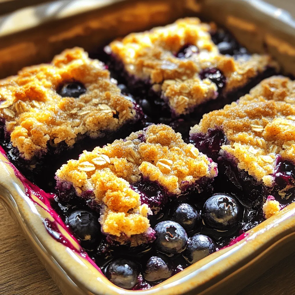 To make these easy blueberry pie bars, gather the following ingredients: - 2 cups fresh or frozen blueberries - 1 cup granulated sugar, divided - 2 tablespoons cornstarch - 1 tablespoon lemon juice - 1 teaspoon vanilla extract - 1 cup all-purpose flour - 1/2 cup rolled oats - 1/4 cup brown sugar - 1/2 teaspoon baking powder - 1/4 teaspoon salt - 1/2 cup unsalted butter, melted - 1/4 teaspoon cinnamon (optional) This list gives you all you need for a sweet, fruity treat. Not all ingredients need to be set in stone. Here are some easy swaps: - Granulated sugar: You can use coconut sugar for a richer flavor. - Cornstarch: Arrowroot powder works well as a thickener. - Lemon juice: Try lime juice for a twist on flavor. - All-purpose flour: Use almond flour for a gluten-free option. - Unsalted butter: Coconut oil is a great plant-based choice. These substitutions can help you tailor the recipe to your needs. Fresh blueberries are always a top choice, but frozen ones work just as well. Here’s what to consider: - Fresh blueberries: Look for firm, plump berries with a deep color. - Frozen blueberries: Opt for those without added sugar. They are picked at peak ripeness. Using the right blueberries enhances both flavor and texture in your bars. Start by rinsing your blueberries under cool water. If you use frozen ones, let them thaw and drain. In a medium bowl, mix the blueberries with 1/2 cup of granulated sugar, cornstarch, lemon juice, and vanilla extract. Stir gently until the blueberries are well-coated. This mixture will help thicken the filling as it bakes. Set it aside for a few minutes. In a large bowl, combine the flour, rolled oats, brown sugar, baking powder, salt, and cinnamon if you want a warm touch. Whisk these dry ingredients until mixed well. Pour in the melted butter and stir until you get a crumbly mixture. Save about 1/2 cup of this mixture for the topping. Press the rest firmly into the bottom of your greased baking dish to make the crust. Now, spread your blueberry mixture evenly over the crust. Crumble the reserved oat mixture on top of the blueberries. This creates a nice, crunchy topping. Preheat your oven to 350°F (175°C) and bake for 30-35 minutes. Look for a lightly golden topping and bubbling blueberries. After baking, let the pie bars cool for about 10 minutes in the dish. Then, transfer them to a wire rack to cool completely before cutting into squares. You can find the full recipe for this treat in the earlier sections. For a great crumb topping, use cold butter. Cold butter makes the topping flaky and crunchy. Cut the butter into small pieces before mixing it with the dry ingredients. This helps create those nice clumps. Make sure to reserve some of the crumb mixture for the topping. This will give your bars a nice finish. If your blueberry filling is too runny, add more cornstarch. Cornstarch helps thicken the filling as it bakes. If it’s too thick, add a little water or lemon juice. This will help loosen it up. Always let the filling sit for a few minutes before adding it to the bars. This gives it time to thicken. For this recipe, you'll need a few basic tools: - 8x8-inch baking dish - Mixing bowls - Whisk - Measuring cups and spoons - Parchment paper (optional for easy removal) These tools make the process simple and fun. Having the right tools helps you bake better. Trust me, you’ll enjoy your time in the kitchen! For the full recipe, check the complete guide. {{image_2}} You can change up the flavor by using other fruits. Raspberries, strawberries, or peaches work great too. Mix and match your favorites for a fun twist. For a berry medley, use a mix of blueberries and raspberries. Add the same amount as in the recipe. This keeps the sweetness and tartness balanced. To make these pie bars vegan, swap the butter for coconut oil or vegan butter. Use a flax egg instead of the regular egg for binding. If you need a gluten-free option, try using almond or oat flour. Both options will still give you a tasty treat without gluten. You can enhance the flavor by adding spices or extracts. A pinch of nutmeg or cardamom can bring warmth to the dish. If you want a citrus zing, add a bit of orange zest. You can also switch up the vanilla extract with almond or coconut extract. These small changes can create a whole new dessert experience. For the full recipe, refer to the link above. To keep your blueberry pie bars fresh, place them in an airtight container. You can store them at room temperature for up to 2 days. If you want to keep them longer, put them in the fridge. They will stay good for about a week in the fridge. Make sure the bars are cool before you cover them. This helps avoid extra moisture. Freezing blueberry pie bars is simple. First, let the bars cool completely. Then, cut them into squares. Wrap each square in plastic wrap. After that, place the wrapped bars in a freezer-safe bag or container. They can last up to 3 months in the freezer. When you are ready to eat them, just thaw them in the fridge overnight. To reheat your blueberry pie bars, you can use the oven or microwave. For the oven, preheat it to 350°F (175°C). Place the bars on a baking sheet and warm them for about 10 minutes. This keeps the crust crispy. If you use the microwave, heat one square at a time for about 20-30 seconds. Check to see if they are warm enough. Enjoy your blueberry pie bars warm for the best taste! For the complete recipe, check out the Full Recipe. Yes, you can use frozen blueberries. They work well in this recipe. Just add them directly from the freezer. You may need to bake a little longer. Frozen blueberries can release more juice. This can make the filling a bit runny. To fix this, add a touch more cornstarch. You will know the pie bars are done when the top is golden. The blueberries should bubble slightly. This usually happens in 30 to 35 minutes. A toothpick can help too. Insert it into the topping; it should come out clean. If it has wet batter, keep baking. Blueberry pie bars are tasty on their own. However, they pair well with ice cream. Vanilla or cinnamon flavors work great. You can also serve them with whipped cream. A sprinkle of lemon zest adds a nice touch too. Enjoy them with friends or family! You’ve learned how to make delicious blueberry pie bars. We covered the right ingredients, step-by-step instructions, and tips for the best results. Remember to try different fruits and variations. Storing and reheating properly keeps them tasty longer. If you follow these steps, you'll impress your friends and family. Enjoy your baking, and savor each bite with joy!
