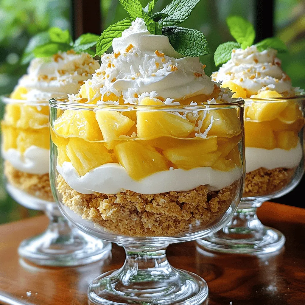 To make Pineapple Dream Dessert, you will need a few simple ingredients. Each one adds to the flavor and texture of this delightful treat. Here’s what you’ll need: - Ripe pineapple: peeled and diced - Cream cheese: 1 cup, softened - Whipped cream: 1 cup - Powdered sugar: ½ cup - Vanilla extract: 1 teaspoon - Crushed graham crackers: 1 cup - Unsweetened coconut flakes: ½ cup - Fresh mint leaves: for garnish Using fresh, ripe pineapple makes a big difference. It gives the dessert a bright, juicy flavor that blends well with the cream cheese and coconut. Softened cream cheese ensures a smooth mixture. The whipped cream adds lightness, while powdered sugar sweetens it perfectly. Crushed graham crackers provide a nice crunch in each bite. The unsweetened coconut flakes contribute a tropical twist. Don't forget the fresh mint leaves! They add a pop of color and a fresh taste right before serving. For the full recipe and instructions, be sure to check out the [Full Recipe]. - Step 1: Beat softened cream cheese until creamy. Use a mixer to make it smooth. - Step 2: Mix in powdered sugar and vanilla extract. This adds sweetness and flavor. - Step 3: Fold in whipped cream gently. This makes the mix light and fluffy. - Step 4: Combine diced pineapple with coconut flakes. This gives a tropical twist. - Step 5: Layer crushed graham crackers in serving dish. This forms a crunchy base. - Step 6: Spoon cream cheese mixture over graham crackers. Spread it evenly for balance. - Step 7: Add pineapple mixture on top. This layer brings freshness and color. - Step 8: Repeat layering process. Add more crackers, cream, and pineapple. - Step 9: Chill the dessert. Place it in the fridge for at least two hours. - Step 10: Garnish before serving. Use fresh mint leaves for a bright finish. This Pineapple Dream Dessert is simple and fun to make. You can find the Full Recipe listed above for more details! - Tip 1: Ensure cream cheese is sufficiently softened. Softening makes it easy to mix. You can leave it out for an hour or microwave it for about 10 seconds. - Tip 2: Use fresh pineapple for better flavor. Fresh fruit brightens the taste. Canned pineapple can be soggy and sweet. - Tip 3: Chill thoroughly for optimal taste and texture. Chilling lets the flavors blend. Aim for at least two hours in the fridge. - Tip 4: Use clear serving dishes for a beautiful display. Clear dishes let you show off the layers. This makes the dessert more appealing. - Tip 5: Add extra coconut flakes on top for texture. A sprinkle of coconut gives a nice crunch. It also adds a tropical feel to the dish. - Tip 6: Understanding calories and serving size is key. Each serving has around 300 calories. Knowing this helps you enjoy it in moderation. - Tip 7: Consider alternatives for healthier options. You can use Greek yogurt instead of cream cheese. This swap lowers calories and adds protein. {{image_2}} - Option 1: Use Greek yogurt instead of cream cheese. This swap cuts some fat while adding protein. The flavor stays creamy and rich. Greek yogurt gives a nice tang, too. - Option 2: Swap graham crackers for gluten-free alternatives. You can find many tasty options in stores. Almond flour or coconut flour blends are great choices for a gluten-free base. - Option 3: Add a splash of rum or coconut extract. A little rum gives the dessert a tropical kick. Coconut extract enhances the coconut flavor for extra fun. - Option 4: Mix in other fruits like strawberries or mango. These fruits add bright flavors and colors. They make the dessert even more refreshing on hot days. - Option 5: Serve with a drizzle of chocolate sauce. The chocolate adds richness to the sweet and fruity flavors. It looks great on top, too! - Option 6: Accompany with whipped cream or ice cream. A scoop of vanilla ice cream pairs well with this dessert. Whipped cream adds a light touch that everyone loves. For more details, check the Full Recipe. - Tip 1: Store in the refrigerator for freshness. This keeps the dessert cool and tasty. - Tip 2: Cover tightly to prevent drying out. Use plastic wrap or a lid to seal it well. - Tip 3: Can Pineapple Dream Dessert be frozen? Yes, you can freeze it. However, the texture may change slightly. - Tip 4: Best practices for thawing before serving. Move it to the fridge overnight. This way, it thaws slowly and keeps its taste. Q1: What is Pineapple Dream Dessert? Pineapple Dream Dessert is a light, no-bake treat. It has layers of cream cheese, whipped cream, and fresh pineapple. You also find crushed graham crackers and coconut flakes in it. This dessert is perfect for warm days or summer gatherings. Q2: How long does it take to prepare? The prep time is about 20 minutes. After that, you need to chill it for at least 2 hours. So, the total time is around 2 hours and 20 minutes. This dessert is quick to make but needs time to set. Q3: Can I make it ahead of time? Yes, you can make it a day ahead. Just chill it in the fridge. This helps the flavors mix well and makes it even tastier. Q4: What can I use instead of graham crackers? You can use crushed cookies like vanilla wafers or digestive biscuits. Gluten-free options work too, like almond flour cookies. These alternatives still give a nice crunch to your dessert. Q5: Is this dessert suitable for kids? Absolutely! Kids love the sweet flavors and bright colors. Just make sure they are not allergic to any ingredients. It’s a fun dessert that they can help make too! For the full recipe, check out the detailed instructions and tips above. In this post, we explored how to create a delicious Pineapple Dream Dessert. You learned about the key ingredients, step-by-step preparation, and tips for success. We also discussed fun variations to customize your dessert and how to store it properly. Remember, using fresh ingredients and following the steps closely leads to a tasty treat. Experiment with flavors and enjoy sharing this dessert with friends and family. Your Pineapple Dream Dessert is sure to impress!