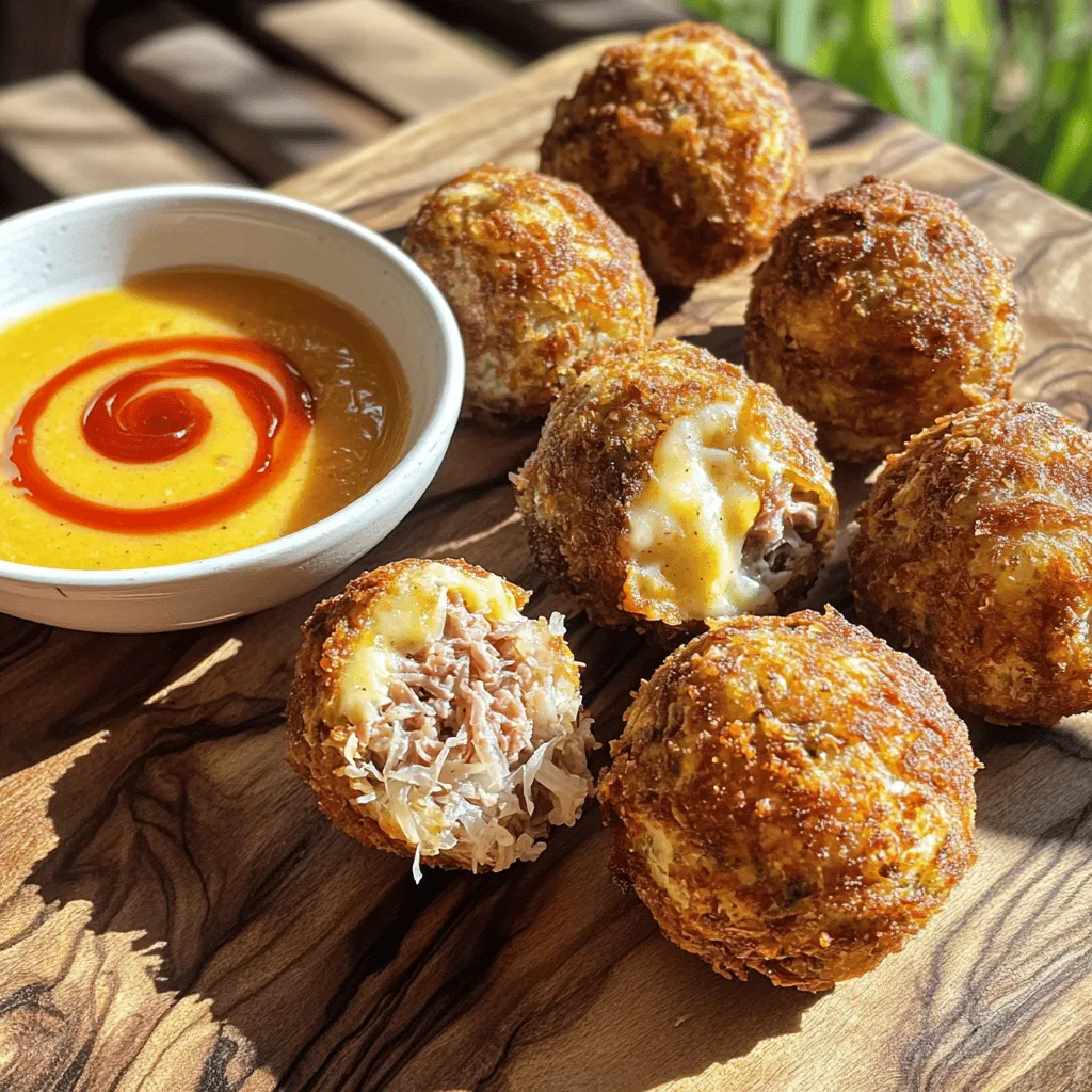 For Reuben balls, you need the following main ingredients: - 1 cup cooked corned beef, chopped finely - 1 cup sauerkraut, drained and chopped - 1 cup shredded Swiss cheese - 1/2 cup cream cheese, softened - 1 teaspoon garlic powder - 1 teaspoon onion powder - 1/2 teaspoon black pepper - 1/2 cup breadcrumbs - 1 egg, beaten - Oil for frying To make the spicy dipping sauce, gather these ingredients: - 1/2 cup mayonnaise - 2 tablespoons Dijon mustard - 1 tablespoon Sriracha sauce (adjust for spice tolerance) - 1 teaspoon honey - Salt and pepper to taste Choosing fresh ingredients is really important. Here are some tips: - Corned Beef: Look for bright pink color and a firm texture. Avoid any gray spots. - Sauerkraut: Choose sauerkraut that smells fresh and tangy. The crunchier, the better! - Swiss Cheese: Pick cheese that feels moist and has a smooth surface. - Cream Cheese: Ensure it is soft and creamy. Check the expiration date. - Spices: Use fresh spices for the best flavor. Old spices lose their taste. These fresh ingredients will help you create the best Reuben balls. For the complete recipe, check the Full Recipe section. To start, gather all your ingredients. You will need cooked corned beef, sauerkraut, Swiss cheese, and cream cheese. Also, have garlic powder, onion powder, black pepper, breadcrumbs, and one egg ready. In a large mixing bowl, add the chopped corned beef, drained sauerkraut, shredded Swiss cheese, and softened cream cheese. Sprinkle in the garlic powder, onion powder, and black pepper. Mix everything well until combined. Once mixed, shape the mixture into small balls, about one inch wide. This should make around 12 to 15 balls. Roll each ball in breadcrumbs to coat them evenly. Place the coated balls on a tray and refrigerate for about 30 minutes. This helps them firm up, making frying easier. Next, heat oil in a deep frying pan over medium heat. Make sure the oil is hot but not smoking. Carefully add the chilled Reuben balls to the hot oil. Fry them in small batches to avoid crowding. Cook each batch for 3 to 4 minutes. Look for a nice golden brown color on all sides. Once done, use a slotted spoon to remove the balls from the oil. Drain them on a paper towel to remove excess oil. This step ensures your Reuben balls stay crispy and delicious. While the Reuben balls cool, prepare the spicy dipping sauce. In a small bowl, whisk together mayonnaise, Dijon mustard, Sriracha sauce, and honey. Adjust the Sriracha to match your spice level. Add a pinch of salt and pepper for taste. Mix until smooth and creamy. Serve the hot Reuben balls with the spicy dipping sauce on the side. Enjoy this tasty treat! For the full recipe, check out the details above. To fry Reuben balls just right, heat your oil to medium. Use enough oil to cover the balls halfway. This helps them cook evenly. Fry in small batches to avoid crowding the pan. This keeps the heat steady. Cook for about 3-4 minutes until they turn golden brown. Remember to flip them halfway for an even color. One common mistake is not chilling the balls before frying. Chilling helps them hold their shape. Another mistake is using too much oil. If the oil is too hot, the outside cooks fast, but the inside stays cold. Lastly, don’t skip the breadcrumbs. They give a nice crunch and keep the filling moist. To keep the filling moist, use cream cheese. It adds a rich texture. Mix the filling just until combined; overmixing can dry it out. You can also add a splash of broth or a bit more cream cheese if needed. This keeps the balls juicy and flavorful. {{image_2}} You can switch up the filling in your Reuben balls for fun. Try pastrami instead of corned beef for a twist. You can also use turkey for a lighter version. If you want a veggie option, use mushrooms and spinach. This keeps the dish fresh and exciting. While the spicy dipping sauce adds heat, other sauces can change the game. Consider a creamy ranch for a cool dip. A tangy garlic aioli also pairs well with the balls. For a zesty kick, try a chipotle mayo. These options keep your guests guessing and delighted. Reuben balls shine at parties. Serve them on a large platter with toothpicks. This makes them easy for guests to grab. Pair them with a variety of dipping sauces for choice. You can also add a side of pickles for extra crunch. These ideas make your dish the star of the show. After enjoying your Reuben balls, store any leftovers in an airtight container. Keep them in the fridge. They will last for about 3-4 days. Make sure they cool down before sealing. This helps keep them fresh. To reheat, use the oven for the best texture. Preheat your oven to 350°F (175°C). Place the Reuben balls on a baking sheet. Heat them for about 10-15 minutes. This method keeps them crispy and delicious. You can also use a microwave, but this may make them soggy. You can freeze Reuben balls for later. First, let them cool completely. Then, place them in a single layer on a tray. Freeze until solid, about 1-2 hours. After that, transfer them to a freezer bag. They can last up to 3 months in the freezer. When ready to eat, thaw in the fridge before reheating. This way, you keep the flavor and texture intact. If you want a different meat, try pastrami or roast beef. Both give a nice flavor. You can also use turkey or chicken for a lighter option. These meats work well with the sauerkraut and cheese, keeping that Reuben taste. To make these Reuben balls gluten-free, swap regular breadcrumbs for gluten-free ones. You can also use crushed gluten-free crackers or oats. Check that the corned beef and sauces you use are gluten-free too. This way, everyone can enjoy them! Yes, you can bake Reuben balls! Preheat your oven to 400°F (200°C). Place the balls on a baking sheet lined with parchment paper. Bake for 20-25 minutes, turning halfway through. They won’t be as crispy as fried ones, but they’ll still taste great. For the full recipe, check out the steps to make these delicious Reuben balls! We explored the key ingredients for tasty Reuben Balls, along with a spicy dipping sauce. I shared tips for selecting fresh ingredients and avoiding common mistakes. You learned preparation and cooking steps, plus creative twists for variations. Storage tips will help keep leftovers fresh. Remember, great Reuben Balls start with quality ingredients. Stay confident in your cooking, and enjoy making these fun bites for your next gathering.
