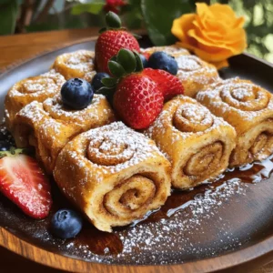 For this delicious recipe, gather the following ingredients: - 6 large cinnamon rolls (store-bought or homemade) - 4 large eggs - 1 cup milk (whole or almond milk) - 1 teaspoon vanilla extract - 1 teaspoon ground cinnamon - 2 tablespoons maple syrup - 2 tablespoons butter (for cooking) - Powdered sugar (for dusting) - Fresh berries (strawberries or blueberries for garnish) If you want to make some swaps, here are a few ideas: - Use egg substitutes like flaxseed or chia seeds for a vegan option. - Almond milk or oat milk works well for dairy-free diets. - Try gluten-free cinnamon rolls if you need to avoid gluten. You can choose between store-bought cinnamon rolls for convenience or make your own from scratch for a personal touch. Both options can lead to tasty treats! If you’re short on time, the store-bought version saves you some effort without losing flavor. How to prep the cinnamon rolls Start with 6 large cinnamon rolls. If you use store-bought rolls, unroll each one carefully. This gives you a long strip of dough. If you make them from scratch, roll out the dough into flat rectangles. Mixing the filling ingredients In a small bowl, mix 2 tablespoons of maple syrup with a sprinkle of ground cinnamon. This simple mix will add extra flavor. Spread it evenly on each unrolled cinnamon roll. Rolling the cinnamon rolls back up Once the filling is on, roll each cinnamon roll back up tightly. Make sure the filling stays sealed inside. This step is key for the best taste. Detailed instructions for egg mixture preparation In a medium bowl, whisk together 4 large eggs, 1 cup of milk, 1 teaspoon of vanilla extract, and 1 teaspoon of ground cinnamon. Add another tablespoon of maple syrup. Mix well until everything is combined. Coating and cooking the cinnamon roll slices Dip each rolled cinnamon roll into the egg mixture. Coat them evenly, but do not soak them too long. Place the coated rolls in a large skillet. Melt 2 tablespoons of butter over medium heat. Cook each roll for about 3-4 minutes on each side until they turn golden brown. Tips for achieving golden-brown perfection Keep an eye on the rolls as they cook. Turn them carefully to avoid breaking. If they cook too fast, lower the heat a bit. This ensures they cook through without burning. - Best practices for flipping the rolls: Use a wide spatula to flip each roll. Gently slide the spatula under the roll. Lift it carefully to avoid breaking. Wait until the edges are golden before flipping. This ensures they stay intact and fluffy. - Avoiding sogginess in the rolls: Do not soak the rolls in the egg mixture for too long. A quick dip is all they need. This keeps the texture light and fluffy. Also, make sure your skillet is hot enough before adding the rolls. This helps seal in the flavors without making them soggy. - Achieving the right balance of flavors: Use just the right amount of cinnamon in the filling and the egg mix. Too much can overpower the sweet taste of the rolls. A teaspoon of vanilla adds depth without being too strong. This balance makes each bite delightful. - Garnishing ideas with fresh berries: Top your cinnamon roll French toast rolls with fresh berries. Strawberries and blueberries work great. They add a pop of color and freshness to the dish. The tartness of the berries balances the sweetness of the rolls. - Pairing with syrups or whipped cream: Drizzle with maple syrup for added sweetness. If you like, add a dollop of whipped cream on top. This adds a creamy texture that makes every bite richer. You can also try flavored syrups for a twist. - Creative serving ideas for special occasions: Serve these rolls on a large platter for brunch. Dust them with powdered sugar for a beautiful look. You can also stack them high for an eye-catching display. Add a few sprigs of mint for a fresh touch. These ideas make your presentation stand out at any gathering. For the full recipe, check the details mentioned earlier. {{image_2}} You can make these Cinnamon Roll French Toast Rolls even more fun. Here are some ways to change up the flavors: - Adding chocolate chips or nuts: Toss in some chocolate chips or chopped nuts. They add great texture and a sweet crunch. Mix these into the filling or sprinkle them on top while cooking. - Exploring different types of bread: Try using brioche, challah, or even gluten-free bread. Each type will give a unique taste and texture. A richer bread makes the rolls even fluffier. - Spicing it up with extracts or zests: A splash of almond extract or a bit of orange zest can brighten the flavor. Just a little goes a long way in making each bite special. These rolls can fit many diets. Here are some simple swaps: - Vegan or dairy-free adaptations: Use flax eggs instead of regular eggs and almond milk in place of dairy milk. This keeps the taste delicious while staying plant-based. - Gluten-free options: Opt for gluten-free cinnamon rolls. Many brands offer tasty gluten-free dough that works well in this recipe. - Reducing sugar for health-conscious choices: Cut back on the maple syrup or use a sugar substitute. You can still enjoy sweet flavors without all the sugar. Feel free to mix and match these ideas to make your perfect Cinnamon Roll French Toast Rolls! For the complete recipe, check the [Full Recipe]. To store leftover Cinnamon Roll French Toast Rolls, place them in an airtight container. This keeps them fresh and prevents them from drying out. You can also wrap them tightly in plastic wrap. They stay fresh in the fridge for about 3 to 4 days. If you want to enjoy them later, it’s best to refrigerate them as soon as they cool. Avoid leaving them out for too long. This helps keep their fluffy texture and sweet flavor. If you want to save some for later, freezing is a great option. First, let the cooked rolls cool completely. Then, wrap each roll tightly in plastic wrap. Place the wrapped rolls in a freezer-safe bag or container. They can last in the freezer for about 2 to 3 months. When you're ready to eat, take them out and let them thaw in the fridge overnight. To reheat, place the rolls in the oven at 350°F (175°C) for about 10-15 minutes. This will help restore their fluffy texture. You can also microwave them for about 30 seconds if you’re in a hurry. Just be careful not to overheat, as this can make them tough. Enjoy your delicious treat anytime! For the complete recipe, check out the Full Recipe. Can I make Cinnamon Roll French Toast Rolls ahead of time? Yes, you can prep the rolls ahead of time. Make the rolls and coat them in the egg mixture. Place them in the fridge, covered. Cook them when you're ready. This saves time in the morning. How do I know when they are fully cooked? You can tell they are done when they turn golden brown. Check both sides to ensure even cooking. If you cut one open, the center should not be doughy. What can I serve with Cinnamon Roll French Toast Rolls? These rolls pair well with fresh berries, whipped cream, or maple syrup. You can also add a sprinkle of nuts for crunch. They make a fun brunch dish! Can I use different flavors of cinnamon rolls? Absolutely! You can use chocolate rolls or even caramel rolls. The base recipe works well with many flavors. Try your favorite to mix things up. How to adapt for a larger group or gatherings? To serve more people, simply double the recipe. Prepare more rolls and increase the egg mixture as needed. You can cook them in batches to keep everything warm. In this post, I shared how to make delicious cinnamon roll French toast rolls. You learned about the key ingredients, preparation steps, and cooking methods. I included tips for storage and serving to enhance your meal. Feel free to explore variations to suit your taste and dietary needs. Cinnamon roll French toast is a fun twist on a classic. With this guide, you can impress your family and friends. Enjoy making this treat and share it with others!