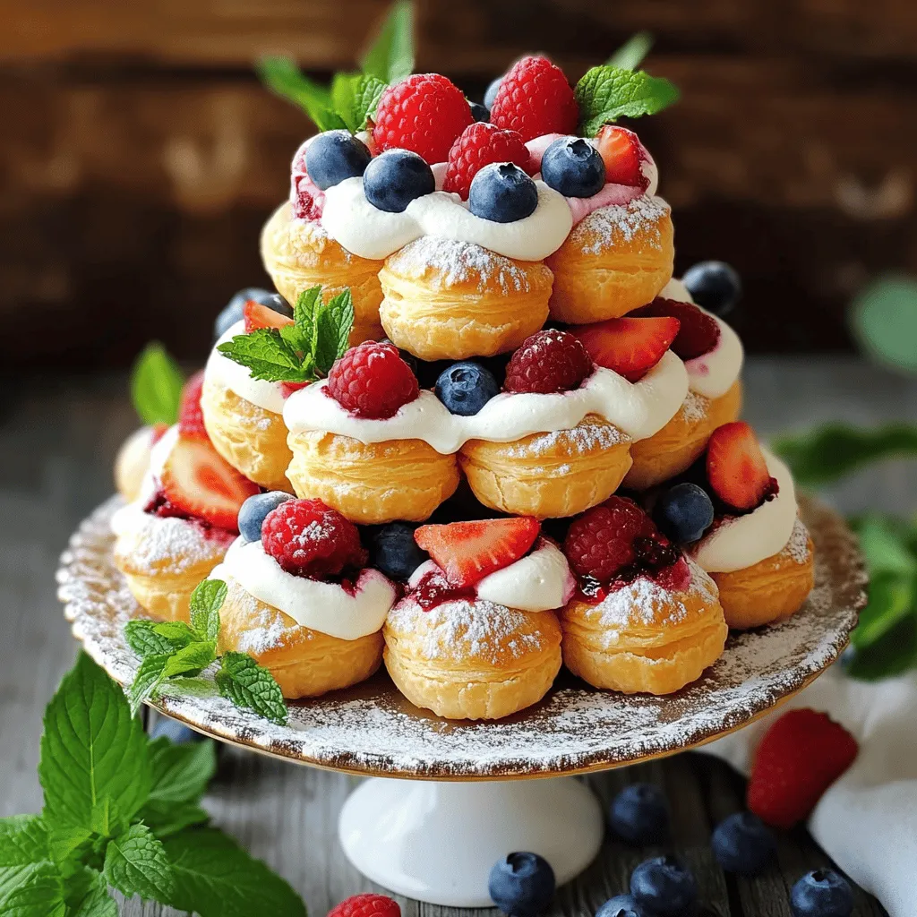 To make Cream and Berry-Filled Pastry Balls, you need: - 1 cup all-purpose flour - 1/2 cup unsalted butter - 1 cup water - 3 large eggs - 1 cup heavy cream - 1/4 cup powdered sugar - 1 teaspoon vanilla extract - 1 cup mixed berries (strawberries, blueberries, raspberries) - Zest of 1 lemon - Pinch of salt - Extra powdered sugar for dusting These ingredients create a rich and delightful pastry. The all-purpose flour forms the base, while the butter adds flavor and richness. The eggs help the dough puff up as it bakes. Heavy cream makes a light and fluffy filling. You can add some fun twists with these optional ingredients: - Chocolate shavings or chips for a sweet touch - Lemon curd for a zesty filling - Mint leaves for a fresh flavor Using these optional ingredients can change the taste and look of your pastries. Feel free to experiment and find your favorite combination. To make this recipe, you will need: - Medium saucepan - Mixing bowl - Whisk or electric mixer - Piping bag with round and small tips - Baking sheet - Parchment paper - Wire rack Having the right tools makes the process smoother. The piping bag helps fill the pastries nicely, and the wire rack allows them to cool evenly. For the full recipe, check the detailed instructions to see how to create these delicious treats! To start, you need to make the choux pastry. In a medium saucepan, combine 1 cup of water, 1/2 cup of unsalted butter, and a pinch of salt. Heat this mixture over medium heat until it boils. Stir it gently to help the butter melt. Once it boils, quickly add 1 cup of all-purpose flour all at once. Stir hard until the dough forms a ball and pulls away from the pan's sides. This should take just a few minutes. Once done, remove the pan from the heat and let it cool slightly. After cooling, it's time to add the eggs. You will need 3 large eggs. Add one egg at a time, mixing well after each addition. Keep mixing until the dough becomes smooth and glossy. This is the secret to light and airy pastries! Next, preheat your oven to 400°F (200°C). Line a baking sheet with parchment paper. Use a piping bag fitted with a round tip to pipe small balls of dough, about 1 inch in size. Space them about 2 inches apart, as they will puff up in the oven. Now, it’s time to bake! Place the baking sheet in the oven and bake for 20-25 minutes. Watch for them to turn golden brown and puffed up. Do not open the oven door while they bake; this can make them deflate. Once they are done, take them out and let them cool completely on a wire rack. This is important because you don’t want to fill them while they are still warm. Follow these steps carefully for the best results. You can find the full recipe at the end of this section. Start with fresh ingredients for the best results. Use a medium saucepan to heat water, butter, and salt. Bring this mixture to a boil. Add the flour in one go and stir hard. This step makes the dough smooth. Let it cool slightly before adding eggs. Incorporate each egg fully. This ensures a light, airy pastry. To whip cream well, use cold heavy cream. It should be chilled for at least 30 minutes. Add powdered sugar and vanilla extract for sweetness and flavor. Use a mixer set to medium speed. Whip until you see stiff peaks forming. This means the cream is ready. Take care not to over-whip, or it will turn to butter. Once the pastry balls cool completely, use a small knife. Make a slit on the side of each ball. This will create a pocket for the filling. Use a piping bag to fill each pastry with whipped cream. Add mixed berries inside for a burst of flavor. Dust with powdered sugar before serving. This adds a lovely touch to your dessert. For the full recipe, check the complete guide. {{image_2}} You can play around with various fillings for your pastry balls. Instead of cream, try using a rich chocolate ganache. This will give a deep, sweet flavor. You can also use pastry cream for a classic touch. For a fruity twist, mix in some lemon curd or a tangy yogurt. Get creative with flavor! Add a splash of almond extract to the cream for a nutty taste. If you want something fresh, try mixing mint into the filling. You can also fold in some cocoa powder for a chocolate cream. Each change gives a new taste! When it comes to fruit, the options are endless. Swap mixed berries for peaches or cherries for a summer vibe. You can even use mango or kiwi for a tropical flair. Just make sure to chop the fruit small. This will help them fit into the pastry easily. For the full recipe, check the main section. To keep unfilled pastries fresh, place them in an airtight container. Store them at room temperature for one to two days. If you need to save them longer, consider refrigerating them. Just remember, they may lose some crispness. Filled pastries need special care. After filling them with cream and berries, eat them right away for the best taste. If you have leftovers, store them in the fridge in a sealed container. Consume them within two days for the best flavor and texture. Avoid stacking them to keep the filling intact. You can also freeze unfilled pastries for up to a month. Just let them cool completely before wrapping them tightly in plastic wrap. Place them in a freezer bag for extra protection. When ready to enjoy, thaw them at room temperature. For filled pastries, I don’t recommend freezing. The cream may separate, and the berries could become mushy. For the best taste, always make them fresh! For the full recipe of Cream and Berry-Filled Pastry Balls, check out the earlier sections. Making Cream and Berry-Filled Pastry Balls starts with the choux pastry. First, boil water, butter, and a pinch of salt in a pan. When it boils, add flour all at once. Stir until it forms a ball. Let it cool a bit, then mix in eggs one by one. This makes the dough smooth and shiny. Next, pipe small balls onto a baking sheet. Bake them until golden brown and puffed. After they cool, whip heavy cream with powdered sugar and vanilla. Make a slit in each pastry and fill it with the cream. Finally, add mixed berries for a fruity burst. You can find the full recipe in the article. Yes, you can use store-bought pastry. It saves time and effort. Look for puff pastry or cream puffs. Just remember, the taste might differ from homemade choux pastry. Store-bought options may not be as light and airy. However, they can still be delicious. Fill them with cream and berries just like the homemade version. Serve these pastries on a nice plate or tiered stand. Dust them with powdered sugar for a sweet touch. Add some fresh mint leaves and extra berries around them. This makes them look fancy and appealing. They are great for parties or as a sweet treat after dinner. Enjoy them fresh for the best taste. You learned how to make delicious choux pastries, their key ingredients, and steps. We explored helpful tips to perfect your dough and whip cream. You can try various fillings for even more fun. Storing pastries properly helps keep them fresh. Remember, practice makes perfect! Enjoy your baking and share these treats with others. Happy cooking and creating!