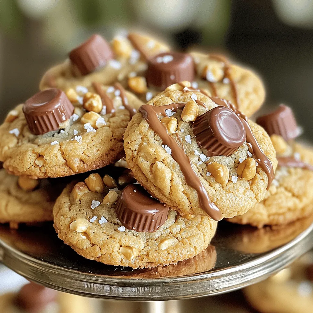 - 1 cup creamy peanut butter - 1/2 cup unsalted butter, softened - 1/2 cup granulated sugar - 1/2 cup brown sugar, packed - 1 large egg - 1 teaspoon vanilla extract These essential ingredients form the base of our Peanut Butter Cup Stuffed Cookies. Creamy peanut butter gives a rich flavor, while unsalted butter keeps the cookies soft. Granulated and brown sugars add the perfect sweetness and moisture. The egg helps bind everything, and vanilla extract adds a lovely aroma. - 1 1/2 cups all-purpose flour - 1/2 teaspoon baking soda - 1/4 teaspoon salt The dry ingredients play a vital role in structure. All-purpose flour creates the cookie's body. Baking soda helps them rise, making them light and fluffy. A pinch of salt enhances all the flavors. - 1 cup mini chocolate peanut butter cups, unwrapped - Sea salt for sprinkling (optional) The star of the show is the mini chocolate peanut butter cups. These sweet bites melt in the center, bringing joy to every bite. A sprinkle of sea salt on top adds a nice touch, balancing the sweetness and enhancing flavor. For the complete recipe, check out the Full Recipe section. - Preheat your oven to 350°F (175°C). Line a baking sheet with parchment paper. - In a large bowl, mix creamy peanut butter, softened butter, granulated sugar, and brown sugar. Use an electric mixer on medium speed until smooth. - Add one large egg and one teaspoon of vanilla extract to the mixture. Beat until well mixed. - In a separate bowl, whisk together 1 1/2 cups of all-purpose flour, 1/2 teaspoon of baking soda, and 1/4 teaspoon of salt. Gradually add this dry mix to your wet ingredients. Stir until just combined. - Cover the dough with plastic wrap and chill it in the fridge for about 30 minutes. This makes it easier to handle. - Once chilled, scoop a tablespoon of dough and flatten it slightly in your hand. Place one mini chocolate peanut butter cup in the center. Wrap the dough around it and roll into a ball. Repeat this for the rest of the dough and cups. - Place the cookie balls on the prepared baking sheet, keeping them about 2 inches apart. - Optionally, sprinkle a pinch of sea salt on each cookie. Bake for 10-12 minutes until the edges are golden and the centers look soft. - Let the cookies cool for 5 minutes on the baking sheet, then transfer them to a wire rack to cool completely. For the full details, check the [Full Recipe]. Chilling the dough is key for great cookies. It firms the dough, making it easier to shape. When the dough is cold, the cookies keep their form while baking. This helps avoid flat cookies that spread too much. Aim to chill the dough for at least 30 minutes. To ensure soft, chewy centers, do not overbake the cookies. They should be slightly golden on the edges, while the center remains soft. This gives that perfect melt-in-your-mouth texture. Remember, cookies will continue to cook on the baking sheet after you pull them out of the oven. Serve these cookies on a tiered cake stand. This creates a beautiful display that guests will love. You can also drizzle melted chocolate over the cookies for a touch of elegance. Sprinkle crushed peanuts on top for extra crunch and visual appeal. For a fun twist, try adding colorful sprinkles or edible glitter. These small touches make the cookies even more inviting. One common mistake is overmixing the dough. This can lead to tough cookies. Mix until just combined for the best results. Another mistake is not cooling the cookies properly. Let them sit on the baking sheet for five minutes before moving them to a wire rack. This helps them firm up and prevents breakage. Proper cooling is crucial for maintaining their shape and texture. For the full recipe, check out the Peanut Butter Cup Stuffed Cookies section above. {{image_2}} You can switch up the flavors in these cookies. Use crunchy peanut butter instead of creamy. It adds a fun texture and a nutty bite. You can also add chocolate chips to the dough. This boosts the chocolate flavor and makes each cookie even more decadent. Imagine biting into a soft cookie with creamy peanut butter and melting chocolate. It’s pure bliss! If you need gluten-free cookies, use almond flour or coconut flour. Both work well and taste great. You can also make these cookies vegan. Substitute the egg with a flax egg or applesauce. For butter, use coconut oil or a vegan butter. These swaps keep the taste yummy and the texture soft. Get creative with the stuffing! Try different candies like caramel or white chocolate. Each candy brings a unique flavor. You can also use different nut butters. Almond butter or cashew butter works well. Each option gives the cookie a new twist. Don't be afraid to experiment! For the full recipe, check out the details above and enjoy baking these delightful treats! To keep your Peanut Butter Cup Stuffed Cookies fresh, store them in an airtight container. This helps prevent the cookies from drying out. Layer parchment paper between cookies to avoid sticking. I suggest keeping them at room temperature for the best texture. They will stay fresh for about a week. If you want them to last longer, consider refrigeration. However, this may change the texture slightly. You can freeze both uncooked dough and baked cookies. To freeze uncooked dough, scoop cookie balls and place them on a baking sheet. Freeze them for about an hour until firm. Once frozen, transfer them to a freezer-safe bag. Baked cookies can also be frozen. Just let them cool completely first. Then, place them in an airtight container with parchment paper between layers. To thaw cookies, simply leave them at room temperature for about 30 minutes. For baked cookies, you can reheat them in the oven. Preheat your oven to 350°F (175°C) and warm them for about 5 minutes. Enjoy them warm for the best taste and texture. For the full recipe, check out the detailed instructions above. Peanut Butter Cup Stuffed Cookies stay fresh for about 5 days at room temperature. Store them in an airtight container. This keeps them soft and tasty. If you want them to last longer, you can freeze them. They will stay good for up to 3 months in the freezer. Yes, you can use different types of peanut butter cups. Try dark chocolate, white chocolate, or even caramel-filled cups. Each type gives a new flavor twist. You can also mix and match for fun combinations. Just pick your favorite kind and enjoy the new taste! Absolutely! You can prepare the dough in advance and chill it. Just cover it and store it in the fridge for up to 2 days. When you're ready, scoop and bake the cookies. This makes it easy to enjoy fresh cookies without too much work. If your dough feels too sticky, add a bit more flour. Start with a tablespoon at a time. Mix well until it feels easier to handle. You can also chill the dough longer. This makes it firmer and easier to shape into cookies. You can find Peanut Butter Cup Stuffed Cookies at local bakeries or grocery stores. Some stores may have them fresh baked. Check the bakery section or ask the staff. You can also find them at cafés or dessert shops. If you can’t find them, you can always make them at home using the Full Recipe! These Peanut Butter Cup Stuffed Cookies are easy and fun to make. We went through the key ingredients, step-by-step instructions, and useful tips. Remember, chilling the dough helps make softer cookies. Explore variations like crunchy peanut butter or gluten-free options. Store them right to keep them fresh. With these tips, you're ready to bake delicious cookies. Enjoy your tasty treats, and happy baking!