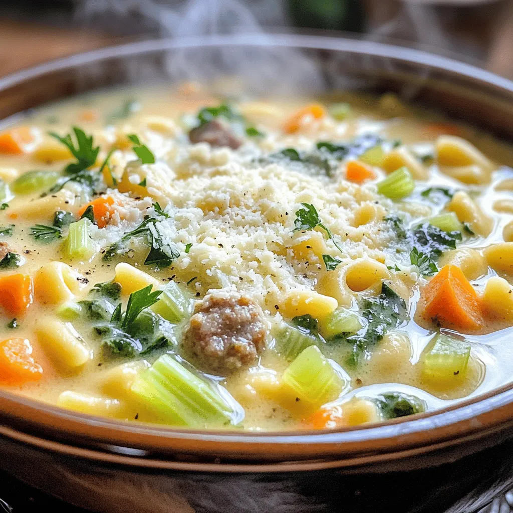 To make this soup, you need some key ingredients. Here’s what you will use: - 1 tablespoon olive oil - 1 pound Italian sausage (mild or spicy, casings removed) - 1 small onion, diced - 2 cloves garlic, minced - 2 medium carrots, diced - 2 celery stalks, diced - 4 cups chicken broth - 1 can (14.5 oz) diced tomatoes, drained - 1 cup heavy cream - 1 cup ditalini pasta - 1 cup fresh spinach - 1 cup grated Parmesan cheese - 1 teaspoon dried oregano - 1 teaspoon dried basil - Salt and pepper to taste - Fresh parsley for garnish These ingredients work together for a rich and creamy taste. The Italian sausage adds a nice kick. The ditalini pasta gives the soup a fun shape. You can add some optional ingredients to boost the flavor. Consider these options: - Red pepper flakes for heat - A splash of white wine for depth - Fresh herbs like thyme or rosemary - Chopped bell peppers for sweetness These add-ins can change the flavor profile. Feel free to mix and match! When you shop for ingredients, freshness matters. Here are some tips: - Choose Italian sausage from a trusted butcher or deli for the best taste. - Look for firm, fresh vegetables. They should be bright in color. - Select high-quality chicken broth. Homemade is best, but store-bought works too. - Use freshly grated Parmesan cheese for a richer flavor. Finding quality ingredients makes a big difference. It enhances the whole dish and makes your soup shine. For the complete preparation, check out the Full Recipe. To start, gather all your ingredients. This makes cooking easier and more fun. You will need olive oil, Italian sausage, onion, garlic, carrots, celery, chicken broth, diced tomatoes, heavy cream, ditalini pasta, spinach, Parmesan cheese, oregano, basil, salt, pepper, and parsley. Chop your vegetables into small pieces. This helps them cook evenly. For the sausage, you can choose mild or spicy based on your taste. First, heat the olive oil in a large pot over medium heat. Add the Italian sausage, breaking it into small pieces. Cook it until it turns brown, about 5 to 7 minutes. Next, add the diced onion, carrots, and celery. Sauté these for about 5 minutes. You want the vegetables to soften but not lose color. Then, stir in the minced garlic and cook for one more minute until you smell its aroma. Now, pour in the chicken broth. Add the drained diced tomatoes, oregano, and basil. Bring this mixture to a simmer. Once it simmers, toss in the ditalini pasta. Cook it according to the package instructions, usually about 8 to 10 minutes until it's al dente. After the pasta is ready, stir in the heavy cream. Allow it to heat through while gently mixing to blend the flavors. Finally, mix in the fresh spinach and grated Parmesan cheese. Stir until the spinach wilts and the cheese melts. Add salt and pepper to taste. When serving, ladle the soup into bowls. Garnish with fresh parsley and an extra sprinkle of Parmesan if you like. This adds a nice touch and a burst of flavor. Enjoy your creamy Parmesan Italian sausage ditalini soup! For full instructions, check out the Full Recipe. You can make this soup your own! Here are some fun ideas: - Add beans: White beans or kidney beans add heartiness. - Spice it up: Use spicy sausage or add red pepper flakes. - Veggie boost: Toss in bell peppers or zucchini for extra flavor. - Herb twist: Fresh herbs like thyme or rosemary can brighten the taste. Great flavor comes from simple steps. Here’s how to enhance it: - Sauté vegetables: Always cook your onions and garlic well. This builds rich flavor. - Season in layers: Add salt and pepper as you cook to deepen the taste. - Creamy finish: Stir the heavy cream in at the end for a silky texture. - Finishing touches: A squeeze of lemon juice adds brightness to each bowl. Having the right tools helps you cook with ease. Here’s what I recommend: - Large pot: A sturdy pot is key for even cooking. - Wooden spoon: Use this for stirring. It prevents scratching. - Measuring cups: Accurate measurements make a big difference. - Ladle: A ladle helps you serve the soup without spills. You can follow the [Full Recipe] for more details on each step. Enjoy your cooking! {{image_2}} To make a gluten-free version of this soup, swap the ditalini pasta. Use gluten-free pasta instead. You can also check the broth for gluten. Many brands offer gluten-free options. This way, everyone can enjoy this creamy delight. For a vegetarian or vegan soup, skip the sausage. Use plant-based sausage or mushrooms for a hearty feel. Replace the heavy cream with coconut milk or cashew cream for rich flavor. Add more veggies like zucchini or bell peppers for extra texture and taste. You can try different pasta shapes for fun. Shells or small elbows work well in this soup. Each shape gives a new bite and feel to the dish. Mix and match to find your favorite. For an even heartier option, add grains like quinoa or farro. These choices add a nice twist and keep the meal filling. Explore the full recipe for more details on making this comforting soup at home! To keep your soup fresh, let it cool first. Use an airtight container for storage. This helps prevent spoilage and keeps flavors intact. Store the soup in the fridge if you plan to eat it within three days. If longer storage is needed, freezing is best. To freeze the soup, portion it into freezer-safe containers. Leave some space at the top for expansion. Label the containers with the date. The soup can last in the freezer for up to three months. When you're ready to use it, just take it out and thaw in the fridge overnight. Reheat the soup on the stove over medium heat. Stir often to avoid sticking. If it seems thick, add a splash of broth or water. Heat until steaming, but do not boil. This helps keep the cream smooth and the flavors bright. Enjoy your soup warm, just like the first day! Ditalini pasta is small, tube-shaped pasta. It works great in soups because it holds sauce well. You can find ditalini in most grocery stores. Look in the pasta aisle, near other small pasta types. If you can’t find it, feel free to use another small shape, like elbows or shells. Yes, you can! This recipe works with mild or spicy Italian sausage. You can also try chicken or turkey sausage for a lighter option. Just make sure to cook it until it's fully browned before adding other ingredients. The sausage adds a rich flavor to the soup. If you want a lighter version, you can use half-and-half or whole milk. For a dairy-free option, try coconut milk or a nut-based cream. Each choice will change the flavor a bit, but they all create a creamy texture. Just be careful not to boil the soup after adding milk, as it can curdle. For the full recipe and step-by-step instructions, check out the [Full Recipe]. This article covered how to make creamy Parmesan Italian sausage Ditalini soup. We discussed essential ingredients and tips for sourcing them, plus step-by-step cooking instructions. You learned ways to customize the soup and storage tips to keep it fresh. In conclusion, this recipe is flexible, tasty, and easy to prepare. Enjoy making it your way, and don't hesitate to share your own twists!