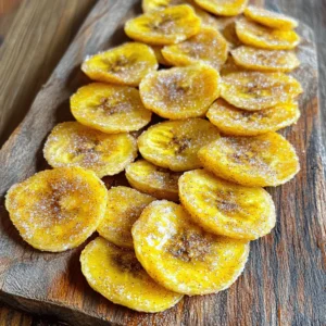 - 3 ripe bananas - 1 tablespoon cinnamon - 2 tablespoons brown sugar (or coconut sugar) - 1 teaspoon lemon juice - Pinch of salt Each serving of these banana chips contains about 120 calories. You get 30 grams of carbs, 1 gram of protein, and 0.5 grams of fats. This snack is low in fat and a fun way to get some nutrients. Bananas are rich in potassium, which helps your heart and muscles. Cinnamon adds flavor and may help with blood sugar control. Together, they create a tasty, healthy treat. I find making these banana chips not only easy but also rewarding. The crispiness and sweetness make them a great snack for any time of the day. For the full recipe, check out the steps and enjoy this delightful crunchy treat! First, peel your bananas. Grab a ripe banana and remove the skin with your hands. Next, slice the bananas thinly. Aim for slices about 1/8 inch thick. This helps them cook evenly. If the slices are too thick, they won’t get crispy. Use a sharp knife or a mandoline for the best results. Now, it’s time to mix flavors. In a bowl, combine the banana slices with lemon juice. This step is key. The lemon juice stops the bananas from turning brown. It also adds a nice zing to the flavor. Toss the slices gently to coat them well. In a separate bowl, mix your cinnamon and brown sugar. Add a pinch of salt to enhance the taste. Stir until everything is well combined. This mixture will give your chips a sweet and spicy kick. Before you cook, preheat your air fryer to 350°F (175°C). This takes about 3-5 minutes. Preheating ensures your banana chips cook evenly. Once the air fryer is ready, arrange the banana slices in a single layer in the basket. Avoid stacking them; this helps them get crispy. Depending on your air fryer size, you may need to cook in batches. Now, air fry the banana slices for 8-10 minutes. Halfway through, shake the basket to flip the chips. Keep an eye on them! Cooking times can vary. You want them golden and crispy, not burnt. After cooking, remove the chips and let them cool on a wire rack. As they cool, they will get even crispier. Enjoy your delicious cinnamon-sugar air fryer banana chips! For a complete guide, check the Full Recipe. For crispy banana chips, slice the bananas about 1/8 inch thick. This thickness allows for even cooking and crispiness. If your slices are too thick, they may stay chewy instead of getting crunchy. Cooking time may also vary based on your air fryer model. Most air fryers need about 8 to 10 minutes at 350°F (175°C). Check your chips halfway through to see if they need more time. Lemon juice plays a key role in keeping bananas fresh. It slows down browning and adds a nice flavor. Toss your banana slices in lemon juice right after cutting. If you don't have lemon juice, you can use lime juice or even vinegar as alternatives. These will help keep your banana chips looking nice and bright. For extra flavor, consider adding spices like nutmeg or ginger. A pinch of cayenne can add a subtle kick. You can also experiment with sweeteners. Try using honey or maple syrup instead of brown sugar. This can change the flavor profile and add a unique twist to your banana chips. {{image_2}} You can mix things up with the flavor of your banana chips. Try a chocolate and cinnamon version for a treat. Melt some dark chocolate and drizzle it over the crispy chips. This adds a rich taste that pairs well with the sweetness of the bananas. Another fun option is to add a nut butter drizzle. Use almond or peanut butter for a creamy contrast. Just warm the nut butter slightly and drizzle it over the chips. This adds protein and makes the snack more filling. If you want dairy-free or vegan options, you can easily swap ingredients. Use coconut sugar instead of brown sugar. This keeps the sweetness but lowers the glycemic index. You can also choose a vegan nut butter for drizzling, as it adds flavor without dairy. For low-sugar options, consider using stevia or monk fruit sweetener. Both can replace sugar without adding extra calories. Just adjust the amount to taste, as these options can be sweeter than sugar. These banana chips are great on their own, but you can pair them too. Try serving them with yogurt for a tasty dip. Greek yogurt works well as it adds creaminess and protein. You can also add banana chips to snack mixes. Toss them with nuts, seeds, and dried fruits. This creates a fun and crunchy snack to enjoy anytime. To keep your cinnamon-sugar air fryer banana chips fresh, use an airtight container. Glass jars or plastic containers work well. Avoid paper bags, as they let moisture in. Store them in a cool, dry place away from direct sunlight. When stored properly, these banana chips last up to a week. After that, they may lose their crispness and flavor. For the best taste and texture, eat them within the first few days. If your banana chips lose their crunch, don’t worry! You can re-crisp them easily. Place the chips in the air fryer at 350°F for about 2-3 minutes. Keep an eye on them to prevent burning. This method restores their crispness without changing the flavor. To keep banana chips from browning, use lemon juice. The acidity in lemon juice slows down the browning process. Simply toss the banana slices in a bowl with one teaspoon of lemon juice. This step adds flavor and helps maintain color. Store your banana chips in an airtight container away from light to prevent further browning. Yes, you can make these banana chips in the oven. Preheat your oven to 200°F (93°C). Arrange the banana slices on a baking sheet lined with parchment paper. Bake for 2-3 hours, flipping halfway through. Keep an eye on them to avoid burning. The banana chips will be crispy when done. Homemade banana chips can last up to a week when stored properly. Keep them in an airtight container at room temperature. If you want them to last longer, you can store them in the fridge. This helps to maintain their crispiness and flavor. For this recipe, use ripe bananas. They should be yellow with a few brown spots. Avoid overripe bananas as they may become mushy. Ripe bananas provide the right sweetness and texture for crunchy chips. Yes, you can use other fruits! Apples, pears, and mangoes work well too. Slice them thinly, just like the bananas. You can also experiment with different spices to add flavor. Enjoy the variety and make your own special chips! This post covered making delicious air-fried banana chips. You learned what ingredients to use, from ripe bananas to cinnamon. We explored healthy benefits and provided easy step-by-step instructions. Tips for perfect texture and flavor enhancements help boost taste. The section on variations shows options for everyone. In the end, you can enjoy tasty snacks that are simple to make. Air-fried banana chips are a fun way to enjoy fruit. Experiment with flavors and substitutes to make them your own!