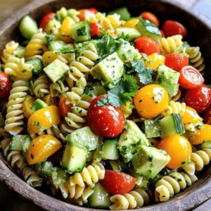 To make a fresh and tasty cilantro lime pasta salad, you will need: - 8 oz (225 g) fusilli or rotini pasta - 1 cup cherry tomatoes, halved - 1 cup cucumber, diced - 1/2 cup red bell pepper, diced - 1/4 cup red onion, finely chopped - 1 avocado, diced - 1/2 cup fresh cilantro, chopped - 1/4 cup olive oil - 3 tablespoons fresh lime juice - 1 teaspoon lime zest - Salt and pepper to taste - 1/4 teaspoon garlic powder - 1/4 teaspoon cumin (optional for added flavor) You can swap some ingredients if needed: - Any short pasta works. Try penne or macaroni instead of fusilli or rotini. - Mix in grape tomatoes or bell peppers of any color. - For a crunchier texture, use radishes instead of cucumbers. - You can replace olive oil with avocado oil for a different taste. - Use lemon juice if you run out of limes. - If you prefer no cilantro, parsley or basil can be good alternatives. For this recipe, gather these tools: - A large pot for boiling pasta - A colander for draining pasta - A cutting board for chopping veggies - A sharp knife for easy cutting - A large mixing bowl for combining everything - A whisk or fork for making the dressing - Measuring cups and spoons for accuracy These tools help you create a delicious cilantro lime pasta salad with ease. Remember, having the right equipment makes cooking more fun! For the full recipe, check out the earlier sections. Start by boiling water in a large pot. Add salt to the water for flavor. Once the water boils, add 8 oz of fusilli or rotini pasta. Cook the pasta according to the package instructions until it is al dente. This means it should still have a slight bite. After cooking, drain the pasta and rinse it under cold water. This stops the cooking and cools it down. While the pasta cooks, chop the fresh veggies. Dice 1 cup of cucumber, 1/2 cup of red bell pepper, and 1/4 cup of red onion. Halve 1 cup of cherry tomatoes. Finally, dice 1 avocado. Make sure to keep the avocado pieces big. This adds a nice texture to the salad. In a small bowl, mix the dressing. Whisk together 1/4 cup of olive oil, 3 tablespoons of fresh lime juice, and 1 teaspoon of lime zest. Add salt and pepper to taste. Then, mix in 1/4 teaspoon of garlic powder and, if you want, 1/4 teaspoon of cumin for extra flavor. Whisk until everything is well blended. In a large mixing bowl, add the cooled pasta. Then, toss in the veggies: cherry tomatoes, cucumber, red bell pepper, red onion, and 1/2 cup of chopped cilantro. This mix looks colorful and fresh. Pour the dressing over the pasta and veggies. Gently toss everything together so that the dressing coats each piece evenly. Next, carefully fold in the diced avocado. This keeps the avocado intact and adds creaminess. Cover the bowl and refrigerate for at least 30 minutes. This helps the flavors mix and become even better. Before serving, give the salad a gentle toss. Taste and adjust seasoning with more salt and pepper if needed. Enjoy your fresh and flavorful cilantro lime pasta salad! For the complete recipe, check out the Full Recipe. To make great pasta, start with a large pot of salted water. Bring it to a rolling boil. Add your pasta and stir it right away. This keeps it from sticking. Follow the cooking time on the package. Aim for al dente, which means firm to the bite. Once cooked, drain the pasta and rinse it under cold water. This stops the cooking and cools it down fast. Perfectly cooked pasta is key to a tasty salad. Making the dressing is easy. In a small bowl, mix olive oil, lime juice, and zest. Add salt, pepper, garlic powder, and cumin if you like. Whisk everything until it blends well. Taste it to check if it feels right. The dressing should be zesty and fresh. If it needs a kick, add more lime juice or salt. A good dressing brings all the flavors of your salad together. Fresh ingredients make this salad pop. Use ripe tomatoes and crunchy cucumbers for the best taste. Try to pick fresh cilantro with bright green leaves. The aroma of fresh herbs boosts flavor. Add avocado last to keep it whole and creamy. Each fresh bite makes the salad exciting. For even more flavor, use seasonal veggies. This way, you enjoy the best tastes nature offers. For the complete recipe, check the Full Recipe section. {{image_2}} You can easily add protein to make this salad heartier. Grilled chicken works well and adds a nice smoky taste. Shrimp also pairs nicely with the fresh flavors. For a quick option, use canned chickpeas or black beans. These protein choices boost nutrition and keep you full longer. To make this salad vegetarian, skip any meat and add more veggies. You can include roasted corn or extra beans. For a vegan version, just ensure your dressing has no honey. Swap honey with agave syrup for sweetness without animal products. Seasonal veggies can brighten your salad and add flavor. In spring, try asparagus or peas. Summer brings zucchini and bell peppers. In fall, consider roasted butternut squash or kale. Winter vegetables like Brussels sprouts or carrots can also work in this dish. Use what is fresh and local for the best taste. For the full recipe, check out the detailed instructions above. You can keep your cilantro lime pasta salad in a sealed container. Store it in the fridge. It will stay fresh for three days. If you want to keep it longer, consider freezing it. However, freezing may change the texture of the veggies. Avocado can brown quickly after cutting. To keep it fresh, squeeze lime juice on it. This helps slow down browning. You can also store it in an airtight container. Press plastic wrap directly onto the avocado. This limits air exposure. This salad is best served cold. If you must reheat it, do so gently. Use a microwave on low heat to warm it up. Be careful not to overheat, as this can ruin the flavors. Alternatively, enjoy it cold straight from the fridge for a refreshing meal. For the full recipe, refer to the earlier section. I recommend using fusilli or rotini pasta. These shapes hold the dressing well. They also catch bits of veggies in each bite. You want a pasta that adds texture and fun to your salad. Yes, you can make this salad ahead of time. It tastes better when the flavors mix. Just prepare it a few hours in advance. Store it in the fridge until you are ready to serve. The salad lasts about 3 days in the fridge. Keep it in an airtight container. After that, the veggies may get soggy. Always check for freshness before eating. You can, but fresh herbs taste best. Dried herbs can work in a pinch. Use about one-third of the amount when using dried. This way, you keep the flavor balanced. Cilantro lime pasta salad pairs well with grilled chicken or fish. You can also serve it with tortilla chips or a fresh fruit salad. These options add variety and complement the flavors nicely. This article covered all you need for a tasty cilantro lime pasta salad. We explored the right ingredients, cooking steps, and tips for flavor. You learned how to customize it with proteins or veggies. Proper storage and reheating tips help keep leftovers fresh. Trust these basics for your next meal—it's easy and fun! You can impress friends or family with this dish. Enjoy making it your own and sharing it with others.