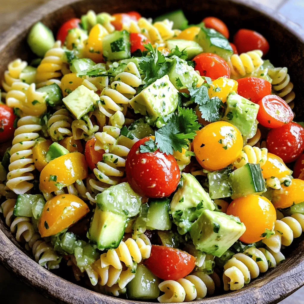 To make a fresh and tasty cilantro lime pasta salad, you will need: - 8 oz (225 g) fusilli or rotini pasta - 1 cup cherry tomatoes, halved - 1 cup cucumber, diced - 1/2 cup red bell pepper, diced - 1/4 cup red onion, finely chopped - 1 avocado, diced - 1/2 cup fresh cilantro, chopped - 1/4 cup olive oil - 3 tablespoons fresh lime juice - 1 teaspoon lime zest - Salt and pepper to taste - 1/4 teaspoon garlic powder - 1/4 teaspoon cumin (optional for added flavor) You can swap some ingredients if needed: - Any short pasta works. Try penne or macaroni instead of fusilli or rotini. - Mix in grape tomatoes or bell peppers of any color. - For a crunchier texture, use radishes instead of cucumbers. - You can replace olive oil with avocado oil for a different taste. - Use lemon juice if you run out of limes. - If you prefer no cilantro, parsley or basil can be good alternatives. For this recipe, gather these tools: - A large pot for boiling pasta - A colander for draining pasta - A cutting board for chopping veggies - A sharp knife for easy cutting - A large mixing bowl for combining everything - A whisk or fork for making the dressing - Measuring cups and spoons for accuracy These tools help you create a delicious cilantro lime pasta salad with ease. Remember, having the right equipment makes cooking more fun! For the full recipe, check out the earlier sections. Start by boiling water in a large pot. Add salt to the water for flavor. Once the water boils, add 8 oz of fusilli or rotini pasta. Cook the pasta according to the package instructions until it is al dente. This means it should still have a slight bite. After cooking, drain the pasta and rinse it under cold water. This stops the cooking and cools it down. While the pasta cooks, chop the fresh veggies. Dice 1 cup of cucumber, 1/2 cup of red bell pepper, and 1/4 cup of red onion. Halve 1 cup of cherry tomatoes. Finally, dice 1 avocado. Make sure to keep the avocado pieces big. This adds a nice texture to the salad. In a small bowl, mix the dressing. Whisk together 1/4 cup of olive oil, 3 tablespoons of fresh lime juice, and 1 teaspoon of lime zest. Add salt and pepper to taste. Then, mix in 1/4 teaspoon of garlic powder and, if you want, 1/4 teaspoon of cumin for extra flavor. Whisk until everything is well blended. In a large mixing bowl, add the cooled pasta. Then, toss in the veggies: cherry tomatoes, cucumber, red bell pepper, red onion, and 1/2 cup of chopped cilantro. This mix looks colorful and fresh. Pour the dressing over the pasta and veggies. Gently toss everything together so that the dressing coats each piece evenly. Next, carefully fold in the diced avocado. This keeps the avocado intact and adds creaminess. Cover the bowl and refrigerate for at least 30 minutes. This helps the flavors mix and become even better. Before serving, give the salad a gentle toss. Taste and adjust seasoning with more salt and pepper if needed. Enjoy your fresh and flavorful cilantro lime pasta salad! For the complete recipe, check out the Full Recipe. To make great pasta, start with a large pot of salted water. Bring it to a rolling boil. Add your pasta and stir it right away. This keeps it from sticking. Follow the cooking time on the package. Aim for al dente, which means firm to the bite. Once cooked, drain the pasta and rinse it under cold water. This stops the cooking and cools it down fast. Perfectly cooked pasta is key to a tasty salad. Making the dressing is easy. In a small bowl, mix olive oil, lime juice, and zest. Add salt, pepper, garlic powder, and cumin if you like. Whisk everything until it blends well. Taste it to check if it feels right. The dressing should be zesty and fresh. If it needs a kick, add more lime juice or salt. A good dressing brings all the flavors of your salad together. Fresh ingredients make this salad pop. Use ripe tomatoes and crunchy cucumbers for the best taste. Try to pick fresh cilantro with bright green leaves. The aroma of fresh herbs boosts flavor. Add avocado last to keep it whole and creamy. Each fresh bite makes the salad exciting. For even more flavor, use seasonal veggies. This way, you enjoy the best tastes nature offers. For the complete recipe, check the Full Recipe section. {{image_2}} You can easily add protein to make this salad heartier. Grilled chicken works well and adds a nice smoky taste. Shrimp also pairs nicely with the fresh flavors. For a quick option, use canned chickpeas or black beans. These protein choices boost nutrition and keep you full longer. To make this salad vegetarian, skip any meat and add more veggies. You can include roasted corn or extra beans. For a vegan version, just ensure your dressing has no honey. Swap honey with agave syrup for sweetness without animal products. Seasonal veggies can brighten your salad and add flavor. In spring, try asparagus or peas. Summer brings zucchini and bell peppers. In fall, consider roasted butternut squash or kale. Winter vegetables like Brussels sprouts or carrots can also work in this dish. Use what is fresh and local for the best taste. For the full recipe, check out the detailed instructions above. You can keep your cilantro lime pasta salad in a sealed container. Store it in the fridge. It will stay fresh for three days. If you want to keep it longer, consider freezing it. However, freezing may change the texture of the veggies. Avocado can brown quickly after cutting. To keep it fresh, squeeze lime juice on it. This helps slow down browning. You can also store it in an airtight container. Press plastic wrap directly onto the avocado. This limits air exposure. This salad is best served cold. If you must reheat it, do so gently. Use a microwave on low heat to warm it up. Be careful not to overheat, as this can ruin the flavors. Alternatively, enjoy it cold straight from the fridge for a refreshing meal. For the full recipe, refer to the earlier section. I recommend using fusilli or rotini pasta. These shapes hold the dressing well. They also catch bits of veggies in each bite. You want a pasta that adds texture and fun to your salad. Yes, you can make this salad ahead of time. It tastes better when the flavors mix. Just prepare it a few hours in advance. Store it in the fridge until you are ready to serve. The salad lasts about 3 days in the fridge. Keep it in an airtight container. After that, the veggies may get soggy. Always check for freshness before eating. You can, but fresh herbs taste best. Dried herbs can work in a pinch. Use about one-third of the amount when using dried. This way, you keep the flavor balanced. Cilantro lime pasta salad pairs well with grilled chicken or fish. You can also serve it with tortilla chips or a fresh fruit salad. These options add variety and complement the flavors nicely. This article covered all you need for a tasty cilantro lime pasta salad. We explored the right ingredients, cooking steps, and tips for flavor. You learned how to customize it with proteins or veggies. Proper storage and reheating tips help keep leftovers fresh. Trust these basics for your next meal—it's easy and fun! You can impress friends or family with this dish. Enjoy making it your own and sharing it with others.