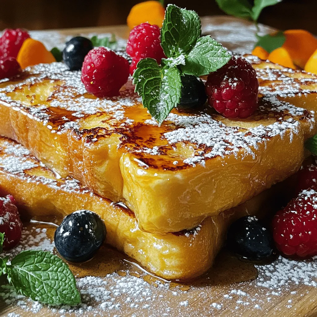 - 1 loaf of brioche bread, sliced thick - 4 large eggs - 2 cups whole milk - 1 cup heavy cream - 1 cup granulated sugar - 1 tablespoon vanilla extract - Fresh berries and mint leaves for garnish - 1 teaspoon ground cinnamon - Pinch of salt - 1/4 cup additional granulated sugar (for brûlée topping) For this recipe, I love using brioche bread. It has a soft texture and a rich flavor, which makes it perfect for soaking in the custard. You’ll whisk the eggs, milk, cream, and sugar together to create a smooth mixture. The vanilla extract adds a nice touch of sweetness and warmth. You can also add ground cinnamon for a hint of spice. It blends perfectly with the creamy texture. If you want to make your dish even fancier, fresh berries and mint leaves work well as a garnish. They add color and freshness to your plate. When you brûlée the top with sugar, it creates a sweet and crunchy layer. This crispy topping contrasts beautifully with the soft French toast. Remember to pick high-quality ingredients. They will enhance the flavors and make your dish stand out. Using these ingredients, you will create a delightful Overnight Crème Brûlée French Toast. Follow the Full Recipe to enjoy this delicious treat! To make the custard, start by whisking together the eggs and dairy. Use four large eggs, two cups of whole milk, and one cup of heavy cream. Mix them in a big bowl until smooth. Next, add in one cup of granulated sugar. Then, pour in one tablespoon of vanilla extract. Lastly, sprinkle in one teaspoon of ground cinnamon and a pinch of salt. This blend gives the custard a rich flavor that makes every bite special. Now it’s time to assemble your dish. First, grease a 9x13 inch baking dish with butter or non-stick spray. This helps the French toast not stick. After that, layer the thick brioche slices in the dish. You can overlap them a bit if needed. Once you have the bread in place, pour the custard mixture evenly over the brioche slices. Make sure each slice gets soaked well for the best flavor. Cover the dish with plastic wrap and place it in the fridge. Let it chill overnight or at least for four hours. This step is key for the bread to soak up the custard. When you’re ready to bake, preheat your oven to 350°F (175°C). Take the dish out of the fridge and let it sit for about 15 minutes at room temperature. Bake the French toast uncovered for 40 to 45 minutes. Check if the custard is set and the top is lightly golden. Once done, let it cool for about five minutes. Then, sprinkle a quarter cup of granulated sugar on top. Use a kitchen torch to caramelize the sugar until it melts and forms a crispy top. If you don’t have a torch, broil it for two to three minutes, but watch it carefully to avoid burning. Slice and serve warm for a delightful treat. For the full recipe, refer to the instructions provided. Using brioche bread is key to making this dish great. Brioche is soft and sweet, which makes it perfect for soaking up the custard. It gives a rich and buttery flavor that other breads can't match. To soak the bread well, you need to be patient. After you layer the brioche in the dish, pour the custard over it slowly. Make sure each slice is covered. Press down gently to help the bread soak up the mix. Let it chill overnight. This gives it time to absorb all the flavors. To get that crunchy top, you can use a kitchen torch or broil it in the oven. A kitchen torch lets you control the heat better. It melts the sugar quickly and gives a nice caramel color. If you don't have a torch, broiling works too. Just watch it closely so it doesn't burn. For the best crispy topping, sprinkle sugar evenly over the surface. The key is to use enough sugar to create a thick layer. Let it cool for a minute after brûléeing. This helps the sugar harden and form a nice crust. For serving, I like to dish it warm. You can cut it into squares or serve it in individual portions. Garnish with fresh berries and mint leaves for a bright touch. A sprinkle of powdered sugar adds a nice, elegant look. These small details make your dish not only tasty but also lovely to look at. The colors and textures will impress your guests. For the full recipe, check out the Overnight Crème Brûlée French Toast. {{image_2}} You can add fun flavors to your Overnight Crème Brûlée French Toast. For a fruity twist, try adding fresh berries or thin slices of bananas. You can also swirl in chocolate chips for a rich touch. If you want to change the flavors, consider adding orange zest or maple syrup. These small changes can make your dish even more special and unique. If you need to make this dish gluten-free, use gluten-free bread. Many brands offer great options that taste just as good. For a vegan version, swap the eggs and dairy for plant-based alternatives. Use almond milk and a flaxseed mixture instead of eggs. This way, everyone can enjoy this treat without worry. You can serve this French toast in different ways. Use individual ramekins for a fancy look or bake it in a larger dish for a family-style meal. If you choose ramekins, each guest gets their own serving. For a brunch, add fresh berries and mint leaves on top. This adds color and makes the dish look even more appealing. To keep your Overnight Crème Brûlée French Toast fresh, store it in an airtight container. Place it in the fridge within two hours of baking. This helps maintain its flavor and texture. It can last for up to three days in the fridge. If you want to keep it longer, consider freezing it. Wrap individual portions tightly in plastic wrap, then place them in a freezer bag. This way, you can enjoy it later without losing its taste. When you’re ready to enjoy leftovers, you can reheat them in several ways. The best method is to use the oven. Preheat your oven to 350°F (175°C). Place the French toast in a baking dish and cover it with foil. Heat for about 15-20 minutes until warmed through. If you're short on time, you can also use the microwave. Just heat for 30 seconds at a time, checking after each interval. To keep the texture fluffy, avoid overheating. You want it warm, not dry. Serve with fresh berries and a sprinkle of sugar for that extra touch. Enjoy your delightful breakfast! Yes, you can prepare this dish ahead of time. The overnight soaking process is key. It allows the bread to soak up the custard mix. This makes the toast soft and tasty. To do this, after you mix your custard, pour it over the bread slices in your dish. Cover it with plastic wrap and place it in the fridge overnight. This way, the flavors blend well, and it's ready to bake in the morning. The best bread for this recipe is brioche. Brioche is soft and rich, perfect for soaking up custard. You can also use challah or French bread. These types have a nice texture and hold moisture well. Avoid using regular sandwich bread; it may turn mushy and not hold its shape. To store leftovers, place them in an airtight container. Keep them in the fridge for up to three days. When you're ready to eat, reheat the slices in the oven. Set your oven to 350°F (175°C) and bake for about 10 minutes. This method keeps the French toast fluffy and warm. You can also use a microwave, but it may make the texture less crispy. If you don’t have a kitchen torch, don't worry. You can use your oven's broiler instead. After baking the French toast, sprinkle sugar on top. Place it under the broiler for 2-3 minutes. Watch it closely to prevent burning. This will give you that nice, crispy top layer. This blog post covered how to make delicious Overnight Crème Brûlée French Toast. You learned about essential ingredients, step-by-step instructions, and helpful tips. We discussed variations for flavors and dietary needs as well as storage and reheating methods. Try this recipe for a brunch treat that’s sure to impress. With your new skills, feel confident to create a dish that's both tasty and beautiful. Enjoy experimenting and sharing this delightful meal with friends and family!