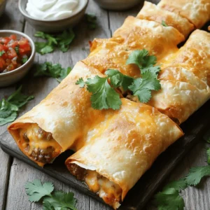 To make Crispy Beef and Cheese Chimichangas, gather these ingredients: - 1 pound ground beef - 1 small onion, finely chopped - 2 cloves garlic, minced - 1 tablespoon chili powder - 1 teaspoon cumin - 1 teaspoon paprika - Salt and pepper to taste - 1 cup shredded cheddar cheese - 1 cup shredded Monterey Jack cheese - 6 large flour tortillas - 1 cup oil (for frying) - Sour cream and salsa (for serving) - Fresh cilantro, chopped (for garnish) You can easily swap some ingredients for different flavors: - Use turkey or chicken instead of ground beef. - Try green onions if you don’t have a small onion. - Swap garlic cloves with garlic powder (1/4 teaspoon per clove). - Use taco seasoning instead of chili powder, cumin, and paprika. - For cheese, mix in pepper jack for a spicy twist. - Corn tortillas work well too but may be less flexible. To make your cooking smooth, you’ll need: - A large skillet for browning the meat - A spatula for mixing and flipping - A large pot for frying - A slotted spoon for removing chimichangas from oil - Paper towels to drain excess oil - A cutting board and knife for chopping These tools make the process easier and help you create delicious chimichangas. For the full recipe, refer to the earlier sections. To make the filling, start by heating a splash of oil in a large skillet over medium heat. Add the finely chopped onion. Sauté it until it softens, about 3-4 minutes. Next, toss in the minced garlic. Stir it for about a minute until it becomes fragrant. Then, add 1 pound of ground beef, chili powder, cumin, paprika, salt, and pepper. Cook this mixture until the beef turns brown and is no longer pink, about 6-7 minutes. Use a spoon to break up any clumps. Once cooked, remove the skillet from heat. Stir in 1 cup of shredded cheddar cheese and 1 cup of Monterey Jack cheese until they melt into the beef. Let this filling cool slightly before you assemble your chimichangas. Now that your filling is ready, it's time to assemble the chimichangas. First, warm the flour tortillas in a dry skillet or microwave. This makes them softer and easier to roll. Take a tortilla and place about 1/3 cup of the beef and cheese mixture in the center. Fold the sides of the tortilla over the filling. Then, roll it up tightly from the bottom to the top to form a chimichanga. Make sure it’s secure, so the filling doesn’t spill out while frying. Repeat this process for all six tortillas. For frying, heat 1 cup of oil in a large pot over medium-high heat until it shimmers. Carefully add each chimichanga, seam-side down, to the hot oil. Fry them for about 3-4 minutes on each side until they turn golden brown and crispy. Be sure not to overcrowd the pot; fry in batches if needed. Once they are crispy, remove them using a slotted spoon. Place the chimichangas on paper towels to drain excess oil. Serve them hot with sour cream, salsa, and a sprinkle of fresh cilantro on top. Enjoy your crispy beef and cheese chimichangas! For the full recipe, check the earlier section. To get that crunchy outside, make sure your oil is hot. Heat oil until it shimmers. Test it by dropping a small piece of tortilla in. If it sizzles, you’re ready! Fry the chimichangas seam-side down first. This keeps them closed. Fry for about 3-4 minutes on each side until golden. Drain on paper towels to remove excess oil. You can prepare the filling a day in advance. Store it in the fridge in an airtight container. When ready, warm the filling before wrapping it in tortillas. For freezing, wrap each chimichanga in plastic wrap. Place them in a freezer bag. They can stay fresh for up to three months. To cook from frozen, fry directly without thawing. Serve your chimichangas with sour cream and salsa for dipping. Fresh cilantro adds color and flavor. You can also pair them with a side of Mexican rice or beans. A light salad with lime dressing refreshes the meal. For a fun twist, add jalapeños for some heat! For the full recipe, check out the complete instructions above. {{image_2}} You can easily make vegetarian chimichangas. Replace the beef with black beans or lentils. Both are full of protein and flavor. Add in some diced bell peppers and corn for extra crunch. You can also mix in some sautéed mushrooms for a hearty bite. Use the same spices to keep the flavor strong. This way, you still get that delicious taste without the meat. Cheese is key to a great chimichanga. While I love cheddar and Monterey Jack, there are many other options. Try using pepper jack for a spicy kick. Feta adds a tangy twist that surprises your taste buds. You can also use a blend of mozzarella and gouda for a creamy texture. Experiment with different cheeses to find your favorite mix. If you like heat, add jalapeños to your filling. Fresh or pickled jalapeños both work well. You can also mix in some diced green chiles for an extra punch. For a smoky flavor, add chipotle powder or smoked paprika. These spices elevate the dish and make it exciting. Adjust the heat to your taste, so everyone can enjoy. To keep your crispy beef and cheese chimichangas fresh, store them properly. First, let them cool down. This step helps prevent sogginess. Place the chimichangas in an airtight container. You can also wrap them in plastic wrap. Keep them in the fridge for up to three days. If you want to store them longer, consider freezing. Just make sure they cool first before freezing. For the best taste, reheat chimichangas in the oven. Preheat your oven to 350°F (175°C). Place the chimichangas on a baking sheet. Heat for about 10-15 minutes. This method keeps them crispy. You can also reheat them in a skillet. Just use low heat and cover the pan. Flip them once for even heating. This will keep the outside nice and crunchy. Cooked chimichangas last for about three days in the fridge. If you freeze them, they can last up to three months. Uncooked chimichangas stay fresh for about two days in the fridge. If you freeze uncooked ones, they can last up to six months. Make sure to label your containers. This way, you’ll know when to use them. For the full recipe, check the main article. Chimichangas are deep-fried burritos. They are crispy on the outside and soft inside. The filling usually includes meat, cheese, and spices. You can find them in many Mexican restaurants. They often come with toppings like salsa or guacamole. They are tasty and filling, making them a favorite for many. Yes, you can bake chimichangas! Baking is a healthier option. To do this, preheat your oven to 425°F (220°C). Place the chimichangas seam-side down on a baking sheet. Brush them lightly with oil for crispiness. Bake for about 20-25 minutes, flipping halfway. They will turn golden and crispy without frying. You can tell chimichangas are done when they are golden brown. If frying, cook each side for 3-4 minutes. For baked chimichangas, check after 20 minutes. The filling should be hot and the tortillas crunchy. You can also use a food thermometer. The inside should reach 165°F (74°C) for safety. For more details, check the [Full Recipe]. Crispy beef and cheese chimichangas are fun and tasty to make. We covered all you need in this post, from the right ingredients to how to fry them perfectly. With easy tips for variations and storing leftovers, you can enjoy them anytime. Remember, the secret to success lies in the details, like achieving that perfect crispiness. So grab your tools and start cooking! Enjoy serving these delicious treats at your next meal.