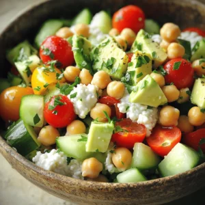 - 1 cup cottage cheese - 1 can (15 oz) chickpeas, rinsed and drained - 1 medium cucumber, diced - 1 bell pepper (any color), diced - 1/4 red onion, finely chopped - 1 cup cherry tomatoes, halved - 1 avocado, diced - 1/4 cup fresh parsley, chopped - 2 tablespoons olive oil - 1 tablespoon lemon juice - 1 teaspoon ground cumin - Salt and pepper to taste Cottage cheese is creamy and rich in protein. It adds a smooth texture to the salad. Chickpeas bring a nutty flavor and a hearty bite. They are full of fiber and great for energy. Cucumbers add crunch and freshness. They help balance the creaminess of the cottage cheese. Bell peppers add sweetness and color. The red onion gives a slight bite, while cherry tomatoes add juicy bursts. Avocado introduces healthy fats and a buttery feel. Fresh parsley brightens the dish and gives a pop of color. This salad is packed with nutrients. One serving contains about: - Calories: 250 - Protein: 15 grams - Carbs: 30 grams - Fiber: 8 grams - Fat: 10 grams The combination of cottage cheese and chickpeas makes this salad filling and nutritious. It is perfect for lunch or a light dinner. Check out the Full Recipe for a simple guide to making this delightful dish! To start, gather all your ingredients. This salad is quick and easy. You will need cottage cheese, chickpeas, cucumber, bell pepper, red onion, cherry tomatoes, avocado, parsley, olive oil, lemon juice, cumin, salt, and pepper. Make sure to rinse and drain the chickpeas well. This helps remove extra salt and gives your salad a fresh taste. In a large bowl, combine the cottage cheese and chickpeas. Stir gently to mix them without smashing the chickpeas. Next, add the diced cucumber, bell pepper, red onion, cherry tomatoes, and avocado. These add crunch and color. Sprinkle the chopped parsley on top for a fresh flavor. Now, let’s make the dressing. In a small bowl, whisk together olive oil, lemon juice, cumin, salt, and pepper. Adjust the salt and pepper to your taste. Pour this dressing over your salad mixture. Toss everything gently to coat the ingredients evenly. Let the salad sit for about 10 minutes. This allows the flavors to mix well. You can serve it chilled or at room temperature. This salad is great for lunch or as a side dish. You can also pack it for picnics. For the full recipe, check the earlier section. Enjoy your fresh and tasty cottage cheese and chickpea salad! To make your salad shine, use fresh ingredients. Fresh veggies taste better and add color. Rinse your chickpeas well to remove the can's liquid. This helps avoid a mushy texture. Cut your veggies into similar sizes for even bites. Mix the cottage cheese with the chickpeas first for a creamy base. Let your salad sit for ten minutes. This time helps the flavors blend well. You can serve this salad at many events. For lunch, add some crusty bread. For a picnic, pack it in a jar for easy sharing. At a barbecue, serve it as a side. It pairs well with grilled meats. For a light dinner, add grilled chicken or shrimp on top. This salad also goes well with a glass of lemonade or iced tea. Avoid using stale herbs or old veggies. They can ruin the taste of your salad. Don’t overdress the salad. Start with a little dressing and add more if needed. Too much dressing can drown the flavors. Lastly, avoid skipping the lemon juice. It adds brightness and balances the dish. For the full recipe, check out the details above. {{image_2}} You can easily make this salad vegetarian or vegan. For a vegetarian option, simply keep the cottage cheese. It adds creaminess and protein. If you want a vegan version, swap the cottage cheese for a plant-based alternative. Look for vegan cottage cheese or use silken tofu. Both options work well and keep the salad tasty. Feel free to mix in extra flavors. Try adding diced olives for a salty kick. You can also throw in some nuts or seeds for crunch. Sunflower seeds or sliced almonds add great texture. If you like spice, add jalapeños or a sprinkle of chili powder. Fresh herbs like basil or dill can brighten the dish even more. You can give this salad a global twist. For a Mediterranean flair, add feta cheese and kalamata olives. Toss in some artichoke hearts for extra flavor. If you want an Indian touch, mix in curry powder and cilantro. For a Mexican vibe, add corn, black beans, and lime juice. Each twist keeps the salad fresh and exciting. You can find the full recipe linked above. Enjoy making it your own! To keep your cottage cheese and chickpea salad fresh, store it in an airtight container. This limits air exposure and keeps your ingredients crisp. Make sure the container is clean and dry before adding your salad. Always place the salad in the fridge right after you finish eating. Cool temperatures help maintain the flavors and textures of your salad. If you have leftover salad, scoop it into a container with a tight lid. Avoid mixing in the dressing if you plan to save it for later. This keeps your salad from getting soggy. You can store it for up to three days. Just remember to stir it gently before serving again. If you want a fresh taste, add a bit more lemon juice or olive oil before serving. Cottage cheese and chickpea salad is best eaten fresh. But you can keep it in the fridge for up to three days. If you need to reheat it, I recommend not using a microwave. The cottage cheese may not hold up well. Instead, let it sit at room temperature for a short while. This way, you can enjoy it just like new. For full instructions, check the Full Recipe. Cottage cheese is high in protein. It helps build and repair muscles. It is also low in fat. This makes it great for a healthy diet. Chickpeas are rich in fiber. They can help with digestion and keep you full longer. Together, they make a filling meal. This salad is good for your heart too. It has healthy fats from olive oil and avocado. They help reduce bad cholesterol levels. Yes, you can make this salad ahead of time. Just prepare it a few hours before you eat. This gives the flavors time to blend. If you want to make it a day before, that works too! Just keep it in the fridge. However, wait to add the avocado until right before serving. It can brown and change the look of the salad. You can easily increase the servings. Just double or triple the ingredients. For example, use 2 cups of cottage cheese and 2 cans of chickpeas. This salad is great for parties or family meals. Keep the same mix of veggies for balance. Adjust the dressing too. More salad means more olive oil and lemon juice. Taste it as you go to get it just right. This blog post covered all you need to know about making a great salad. We went through the right ingredients, step-by-step instructions, and tips for success. You learned how to modify the recipe for different diets and how to store leftovers properly. In closing, salads can be fun, healthy, and easy to make. Don’t be afraid to experiment with flavors and ingredients. Enjoy your delicious creation, and remember to share with friends!