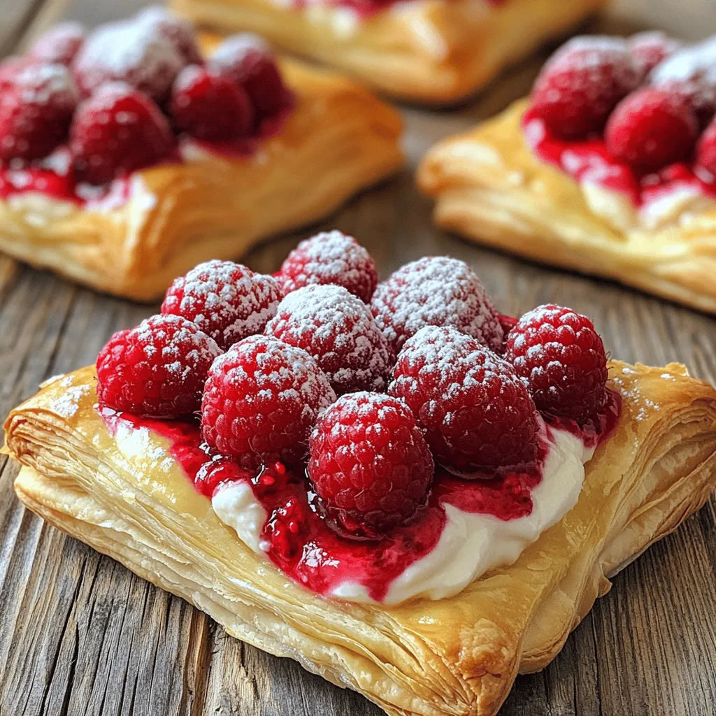 - 1 package (14 oz) frozen puff pastry, thawed - 1 cup fresh raspberries (or frozen, thawed) - 1/4 cup granulated sugar - 1 tablespoon cornstarch - 1 teaspoon vanilla extract - 4 oz cream cheese, softened - 1/4 cup powdered sugar - 1 tablespoon lemon juice - 1 egg, beaten (for egg wash) If you're looking for vegan options, use plant-based cream cheese. For gluten-free needs, seek gluten-free puff pastry. You can also swap raspberries for other fruits, like blueberries or strawberries, for a fun twist. Each serving holds about 200 calories. You get around 10 grams of fat, 25 grams of carbs, and 3 grams of protein. Keep in mind the sugar content is about 5 grams. This tasty treat can fit into many diets, just check your needs. For the full recipe, check the Raspberry Bliss Danish section above. - Preheat your oven to 400°F (200°C). Line a baking sheet with parchment paper. - On a lightly floured surface, roll out the thawed puff pastry. Aim for a rectangle about 1/8 inch thick. Cut this into 6 squares. - In a medium bowl, combine 1 cup of raspberries with 1/4 cup of granulated sugar. Add 1 tablespoon of cornstarch and 1 teaspoon of vanilla extract. Gently mix them together and set aside. - In another bowl, make the cream cheese mixture. Blend 4 oz of softened cream cheese with 1/4 cup of powdered sugar and 1 tablespoon of lemon juice until it is smooth. - For each pastry square, slightly score a border about 1/2 inch from the edge. Be careful not to cut all the way through. This creates a nice frame for the filling. - Spread a small amount of the cream cheese mixture in the center of each square. Spoon the raspberry mixture over the cream cheese, but keep it away from the edges. - Place the filled pastries on the prepared baking sheet. Brush the edges with a beaten egg for a golden finish. - Bake in the preheated oven for 20 to 25 minutes. Look for a golden and puffed appearance. They should smell amazing! To achieve a flaky puff pastry, start with cold ingredients. Keep your butter and water very cold. When you roll out the pastry, do it gently. Avoid pressing too hard. This helps create those lovely layers. When working with cream cheese, make sure it is soft. You can let it sit at room temperature for a bit. This makes mixing easier. Mix it well with the powdered sugar and lemon juice. A smooth blend will taste better. For the best experience, serve your Raspberry Danish with fresh fruit. Strawberries or blueberries pair nicely. You can also enjoy it with a dollop of whipped cream. Ideal beverages include coffee or a light tea. Both drinks balance the sweetness well. A glass of cold milk also works great for kids. Garnish your Danish with powdered sugar for a sweet touch. This adds a nice contrast to the red raspberries. For visual appeal, plate each Danish on a colorful dish. A simple white plate lets the colors pop. You can also add a sprig of mint for a fresh look. For more details on how to make this delightful treat, check out the Full Recipe. {{image_2}} You can easily change the taste of your Raspberry Danish. Try adding lemon zest for a fresh zing. Or, mix in some coconut for a tropical twist. If you want more berries, create a mixed berry option. Use blueberries or blackberries for a colorful and tasty treat. If you follow a vegan diet, you can make a vegan Raspberry Danish. Use plant-based cream cheese in place of regular cream cheese. You can also use maple syrup instead of sugar. For gluten-free options, look for gluten-free puff pastry. Many stores offer great alternatives that taste just as good. Seasonal fruits can give your Danish a fun twist. In summer, try peaches or strawberries. In fall, add apples or pears for a cozy vibe. For holidays, think about using cranberries or pumpkin spice. Each season brings new flavors to enjoy! Raspberry Danish lasts about 3 to 5 days in the fridge. To keep it fresh, place the Danish in an airtight container. This helps prevent it from drying out. You can also wrap it tightly in plastic wrap for added protection. To freeze your Raspberry Danish, start by letting it cool completely. Then wrap each piece in plastic wrap. Place the wrapped pastries in a freezer bag. Make sure to remove as much air as possible. This helps avoid freezer burn. You can freeze them for up to 2 months. When you’re ready to enjoy them, remove the Danish from the freezer. Thaw them in the fridge overnight for best results. If you need them fast, you can also thaw them at room temperature for a few hours. For the best texture, reheat your Raspberry Danish in the oven. Preheat the oven to 350°F (175°C). Place the Danish on a baking sheet and heat for about 10-15 minutes. This method warms them without making them soggy. If using a microwave, heat on low power for 15-20 seconds. This is quick but may make the pastry less crispy. Adjust time based on your microwave's power and check often. Enjoy your delicious Raspberry Danish warm! Yes, you can use frozen raspberries. They are easy to find and work well. If you choose frozen, let them thaw first. Drain any extra juice to avoid a soggy Danish. Fresh raspberries taste great too, but frozen can save time. Look for a nice golden color. The pastry should be puffy and flaky. You can also check if the filling bubbles slightly. If it smells amazing, it's likely ready! Let them cool a bit before serving. Don’t toss those scraps! You can use them for mini tarts or savory pastries. Just roll them out and fill with cheese or veggies. You can also cut shapes and bake them as snacks. Puff pastry is versatile and fun to use. You can find prepared Raspberry Danish at many bakeries and grocery stores. Check the frozen section too; some stores sell frozen versions. Online options are available as well, so you can enjoy them at home without baking! In this post, we explored making a delicious raspberry Danish. We covered ingredients, substitutions, and nutritional info. I shared step-by-step instructions to help you bake with ease. We also discussed tips to perfect your pastry and ways to serve it. Don’t forget to experiment with variations and enjoy your Danish fresh or stored. Whether you’re saving it for later or impressing guests, this recipe makes baking fun and rewarding. Baking should be joy, not stress. Enjoy your time in the kitchen and let your creativity shine!