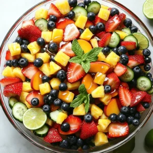 For a tasty summer fruit salad, you need fresh, ripe fruits. Here’s what I use: - 1 cup strawberries, hulled and sliced - 1 cup blueberries - 1 ripe pineapple, diced - 2 ripe peaches, diced These fruits bring great flavor and color to the dish. Strawberries add sweetness, while blueberries give a burst of juice. Pineapple offers a tropical twist, and peaches add a soft texture. To enhance the fruit salad, I add some extra ingredients: - 1 cup cucumber, peeled and diced - ¼ cup fresh mint leaves, chopped - 2 tablespoons honey - 2 tablespoons lime juice - A pinch of sea salt The cucumber brings crunch and freshness. Mint leaves add a bright flavor. Honey and lime juice create a sweet-tart dressing. A pinch of salt boosts all the flavors. For a stunning finish, consider these garnishes: - Extra mint leaves - Lime slices These garnishes make your salad look fancy and add a touch of zest. Serve it in a glass bowl to show off the vibrant colors. For the full recipe, check out Sunny Delight Summer Fruit Salad. First, wash all your fruits well. This step keeps your salad fresh and safe. Hull the strawberries and slice them into small pieces. For blueberries, just rinse them under cold water. Next, take a ripe pineapple. Cut off the skin and core, then dice the fruit. Now, grab two ripe peaches. Dice them into bite-sized pieces. Finally, peel and dice the cucumber. This adds a nice crunch to your salad. In a large mixing bowl, combine the strawberries, blueberries, pineapple, peaches, and cucumber. Make sure to mix them gently to avoid squishing the fruit. Now, let’s make the dressing. In a separate small bowl, whisk together the honey and lime juice until smooth. Drizzle this mixture over the fruit and cucumber. Gently fold everything together until all the pieces are well coated. Sprinkle the chopped mint leaves on top for a burst of flavor. If you like, add a pinch of sea salt to enhance the taste. To serve your salad, use a large glass bowl. This helps show off the bright colors of the fruit. For a special touch, garnish with extra mint leaves and lime slices on the side. Let the salad sit for about 10 minutes before serving. This allows the flavors to meld together. Enjoy your refreshing summer fruit salad! For the full recipe, check the details above. When making a summer fruit salad, picking ripe fruits is key. Look for bright colors and pleasant smells. For strawberries, choose berries that are firm and shiny. Blueberries should be deep blue and plump. Pineapples should feel heavy and have a sweet scent. Peaches should give slightly when you press them. Avoid fruits with blemishes or soft spots. Ripe fruits add sweetness and flavor to your salad. Dressings can boost the taste of your fruit salad. A simple honey-lime dressing works great! Mix honey and lime juice together. The honey adds sweetness, and lime gives a fresh kick. Drizzle this over your fruit mix and toss gently. You can also try yogurt or a sprinkle of cinnamon for different flavors. A pinch of sea salt can heighten the taste of the fruits. Presentation is important for any dish. To show off the colors in your summer fruit salad, use a large glass bowl. This lets the vibrant colors shine through. Add extra mint leaves on top for a pop of green. Slices of lime next to the salad can add a nice touch. You can also serve individual portions in small cups. This makes it easy for guests to grab and enjoy. For the full recipe, check out the Sunny Delight Summer Fruit Salad. {{image_2}} For a taste of the tropics, try this fun twist. Use fruits like mango, kiwi, and papaya. These fruits add sweetness and a nice texture. You can mix in some shredded coconut for a tropical feel. Just chop the fruits into bite-sized pieces. Toss them all together for a bright, sunny dish. This variation is perfect for summer BBQs or beach days. If you love berries, this version is for you. Combine strawberries, raspberries, blackberries, and blueberries. Each berry brings its own flavor and color. You can add a splash of orange juice for extra zest. This medley works well as a light dessert or a snack. It’s fresh and keeps you cool on hot days. Want to impress your guests? Go gourmet with your fruit salad. Use unique fruits like dragon fruit or star fruit. Add a splash of balsamic glaze for a special touch. You might also consider mixing in some nuts for crunch. Almonds or pistachios add protein and flavor. Present it in a fancy bowl to wow everyone at your table. For more ideas, check out the Full Recipe to get started! To keep your summer fruit salad fresh, follow these tips: - Store it in a tight container. - Use glass or plastic with a lid. - Keep it in the fridge. - Add mint only before serving to prevent wilting. These steps help retain the bright colors and great taste of your salad. Your fruit salad lasts about 2 to 3 days in the fridge. Make sure to check for any signs of spoilage. If the fruit looks dull or mushy, it’s best to toss it out. The sooner you eat it, the better the flavor! If you have leftovers, don’t waste them! Here are some fun ways to reuse your salad: - Blend it into a smoothie for breakfast. - Mix it into yogurt for a tasty snack. - Use it as a topping for pancakes or waffles. - Add it to a green salad for extra flavor. These ideas help you enjoy every bite of your delicious Sunny Delight Summer Fruit Salad! For a great summer fruit salad, I recommend using fresh, juicy fruits. Some of the best choices are: - Strawberries - Blueberries - Pineapple - Peaches - Watermelon - Cantaloupe These fruits add vibrant colors and sweet flavors. They also mix well together. You can use any fruit you like, but these are my favorites. Yes, you can make fruit salad ahead of time. However, I suggest you do it wisely. To keep it fresh, store it in the fridge for no more than 24 hours. If you must prepare it earlier, wait to add the dressing until just before serving. This will help the fruit stay firm and not mushy. Making a fruit salad dressing is easy! A simple mix of honey and lime juice works well. Here’s how: 1. In a small bowl, whisk together 2 tablespoons of honey and 2 tablespoons of lime juice. 2. Taste it. If you want more sweetness, add a bit more honey. This dressing adds a nice flavor without being too heavy. You can also try adding fresh herbs like mint for a fun twist. For the full recipe, check out Sunny Delight Summer Fruit Salad! In this post, we explored how to create a refreshing fruit salad. We covered key ingredients, step-by-step instructions, and valuable tips. You learned about different fruit options and how to make your salad pop with garnish. Use our storage tips to keep your salad fresh. With this guide, you now have the tools to impress anyone with your fruit salad. Enjoy the bright flavors and healthy choices. Happy mixing!