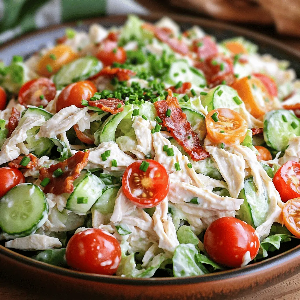 - 2 cups cooked chicken, shredded or diced - 4 cups romaine lettuce, chopped - 1 cup cherry tomatoes, halved - 1 cup crispy lettuce, chopped - 1/2 cup cucumber, diced - 1/4 cup red onion, thinly sliced - 4 slices of crispy turkey bacon, chopped In this salad, I use cooked chicken as the main protein. You can shred or dice it. Romaine lettuce adds a nice crunch. I love adding cherry tomatoes for a burst of flavor. Crunchy lettuce gives extra texture. Diced cucumber cools the salad, while red onion adds a slight bite. Crispy turkey bacon brings in that classic BLT flavor. - 1/2 cup mayonnaise - 2 tablespoons Greek yogurt - 1 tablespoon lemon juice - 1 teaspoon garlic powder - Salt and pepper to taste - Fresh chives, chopped, for garnish For the dressing, I mix mayonnaise and Greek yogurt for creaminess. Lemon juice brightens the flavors. Garlic powder adds depth. I always taste and adjust the salt and pepper, so it’s just right. Finally, I sprinkle fresh chives on top for a pop of color and flavor. You can find the full recipe at the end of the article. To start, gather your ingredients. In a large bowl, combine: - 2 cups cooked chicken, shredded or diced - 4 cups romaine lettuce, chopped - 1 cup cherry tomatoes, halved - 1 cup crispy lettuce, chopped - 1/2 cup cucumber, diced - 1/4 cup red onion, thinly sliced - 4 slices of crispy turkey bacon, chopped Once you have everything in the bowl, toss gently to mix all ingredients. This helps each bite to be full of flavor. Next, let’s make the dressing. In a small bowl, whisk together: - 1/2 cup mayonnaise - 2 tablespoons Greek yogurt - 1 tablespoon lemon juice - 1 teaspoon garlic powder - Salt and pepper to taste Mix until smooth and creamy. This dressing adds a rich taste to our salad. Now it's time to bring it all together. Pour the dressing over the salad mixture. Toss until coated. Make sure every piece of chicken and veggie has dressing. This will make the salad taste amazing. Let the salad sit in the refrigerator for about 10 minutes. This allows the flavors to blend. If you want, you can garnish with fresh chives before serving. For the full recipe, check the details above. Enjoy your fresh and flavorful BLT Chicken Salad! For your BLT Chicken Salad, you can use shredded or diced chicken. Shredded chicken gives a softer texture. Diced chicken adds more bite. Both work well, so choose what you like best. Cook the chicken by roasting, grilling, or boiling. Roasting or grilling often brings out the best flavors. Use leftover chicken to make your prep easier. Letting the salad sit for at least ten minutes makes a big difference. This time allows the flavors to blend better. Adjusting the seasoning is key too. After mixing, taste the salad. If it needs more salt or pepper, add it slowly. A little goes a long way, so mix well after each addition. Serve your salad in a big bowl for sharing. For a fun twist, use individual bowls. Pair the salad with crusty bread or fresh rolls. You can also serve it with a side of fruit. This balance makes for a great meal. For the full recipe, check the section above. {{image_2}} You can change the protein in your BLT Chicken Salad. Try using different types of cooked chicken like grilled, roasted, or even smoked. Each type brings a new flavor. If you're looking for a meatless option, tofu or beans are great substitutes. Tofu absorbs flavors well, while beans add fiber and protein. To add more crunch, think about using other veggies. Carrots, bell peppers, or radishes can give your salad a nice bite. You can also use nuts or seeds like almonds, walnuts, or sunflower seeds. These options add flavor and texture. They also boost the salad's nutrition. You can switch up the dressing too. A vinaigrette-style dressing made with olive oil and vinegar is light and zesty. If you want a creamy option, try yogurt or avocado-based dressings. These alternatives keep the salad fresh while adding a unique taste. For the full recipe, check out the details above! To store leftovers, place the salad in an airtight container. Keep it in the fridge. Use it within three days for the best taste. After that, the ingredients may lose their freshness. You can freeze some components of the salad but not the whole dish. Freeze the cooked chicken and bacon in separate bags. Avoid freezing lettuce and dressing, as they do not thaw well. When ready to eat, thaw chicken and bacon overnight in the fridge. To reheat chicken, use a microwave or stovetop. Warm it gently to keep its juicy texture. Avoid reheating the salad as a whole. Instead, mix in fresh ingredients like lettuce or tomatoes before serving. This keeps everything crisp and tasty. BLT Chicken Salad lasts about three to four days in the fridge. To keep it fresh, store it in an airtight container. The freshness can change based on the chicken's quality and how well you seal the container. If you notice any odd smells or changes in color, it's best to toss it. Yes, you can make this salad ahead of time. I recommend preparing the salad base without the dressing. You can mix the chicken, lettuce, and veggies and store them in the fridge. Just add the dressing right before serving to keep everything crisp. This way, you save time and enjoy fresh taste. The best chicken for this salad is cooked and shredded or diced chicken breast. It has a mild flavor that blends well with other ingredients. You can use rotisserie chicken for ease and flavor. Just remember to remove the skin and bones before using it in the salad. Yes, this recipe is very easy to customize. You can swap out the chicken for turkey or even tofu for a vegetarian option. Feel free to add your favorite veggies, like bell peppers or corn. You can also mix in different dressings to match your taste. Enjoy making it your own! This blog post covered key ingredients and steps to make a tasty BLT Chicken Salad. You learned how to mix fresh greens, seasoned chicken, and a creamy dressing. We also discussed tips for enhancing flavor and storage methods to keep your salad fresh. You can easily swap proteins or add crunch to fit your taste. In summary, this salad is adaptable and simple, perfect for any meal. Enjoy creating your own version!