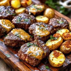 To make Garlic Butter Steak Bites and Potatoes, you need these simple ingredients: - 1 lb sirloin steak, cut into bite-sized pieces - 1 lb baby potatoes, halved - 4 tablespoons unsalted butter - 6 cloves garlic, minced - 1 teaspoon dried thyme - 1 teaspoon smoked paprika - Salt and pepper to taste - Olive oil for drizzling - 2 tablespoons fresh parsley, chopped (for garnish) Each ingredient plays a key role in the dish. The sirloin steak gives you rich flavor and tenderness. Baby potatoes add a nice texture and heartiness. Unsalted butter and garlic create a delicious sauce that coats the steak bites. Dried thyme and smoked paprika bring warmth and depth. Salt and pepper enhance all the flavors, while olive oil helps roast the potatoes perfectly. Fresh parsley adds a pop of color and freshness at the end. To get the best taste, use high-quality ingredients. This ensures your dish shines with flavor. For the full recipe, check out the instructions that guide you through this mouthwatering dish step by step. - Preheat the oven to 400°F (200°C). - Toss halved baby potatoes with olive oil, salt, pepper, and smoked paprika. To make sure the potatoes cook well, coat them evenly. The olive oil helps them get crispy. The smoked paprika adds a nice touch of flavor and color. - Spread potatoes on a baking sheet and roast for 25-30 minutes. Check the potatoes halfway through. Give them a good toss to ensure they brown on all sides. You want them nice and crispy. - Season steak pieces with salt and pepper. - Sear in a skillet with melted butter. While the potatoes roast, let’s focus on the steak. Searing gives the steak a rich flavor. Make sure the skillet is hot before adding the steak. This helps seal in the juices. - Sauté minced garlic and add dried thyme. After cooking the steak, lower the heat to medium. Add more butter to the pan. The garlic will cook quickly, so watch it closely. You want it fragrant but not brown. - Toss the steak in the garlic butter and reheat. This step is key. The steak absorbs the garlic butter flavor, making each bite delicious. Toss well to coat all the pieces. - Arrange crispy potatoes and steak on a platter, garnished with parsley. Look for a nice serving dish. The contrast of the golden potatoes and steak looks great. A sprinkle of fresh parsley adds color and freshness. For the full recipe, check the detailed instructions above. Enjoy your meal! To cook steak bites just right, you need to focus on two main things: doneness and cut. How do I achieve the ideal doneness? - Use a meat thermometer. Aim for 130°F (54°C) for medium-rare. - Sear each side until it’s brown. This gives flavor and locks in juices. - Let the steak rest for a few minutes after cooking. This helps keep it tender. What cut of steak should I choose? - I recommend using sirloin or ribeye. Both are tender and flavorful. - Avoid tougher cuts like flank steak. They need longer cooking times. How can I add more herbs or spices? - Try adding rosemary or oregano for extra aroma. Just a pinch goes a long way. - For heat, mix in some crushed red pepper flakes. What are suggested marinades for steak? - A simple mix of olive oil, soy sauce, and garlic works wonders. - Let the steak marinate for at least 30 minutes for more flavor. How do I achieve maximum crispiness? - Make sure the potatoes are dry before seasoning. Moisture can make them soggy. - Spread them out on the baking sheet so they don’t touch. This helps them crisp up. What are alternative seasonings for potatoes? - Try garlic powder, onion powder, or even Parmesan cheese for a tasty twist. - You can also sprinkle some fresh herbs after baking for added freshness. These tips will help you create Garlic Butter Steak Bites and Potatoes that are perfectly cooked and bursting with flavor. For the complete recipe, check out the [Full Recipe]. {{image_2}} If you want to swap out steak, try chicken or shrimp. Both options work great. Cut chicken into bite-sized pieces. Use a similar cooking method as steak. For shrimp, make sure they are peeled and deveined. Cook them until they are pink and opaque. For a plant-based twist, use mushrooms or tofu. Portobello mushrooms add a rich flavor. Slice them into thick pieces and sauté them. Tofu brings a nice texture. Press and cube it before cooking. Season with salt, pepper, and garlic for an extra kick. Feel free to play with different spice blends or sauces. A touch of cumin can add warmth. Try chili powder for some heat. For sauces, teriyaki or barbecue can transform the dish. Mixing in fresh herbs like basil or cilantro can also enhance flavors. To store leftovers from Garlic Butter Steak Bites and Potatoes, cool them first. Place the steak and potatoes in an airtight container. They stay fresh in the fridge for up to three days. When you reheat, make sure they warm through evenly. You can freeze leftovers, too. First, let the steak bites and potatoes cool completely. Then, place them in freezer-safe bags. Remove as much air as possible before sealing. They can last up to three months in the freezer. To reheat, thaw overnight in the fridge. Warm them in a skillet over low heat until heated through. Meal prep can save time and effort. Cut the steak into bite-sized pieces ahead of time. Store them in the fridge with some seasoning. You can also wash and halve the potatoes in advance. Just keep them in a bowl of water to prevent browning. This way, your Garlic Butter Steak Bites and Potatoes come together quickly on a busy day. To cook steak bites perfectly, start by choosing sirloin or tender cuts. For rare, cook for 2-3 minutes on each side. For medium, aim for 3-4 minutes per side. For well-done, go for 5-6 minutes. Use a meat thermometer for accuracy. Aim for 130°F for rare, 145°F for medium, and 160°F for well-done. Remember, let the steak rest for a few minutes after cooking. This helps the juices stay inside. Yes, you can make Garlic Butter Steak Bites and Potatoes ahead of time. Cook the steak and potatoes, then let them cool. Store in airtight containers in the fridge for up to three days. Reheat them in a skillet over low heat. Add a bit more garlic butter to keep the flavors fresh. This method saves time for busy weeknights. These steak bites and potatoes pair well with several sides. Consider a fresh salad to add crunch and color. Grilled vegetables or steamed broccoli also work great. For a heartier meal, serve with rice or crusty bread. You can even add a dipping sauce for the steak. A chimichurri or garlic aioli adds extra flavor and fun. To make this recipe healthier, choose lean cuts of steak, like flank or tenderloin. Use less butter and replace it with olive oil. You can also add more vegetables. Try tossing in bell peppers or zucchini with the potatoes. For lower carbs, swap baby potatoes for cauliflower. These changes keep the dish tasty while making it more nutritious. Reheat leftover steak bites in a skillet over medium heat. Add a splash of broth or a little olive oil. This helps keep the meat moist and tasty. Stir often to heat evenly. You can also use a microwave, but be careful. Heat in short bursts to avoid overcooking. This keeps the steak juicy and full of flavor. For the full recipe, check out Garlic Butter Steak Bites & Crispy Potatoes. This recipe for Garlic Butter Steak Bites with Potatoes is simple and delicious. We discussed the key ingredients and step-by-step instructions. You learned tips for perfect steak and crispy potatoes. Variations let you explore new flavors or proteins. In summary, enjoy your meal and feel free to experiment! Cooking should be fun and tasty. Try new things and share with others. Happy cooking!