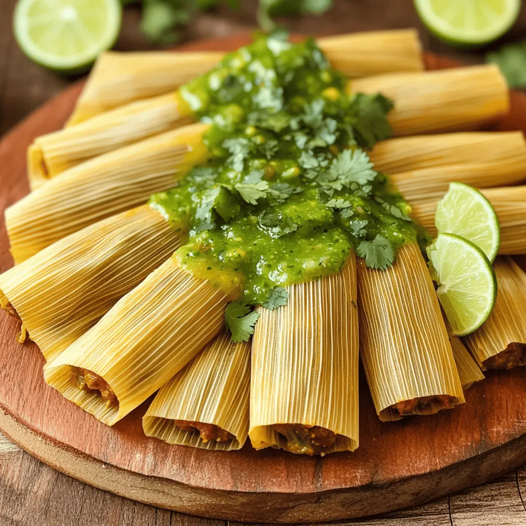 To make delicious tamales, you need a few key ingredients. The main one is masa harina. This corn flour gives tamales their unique taste and texture. You also need baking powder, salt, and vegetable shortening. These help create a light and fluffy dough. For the filling, I like to use cooked shredded chicken or tofu for a vegetarian twist. Salsa verde adds flavor and moisture. Lastly, chopped cilantro brings freshness. Don’t forget the corn husks! Soak them in warm water for about 30 minutes to make them pliable. Traditional tamales use simple ingredients. Masa harina, lard, and a variety of meats or vegetables are common. These ingredients create authentic flavors. However, modern recipes sometimes swap lard for vegetable shortening. This change makes the tamales lighter and suitable for vegetarians. You can also find new fillings today. Options like cheese, beans, and even sweet fillings like chocolate are popular. These variations keep the dish exciting and cater to different tastes. If you can’t find masa harina, try using cornmeal. It will change the texture but still works. For a dairy-free option, replace vegetable shortening with coconut oil. It adds a nice flavor too. If you want a spicier tamale, use a hot salsa instead of salsa verde. For a vegetarian filling, beans or sautéed vegetables are great alternatives. Feel free to mix and match! The beauty of tamales is in their versatility. For the full recipe, check out the Spicy Fiesta Tamales section above. To make the masa dough, start by mixing 2 cups of masa harina with 1 teaspoon of baking powder and 1 teaspoon of salt in a bowl. This mix gives the tamales their base flavor. In another bowl, beat 1/2 cup of vegetable shortening until it's light and fluffy. This step is crucial for a soft texture. Gradually add the masa mix, alternating with 1 1/2 cups of vegetable broth. Keep mixing until the dough is smooth and easy to handle. For the filling, take 1 cup of cooked shredded chicken or tofu if you prefer a vegetarian option. Place it in a bowl. Add 1/2 cup of salsa verde and 1/4 cup of chopped cilantro. Mix everything well until the flavors blend. This filling will add a nice kick to your tamales. Now, it’s time to assemble the tamales. First, soak the corn husks in warm water for about 30 minutes. This makes them easier to work with. Lay one husk smooth side up. Spread about 2 tablespoons of the masa dough in the center, leaving space on the sides. Add 1 tablespoon of your filling right in the middle. Now, fold the sides of the husk over the filling, and then fold up the bottom. This keeps everything secure. Repeat this process until you use all the masa and filling. Next, arrange the tamales upright in a steamer pot. Make sure they stand up and do not fall over. Fill the pot with water, just below the steamer level. Cover the pot with a lid. Steam the tamales for 1 to 1.5 hours. Check the water level occasionally to prevent it from drying out. The tamales are done when the masa pulls away from the corn husk easily. Let them rest for 10 minutes before serving. For a festive touch, serve them on a platter with extra salsa verde and fresh cilantro. This recipe will help you make delicious homemade Mexican tamales, perfect for family gatherings! For the full recipe, check out the details provided above. Making tamales is fun, but mistakes happen. Here are some key points to remember: - Too Much Water: If your masa is too wet, your tamales won’t hold together. Start with less broth and add more as needed. - Skipping the Soak: Always soak corn husks for at least 30 minutes. Dry husks can tear easily. - Overstuffing: Use just enough filling. Too much filling can make tamales burst during cooking. The masa is the heart of your tamales. A great texture is key. Here’s how to get it right: - Use the Right Fat: Vegetable shortening gives a light, fluffy masa. Ensure it’s well-beaten before mixing. - Consistency Check: Your masa should be soft but not sticky. It should easily spread on the husk. - Test It: Drop a small piece of masa in cold water. If it floats, it’s ready! Steaming is vital for a perfect tamale. Follow these tips for great results: - Arrange Upright: Place tamales upright in the steamer. This helps steam circulate evenly. - Monitor Water Levels: Keep an eye on the water level while cooking. Add more water if it gets low. - Use a Tight Lid: A tight-fitting lid keeps steam in. If steam escapes, your tamales may not cook well. Using these tips will enhance your tamale-making experience. Each step matters for delicious results. Enjoy the process! If you want to dive deeper into the recipe, check out the Full Recipe. {{image_2}} You can easily make tamales vegetarian or vegan. Instead of chicken, use tofu or beans. Black beans or pinto beans work great. Add corn, peppers, or mushrooms for extra flavor. For a vegan option, skip the shortening and use coconut oil or avocado oil. This keeps the tamales rich and tasty. The filling options for tamales are endless. You can use shredded beef, pork, or chicken. For a twist, try using cheese and jalapeños for a spicy kick. You can also create sweet tamales with fruits like pineapple or strawberries. Mix in cinnamon and sugar for a dessert version. Each filling adds a unique flavor and makes the tamales special. Tamales are naturally gluten-free when made with masa harina. Always check the brands to ensure they are labeled gluten-free. For a different texture, you can use cornmeal or rice flour. These alternatives will still yield a soft and delicious tamale. Enjoy experimenting with different grains to find your favorite! For the full recipe, check out the details above for a fun family cooking session. Once your tamales are cooked, let them cool. Place them in an airtight container. You can keep them in the fridge for up to four days. This keeps them fresh and ready to eat. If you want to enjoy them later, freezing is a great option. To freeze tamales, first, wrap each one in plastic wrap. Then, place them in a freezer bag. Squeeze out as much air as you can before sealing. This helps prevent freezer burn. You can freeze tamales for up to three months. When you’re ready to eat, just thaw them in the fridge overnight. Reheating tamales is easy! You can steam them to keep them moist. Place tamales in a steamer basket over boiling water. Steam for about 15 to 25 minutes. You can also microwave them. Wrap tamales in a damp paper towel and heat for 1 to 2 minutes. Check if they are warm all the way through before serving. Enjoy your delicious tamales! For the full recipe, check out the instructions above. Tamales can last in the fridge for about 3 to 5 days. Store them in an airtight container. This keeps them fresh and prevents them from drying out. If you want them to last longer, consider freezing them. Yes, you can make tamales in advance. Prepare them a day ahead and store them in the fridge. Just steam them when you’re ready to eat. This saves time and makes serving easy. Serve homemade tamales on a large plate. Drizzle some salsa verde over the top for flavor. You can also add fresh cilantro and lime wedges for a fun touch. This makes the dish colorful and tasty! For more details, check the Full Recipe. In this post, I shared how to make delicious tamales. We talked about key ingredients, like masa and fillings. You learned the steps from making masa to wrapping tamales. I gave tips to avoid common mistakes and improve your tamale-making skills. You can also explore vegetarian options and safe storage methods. Making tamales can be fun and rewarding. With practice, you’ll create tasty meals your friends and family will love. Enjoy experimenting and sharing your own tamale creations!