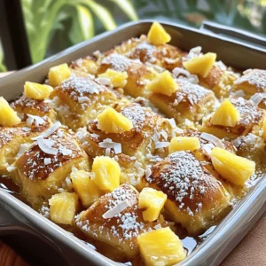- 12 Hawaiian sweet rolls - 6 large eggs - 1 cup milk - 1/2 cup heavy cream - 1/2 cup brown sugar - 1 tablespoon vanilla extract - 1 teaspoon ground cinnamon - 1/4 teaspoon nutmeg - 1/4 cup crushed pineapple (drained) - 1/2 cup shredded coconut (toasted optional) - 1/4 cup chopped pecans or walnuts To make Hawaiian sweet roll French toast bake, gather all your ingredients first. The main ingredients are the Hawaiian sweet rolls, eggs, milk, and heavy cream. These give the dish its creamy and soft texture. Next, we have flavor enhancers like brown sugar, vanilla, cinnamon, and nutmeg. These spices add warmth and sweetness to the dish. For extra fun, you can add optional ingredients. Crushed pineapple brings a bright, tropical flavor. Shredded coconut adds a nice crunch, while nuts like pecans or walnuts give a lovely texture. You can mix and match these add-ins to make your dish unique. For the full recipe, check out the detailed instructions later. Enjoy your cooking! - Preheat your oven to 350°F (175°C). Grease a 9x13 inch baking dish. - In a large bowl, whisk together the eggs, milk, heavy cream, brown sugar, vanilla extract, cinnamon, and nutmeg. Mix until smooth and well combined. - Take the quartered Hawaiian rolls and gently mix them into the egg mixture. Make sure all pieces soak well. - Next, fold in the crushed pineapple. If you want, add the toasted coconut and chopped nuts for extra flavor. Stir carefully to keep the rolls intact. - Cover the dish with foil. Let it sit for about 30 minutes at room temperature, or refrigerate overnight for more flavor. - Bake covered for 25 minutes. Then, remove the foil and bake for an additional 15-20 minutes. Look for a golden top and a set custard. This full recipe creates a tasty breakfast treat. You can serve it warm, drizzled with maple syrup for a delightful touch! - Soaking time for optimal flavor: Let the rolls soak for at least 30 minutes. This helps them absorb the egg mixture. For deeper flavor, chill overnight. The longer they soak, the tastier they become. - Temperature considerations for baking: Preheat your oven to 350°F (175°C). An even temperature ensures a golden top and a soft center. - How to garnish for visual appeal: Top your bake with toasted coconut and fresh pineapple chunks. A dusting of powdered sugar adds a nice touch too. This makes every plate look inviting. - Ideal side dishes to complement the bake: Serve with fresh fruit, like berries or sliced bananas. A light yogurt on the side balances the sweetness. - Tips for keeping leftovers tasty: Store any leftovers in an airtight container. Place them in the fridge for up to three days. This keeps them moist and flavorful. - Reheating techniques for best results: Reheat in the oven at 300°F (150°C) for about 10 minutes. This helps regain that fresh-baked texture. You can also use a microwave, but it may not be as crispy. {{image_2}} You can change this bake to fit your taste! Add tropical fruit like mango or banana for a fresh twist. These fruits will give your dish a bright, sweet flavor. If you prefer a nutty crunch, swap in nuts like almonds or hazelnuts. They add a nice texture and taste. Feel free to mix and match until you find your favorite combination! If you need gluten-free options, use gluten-free sweet rolls. They will work just as well in this bake. For those avoiding dairy, try almond or oat milk instead of regular milk. You can also use coconut cream instead of heavy cream. These swaps will keep the dish creamy and delicious! You can make this dish in individual ramekins for a fun touch. Each person gets their own serving, which looks nice on the table. If you have a brunch gathering, consider making mini versions. Small portions are perfect for guests to sample different flavors. Get creative with your presentation! After you bake your Hawaiian Sweet Roll French Toast Bake, let it cool completely. Then, cover it tightly with plastic wrap or foil. This will help keep it fresh. You can store it in the fridge for up to three days. If you want the best taste, try to eat it within two days. If you want to save it for later, freezing is a great option. Cut the bake into portions. Wrap each piece in plastic wrap, then place them in a freezer bag. This helps avoid freezer burn. You can freeze it for up to three months. When you are ready to eat, take it out and let it thaw in the fridge overnight. To reheat your French toast bake, you can use an oven or microwave. For the oven, preheat it to 350°F (175°C). Place the bake in a baking dish and cover it with foil. Heat for about 15-20 minutes until warm. If you use the microwave, warm it in short bursts, about 30 seconds each time. This keeps it moist. Avoid heating too long, or it might dry out. Yes, you can make this dish ahead of time. To do this, prepare the bake and cover it tightly. You can chill it in the fridge overnight. This step helps the flavors mix well. When you are ready to bake, just remove it from the fridge. Let it sit at room temperature for about 30 minutes before baking. This way, it cooks evenly. If you want to try something different, use other types of sweet bread. You might like brioche or challah rolls. These options add their own flavor. You can also use regular dinner rolls for a simpler taste. Feel free to experiment with different flavors to find your favorite. To make the dish more kid-friendly, swap some ingredients. You can use whole milk instead of heavy cream. You might also try a little less sugar for less sweetness. If your kids dislike coconut, leave it out. You can also add chocolate chips for a fun twist. They will love the extra sweetness! Yes, you can make this bake vegan. Use plant-based milk, like almond or oat milk. Instead of eggs, use flaxseed meal mixed with water. This mix will help bind the dish. For heavy cream, try coconut cream or a non-dairy substitute. The taste will still be delicious, and everyone can enjoy it! For the full recipe, check out the [Full Recipe]. This blog post shared a delicious recipe for a Hawaiian sweet roll bake. We discussed the main ingredients needed for this dish and the flavor enhancers that take it to the next level. I provided step-by-step instructions for preparation, assembly, and baking. You also learned tips for serving, storing, and adjusting the recipe to fit your diet. Now, get cooking and enjoy a tasty treat at your next gathering!