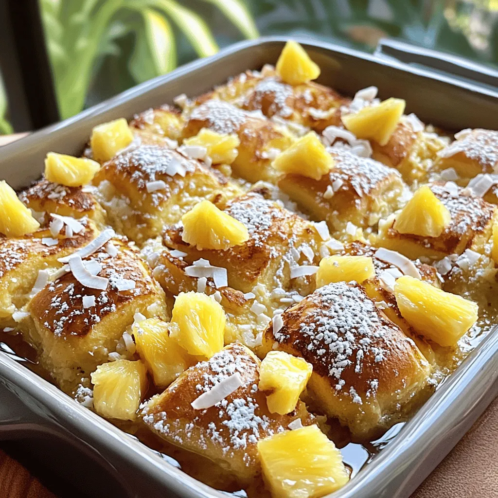 - 12 Hawaiian sweet rolls - 6 large eggs - 1 cup milk - 1/2 cup heavy cream - 1/2 cup brown sugar - 1 tablespoon vanilla extract - 1 teaspoon ground cinnamon - 1/4 teaspoon nutmeg - 1/4 cup crushed pineapple (drained) - 1/2 cup shredded coconut (toasted optional) - 1/4 cup chopped pecans or walnuts To make Hawaiian sweet roll French toast bake, gather all your ingredients first. The main ingredients are the Hawaiian sweet rolls, eggs, milk, and heavy cream. These give the dish its creamy and soft texture. Next, we have flavor enhancers like brown sugar, vanilla, cinnamon, and nutmeg. These spices add warmth and sweetness to the dish. For extra fun, you can add optional ingredients. Crushed pineapple brings a bright, tropical flavor. Shredded coconut adds a nice crunch, while nuts like pecans or walnuts give a lovely texture. You can mix and match these add-ins to make your dish unique. For the full recipe, check out the detailed instructions later. Enjoy your cooking! - Preheat your oven to 350°F (175°C). Grease a 9x13 inch baking dish. - In a large bowl, whisk together the eggs, milk, heavy cream, brown sugar, vanilla extract, cinnamon, and nutmeg. Mix until smooth and well combined. - Take the quartered Hawaiian rolls and gently mix them into the egg mixture. Make sure all pieces soak well. - Next, fold in the crushed pineapple. If you want, add the toasted coconut and chopped nuts for extra flavor. Stir carefully to keep the rolls intact. - Cover the dish with foil. Let it sit for about 30 minutes at room temperature, or refrigerate overnight for more flavor. - Bake covered for 25 minutes. Then, remove the foil and bake for an additional 15-20 minutes. Look for a golden top and a set custard. This full recipe creates a tasty breakfast treat. You can serve it warm, drizzled with maple syrup for a delightful touch! - Soaking time for optimal flavor: Let the rolls soak for at least 30 minutes. This helps them absorb the egg mixture. For deeper flavor, chill overnight. The longer they soak, the tastier they become. - Temperature considerations for baking: Preheat your oven to 350°F (175°C). An even temperature ensures a golden top and a soft center. - How to garnish for visual appeal: Top your bake with toasted coconut and fresh pineapple chunks. A dusting of powdered sugar adds a nice touch too. This makes every plate look inviting. - Ideal side dishes to complement the bake: Serve with fresh fruit, like berries or sliced bananas. A light yogurt on the side balances the sweetness. - Tips for keeping leftovers tasty: Store any leftovers in an airtight container. Place them in the fridge for up to three days. This keeps them moist and flavorful. - Reheating techniques for best results: Reheat in the oven at 300°F (150°C) for about 10 minutes. This helps regain that fresh-baked texture. You can also use a microwave, but it may not be as crispy. {{image_2}} You can change this bake to fit your taste! Add tropical fruit like mango or banana for a fresh twist. These fruits will give your dish a bright, sweet flavor. If you prefer a nutty crunch, swap in nuts like almonds or hazelnuts. They add a nice texture and taste. Feel free to mix and match until you find your favorite combination! If you need gluten-free options, use gluten-free sweet rolls. They will work just as well in this bake. For those avoiding dairy, try almond or oat milk instead of regular milk. You can also use coconut cream instead of heavy cream. These swaps will keep the dish creamy and delicious! You can make this dish in individual ramekins for a fun touch. Each person gets their own serving, which looks nice on the table. If you have a brunch gathering, consider making mini versions. Small portions are perfect for guests to sample different flavors. Get creative with your presentation! After you bake your Hawaiian Sweet Roll French Toast Bake, let it cool completely. Then, cover it tightly with plastic wrap or foil. This will help keep it fresh. You can store it in the fridge for up to three days. If you want the best taste, try to eat it within two days. If you want to save it for later, freezing is a great option. Cut the bake into portions. Wrap each piece in plastic wrap, then place them in a freezer bag. This helps avoid freezer burn. You can freeze it for up to three months. When you are ready to eat, take it out and let it thaw in the fridge overnight. To reheat your French toast bake, you can use an oven or microwave. For the oven, preheat it to 350°F (175°C). Place the bake in a baking dish and cover it with foil. Heat for about 15-20 minutes until warm. If you use the microwave, warm it in short bursts, about 30 seconds each time. This keeps it moist. Avoid heating too long, or it might dry out. Yes, you can make this dish ahead of time. To do this, prepare the bake and cover it tightly. You can chill it in the fridge overnight. This step helps the flavors mix well. When you are ready to bake, just remove it from the fridge. Let it sit at room temperature for about 30 minutes before baking. This way, it cooks evenly. If you want to try something different, use other types of sweet bread. You might like brioche or challah rolls. These options add their own flavor. You can also use regular dinner rolls for a simpler taste. Feel free to experiment with different flavors to find your favorite. To make the dish more kid-friendly, swap some ingredients. You can use whole milk instead of heavy cream. You might also try a little less sugar for less sweetness. If your kids dislike coconut, leave it out. You can also add chocolate chips for a fun twist. They will love the extra sweetness! Yes, you can make this bake vegan. Use plant-based milk, like almond or oat milk. Instead of eggs, use flaxseed meal mixed with water. This mix will help bind the dish. For heavy cream, try coconut cream or a non-dairy substitute. The taste will still be delicious, and everyone can enjoy it! For the full recipe, check out the [Full Recipe]. This blog post shared a delicious recipe for a Hawaiian sweet roll bake. We discussed the main ingredients needed for this dish and the flavor enhancers that take it to the next level. I provided step-by-step instructions for preparation, assembly, and baking. You also learned tips for serving, storing, and adjusting the recipe to fit your diet. Now, get cooking and enjoy a tasty treat at your next gathering!