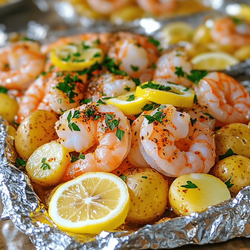 - 1 pound large shrimp, peeled and deveined - 2 ears of corn, husked and cut into quarters - 1 pound baby potatoes, halved - 1 tablespoon Old Bay seasoning - 2 tablespoons olive oil - 1 teaspoon smoked paprika - Salt and pepper to taste - 1 lemon, sliced - Fresh parsley, chopped (for garnish) The ingredients in this shrimp boil foil pack create a blend of flavors that delight. The large shrimp bring a sweet and tender bite. Corn offers a burst of sweetness, while baby potatoes add heartiness. Each ingredient plays a part in creating a balanced dish. For seasonings, Old Bay seasoning is a classic choice. It gives a savory kick that pairs well with seafood. Olive oil adds richness and helps coat the ingredients. Smoked paprika introduces a subtle smokiness that enhances the overall taste. Salt and pepper round out the flavors, ensuring each bite is delicious. For garnishing, lemon slices not only add flavor but also brighten the dish. Fresh parsley adds a pop of color and freshness. Together, these ingredients make your shrimp boil foil packs a tasty and visually appealing meal. For the full recipe, check here. - Preheat your oven to 400°F (200°C). - In a large mixing bowl, combine shrimp, corn, and potatoes. This first step is simple but crucial. Preheating your oven ensures even cooking. While the oven heats, gather your fresh ingredients. Mixing shrimp, corn, and potatoes creates a colorful base for your dish. - Toss with minced garlic, seasonings, and olive oil. - Ensure everything is evenly coated for flavor. Next, add minced garlic to the bowl. Garlic brings a rich taste that pairs well with shrimp. Then, sprinkle in Old Bay seasoning and smoked paprika. These spices add depth and warmth. Drizzle the olive oil over the mixture to help everything blend together. Toss it well! You want every piece coated with flavor. - Lay out aluminum foil for packets and divide mixture. - Bake in the oven for 20–25 minutes and serve. Now, lay out large sheets of aluminum foil on your counter. Divide the shrimp and vegetable mixture onto the foil. Top each portion with lemon slices. The lemon will add a zesty touch. Fold the foil tightly to seal in the steam. Place the packets on a baking sheet. Bake in the oven for 20-25 minutes. When done, carefully open the packets. Watch out for steam! Garnish with fresh parsley to make it pop. Enjoy this shrimp boil foil pack with family or friends! - Use fresh, high-quality ingredients for best flavor. - Monitor cooking time to prevent overcooking shrimp. When you cook shrimp, freshness matters. Try to buy shrimp from a trusted source. Look for shrimp that smells like the ocean, not fishy. The same goes for your veggies. Choose firm baby potatoes and sweet corn. This will make your dish pop with flavor. Timing is key. Shrimp cook quickly, usually about 3-5 minutes. If you leave them in too long, they can turn rubbery. Keep a close eye on your foil packs. Check them at the 20-minute mark. If the shrimp are pink and firm, you are ready to eat! - Serve packets directly on the table for a communal experience. - Consider adding lemon wedges for extra flavor. Serving your shrimp boil foil packs right on the table is fun. It creates a cozy vibe. Everyone can help themselves, making it a shared experience. Just open the foil and let the delicious steam escape! Adding lemon wedges is a great idea. The citrus juice brightens the flavors. You can squeeze some on the shrimp and veggies right before you dig in. It really enhances the taste and adds a fresh kick. - Experiment with different seasonings or add some heat with cayenne pepper. Feel free to get creative with flavors. Old Bay seasoning is classic, but you can try others too. Cajun spices or garlic herb mixes work well. If you like it spicy, add cayenne pepper for a kick. Just a pinch can change the whole dish! You can also add fresh herbs like dill or cilantro for a new twist. Mixing and matching flavors can lead to your perfect shrimp boil foil pack. Don't be afraid to experiment! {{image_2}} You can switch shrimp with scallops or chicken. Scallops give a sweet taste. Chicken adds a hearty feel. Both options work well with the same spices. Just be sure to adjust cooking times. Scallops cook fast, while chicken needs more time. Adding more veggies makes the dish colorful. Try bell peppers for sweetness and crunch. Onions add a nice bite. Zucchini brings a soft texture. Mix and match your favorites. More veggies mean more flavor and nutrition. Experiment with different spice blends. Cajun seasoning adds heat and zest. Garlic herb mix brings a fresh taste. You can even create your own blend. Just combine spices you like for a fun twist. A new flavor can change the whole meal! Store leftovers in an airtight container in the refrigerator for up to 2 days. This keeps the shrimp moist and the flavors fresh. I like to use glass containers for easy viewing of what’s inside. Freeze cooked packs for up to 3 months. Before serving, reheat thoroughly to make sure everything is hot. I suggest dividing portions for easy meal prep. Just remember to label your containers with dates. Reheat in the oven for best results. This method keeps the shrimp and veggies from getting soggy. If you are in a hurry, you can use the microwave. Just add a splash of water to keep moisture in. Yes, you can assemble them in advance and refrigerate until ready to cook. This makes meal prep easy and helps you save time on busy nights. Just remember to seal the foil packs tightly to keep everything fresh. You can include crab or lobster for a more luxurious dish. Both options add a rich flavor and elevate the meal. If you love seafood, feel free to mix and match your favorites! Shrimp is done when it turns pink and opaque; it should be firm to the touch. Keep an eye on the color change. Overcooked shrimp can become rubbery, so check them at the 20-minute mark. Yes, Shrimp Boil Foil Packs can be grilled; just adjust cooking time as needed. Cooking on a grill adds a nice smoky flavor. Aim for about 10-15 minutes on medium heat. Always check for doneness! For the full recipe, you can refer back to the main section. Enjoy your cooking! This blog post shared a simple way to make Shrimp Boil Foil Packs. We covered main ingredients like shrimp, corn, and potatoes, along with key seasonings. I offered tips for cooking, serving, and storage, plus fun variations. Don't hesitate to try this dish at your next gathering. It’s easy and delicious. You can mix and match ingredients for your perfect meal. Enjoy your cooking adventure!