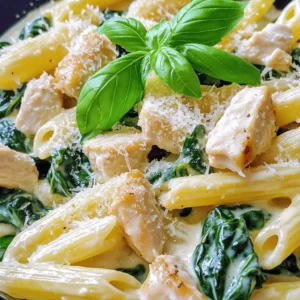 Here’s what you need to make this dish: - 8 oz (225g) penne pasta - 1 tablespoon olive oil - 2 boneless, skinless chicken breasts, diced - 2 cups fresh spinach, chopped - 3 cloves garlic, minced - 1 teaspoon Italian seasoning - 1 cup heavy cream - ½ cup grated Parmesan cheese - Salt and pepper to taste - Fresh basil leaves for garnish These ingredients blend well to create a creamy and tasty pasta dish. If you lack an ingredient, here are some easy swaps: - Pasta: You can use any pasta shape like fusilli or rotini. - Olive oil: Try using avocado oil for a different flavor. - Chicken: Substitute with shrimp or tofu for a new twist. - Spinach: Kale or arugula can work in place of spinach. - Heavy cream: Use half-and-half or a dairy-free cream alternative. - Parmesan cheese: Nutritional yeast gives a cheesy flavor for vegan options. These swaps keep the dish delicious while catering to your pantry. Each serving of Easy Spinach Chicken Pasta includes: - Calories: 480 - Protein: 30g - Carbohydrates: 45g - Fat: 22g - Fiber: 3g This meal offers a good balance of nutrients while being satisfying and tasty. Enjoy making this dish as a wholesome option! For the complete cooking instructions, check the [Full Recipe]. This recipe is simple and quick. You will need about 30 minutes. Start by gathering your ingredients. Chop the spinach, dice the chicken, and mince the garlic. This makes cooking faster and easier. 1. Cook the Pasta: First, bring a large pot of salted water to a boil. Add 8 oz of penne pasta. Cook according to the package instructions until it is al dente. Drain the pasta and set it aside. 2. Prepare the Chicken: In the same pot, heat 1 tablespoon of olive oil over medium heat. Add 2 diced chicken breasts. Season with salt, pepper, and 1 teaspoon of Italian seasoning. Sauté until the chicken is golden and cooked through, about 5-7 minutes. 3. Add Garlic: Add 3 minced garlic cloves to the pot. Cook for about 1-2 minutes until you smell the garlic’s strong flavor. 4. Add Spinach: Stir in 2 cups of chopped spinach. Cook until the spinach wilts, which should take about 2-3 minutes. 5. Make the Sauce: Pour in 1 cup of heavy cream. Bring it to a gentle simmer. Cook for about 3-4 minutes, stirring often, until the sauce thickens a little. 6. Combine Everything: Add the drained penne pasta to the sauce. Toss in ½ cup of grated Parmesan cheese. Mix well so the pasta is fully coated in the creamy sauce. 7. Season and Serve: Taste the dish. Add more salt and pepper if needed. Serve it hot with fresh basil leaves on top for color and flavor. - Use fresh ingredients. Fresh spinach and garlic will give the best flavor. - Don’t overcook the pasta. It should be firm, or al dente. - Adjust the cream for a richer or lighter sauce. You can use less if you prefer. - Consider adding other veggies like bell peppers or mushrooms for more taste. - Always taste before serving to adjust seasoning. For the complete recipe, check out the Full Recipe. One common mistake is overcooking the pasta. Always cook it al dente. This helps the pasta stay firm and not mushy. Another mistake is not seasoning the chicken. Season it well with salt, pepper, and Italian seasoning. This adds flavor. Lastly, don’t skip the garlic. It adds a nice taste and aroma to the dish. You can prepare this dish ahead of time. Cook the pasta and chicken as directed. Let them cool before storing. Keep the sauce separate in the fridge. When ready to eat, combine them and heat gently. This makes meal prep easy. You’ll save time on busy nights. Serve this dish hot for the best taste. Pair it with a fresh salad for a balanced meal. Garlic bread goes well with it, too. You can also add a sprinkle of extra Parmesan cheese on top. This adds a nice touch and more flavor. Enjoy your Easy Spinach Chicken Pasta! For the full recipe, check the main article. {{image_2}} You can easily switch ingredients in this dish. If you want a lighter sauce, swap heavy cream for Greek yogurt. This change keeps the dish creamy but cuts calories. You can also use chicken thighs instead of breasts. They add great flavor and stay moist. For a tangy touch, try adding sun-dried tomatoes or artichoke hearts. To make this dish vegetarian, replace the chicken with mushrooms or chickpeas. They both add protein and texture. If you want a vegan version, use cashew cream or coconut milk instead of heavy cream. Nutritional yeast can replace Parmesan cheese for a cheesy taste. Add more veggies like bell peppers or zucchini for extra nutrients. While penne works great, you can use other pasta shapes. Fusilli or farfalle are good choices. They hold sauce well and add fun to your plate. You can also try whole wheat or gluten-free pasta for a healthier option. Just cook them according to the package directions. This way, you can enjoy Easy Spinach Chicken Pasta in many tasty ways! For the complete instructions, check the Full Recipe. To store leftovers, let the pasta cool to room temperature. Then, place it in an airtight container. This keeps the pasta fresh for up to three days in the fridge. Make sure to seal it well to avoid any odors from other foods. If you want to keep it longer, freezing works great too. To freeze Easy Spinach Chicken Pasta, portion it into freezer-safe bags. Remove as much air as possible before sealing. You can freeze it for up to three months. When you are ready to eat, just thaw it overnight in the fridge. This helps maintain the flavor and texture. Reheating is simple. For the best results, use the stovetop. Add a splash of water or broth to the pan to add moisture. Heat on low, stirring often until warmed through. You can also use the microwave. Heat in short bursts, stirring in between. This way, your pasta stays creamy and tasty. For more details, check the Full Recipe. To make Easy Spinach Chicken Pasta gluten-free, use gluten-free penne pasta. Many brands offer great options. Check the labels to ensure they meet your needs. The cooking steps stay the same. Just cook the gluten-free pasta according to the package. The sauce and chicken remain gluten-free as well. Yes, you can prepare this dish in advance. Cook the pasta and chicken as normal. Store them separately from the sauce. Keep both in airtight containers in the fridge. When ready to eat, combine everything in a pan. Heat it up until warm. This makes it easy to enjoy later. Easy Spinach Chicken Pasta pairs well with many sides. A simple garden salad adds freshness. Garlic bread complements the creamy sauce nicely. You could also serve cooked vegetables for extra nutrients. For a special touch, try a light white wine. It enhances the meal, making it even more enjoyable. Enjoy your meal! In this article, we explored the key ingredients for Easy Spinach Chicken Pasta, focusing on smart substitutions and nutritional facts. We provided clear, step-by-step instructions to help you master the dish. I also shared tips to avoid common mistakes and enhance your cooking experience. You learned about variations and how to store leftovers for later enjoyment. When you try this recipe, you'll create a delicious meal. Remember, good food brings joy. Enjoy your cooking journey!