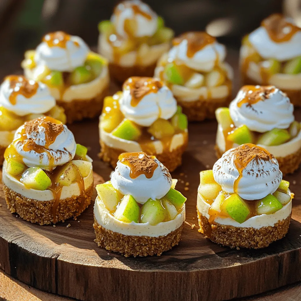 - 1 cup graham cracker crumbs - 8 ounces cream cheese, softened - 1 1/2 cups finely diced apples - 2 tablespoons sugar - 1/2 cup caramel sauce (store-bought or homemade) - Whipped cream, for topping (optional) - Mini muffin tin - Mixing bowls - Electric mixer The mini caramel apple cheesecake bites pull together flavors we love. The graham cracker crumbs create a sweet crust. Softened cream cheese gives it a rich base. Fresh apples add a juicy crunch. These bites hold a wonderful mix of sweet and tart. To make these bites, you need some simple tools. A mini muffin tin is key for shaping each bite. Mixing bowls help bring everything together. An electric mixer makes it easy to whip cream cheese into a smooth blend. When you gather your ingredients, ensure they are fresh. Fresh apples make a big difference in taste. Whether you choose store-bought caramel or make your own, both options work great. For the full recipe, remember to check the steps to achieve perfect bites every time! 1. Preheat your oven to 325°F (160°C). This step ensures your crust bakes evenly. 2. In a medium bowl, combine the graham cracker crumbs, 2 tablespoons sugar, and melted butter. Mix until the crumbs stick together. 3. Press about 1 tablespoon of this mixture into the bottom of each mini muffin cup. This forms a solid crust. 4. Bake in the preheated oven for about 5 minutes. Remove and let cool. 1. In another bowl, beat the softened cream cheese with 1/2 cup sugar and vanilla extract until creamy. This makes a smooth filling. 2. Add the egg and mix until fully incorporated. This adds richness to the filling. 1. In a small bowl, toss the diced apples with the cinnamon until evenly coated. This adds great flavor to your bites. 2. Fold the cinnamon apples into the cream cheese mixture. This step combines all the tasty ingredients. 3. Spoon the cheesecake mixture over the baked crusts in the mini muffin tin. Fill each cup about 3/4 full. 4. Bake for 15-18 minutes, or until the centers are set. The cheesecakes should have a slight jiggle in the middle. 5. Remove from the oven and let them cool at room temperature for about 15 minutes. 6. Transfer to the refrigerator to chill for at least 1 hour. 7. Before serving, drizzle the cooled mini cheesecakes with caramel sauce. Optionally, top with whipped cream. This recipe is simple yet rewarding. You can find the full recipe for more details on the process. To make your mini caramel apple cheesecake bites truly special, focus on the texture. Avoid overmixing the batter. This helps keep your cheesecake light and creamy. When you mix too much, air gets in, making it too fluffy. A smooth blend is all you need. Let the cheesecake cool gradually. After baking, let them sit at room temperature for about 15 minutes. Then, transfer them to the fridge for at least 1 hour. This cooling step helps set the cheesecake perfectly. When it's time to serve, drizzle with caramel sauce. This adds a rich layer of flavor. It looks great and tastes even better! You can also use whipped cream for extra indulgence. A dollop on top makes each bite even creamier. To make your bites look stunning, add a sprinkle of chopped nuts on top. Walnuts or pecans give a nice crunch. You can also use additional apples or a dash of cinnamon for garnish. This adds a pop of color and flavor, making your bites irresistible. These tips will help you create mini caramel apple cheesecake bites that wow your guests. For more details, check the Full Recipe. {{image_2}} You can easily switch up the fruit in these bites. Instead of apples, try pears or peaches. These fruits still bring sweetness and a nice texture. You can also experiment with berries, like raspberries or blueberries. They add a fresh and tangy kick to the cheesecake. If you want a richer taste, add chocolate chips to the filling. This will give your bites a decadent twist that chocolate lovers will enjoy. Another fun idea is to incorporate pumpkin spice. This adds warmth and depth, perfect for fall gatherings. For those with gluten needs, use gluten-free graham crackers. This keeps the recipe safe for everyone. If you need a dairy-free option, swap the cream cheese for dairy-free cream cheese. This way, everyone can enjoy these tasty treats without worry. Remember, you can find the full recipe for Mini Caramel Apple Cheesecake Bites in the earlier sections. You can keep mini caramel apple cheesecake bites in the fridge. Place them in an airtight container. They stay fresh for up to 5 days. If you want to save them for longer, you can freeze them. They will last up to 2 months in the freezer. When you’re ready to eat your frozen bites, thaw them overnight in the fridge. For the best taste, serve them chilled. This way, the flavors shine and the texture stays nice. If you have a party or a gathering, double the recipe. It makes a lot of bites, which everyone will love. You can also prepare the crust and filling ahead of time. This saves you stress and time on the day of your event. Making it easy for you to enjoy with friends and family. Yes, you can make them a day in advance and store them in the refrigerator. This helps the flavors blend, giving you a richer taste. Just cover them well with plastic wrap or place them in an airtight container. When you’re ready to serve, just add the caramel sauce and any toppings. You can use Greek yogurt or vegan cream cheese alternatives. Greek yogurt adds a nice tang and keeps the bites creamy. Vegan cream cheese works well for those avoiding dairy. Both options will keep the cheesecake bites light and delicious. The centers should be set with a slight jiggle, while the edges appear lightly golden. A toothpick inserted in the middle will come out mostly clean. This means they are ready to cool. Remember, they will firm up as they chill in the fridge. For the complete recipe, check out the [Full Recipe]. Enjoy making these bites! You learned how to make mini caramel apple cheesecake bites. We covered the key ingredients, tools, and step-by-step instructions. I shared tips on getting the right texture and serving ideas. You can customize the recipe with different fruits and flavors. Remember to store your treats properly for the best taste. These bites are perfect for any gathering or a sweet treat at home. Enjoy making and sharing these delicious desserts with friends and family!