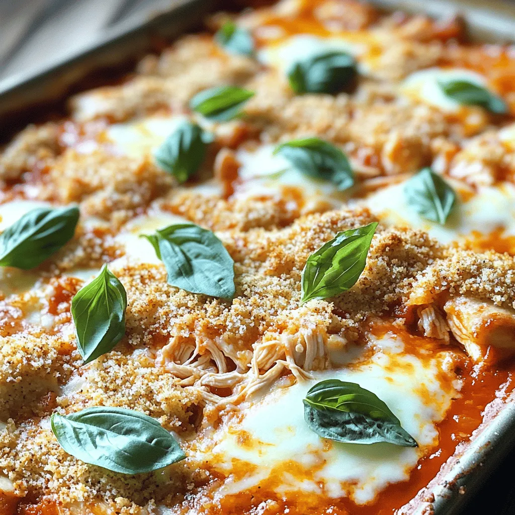 To make the Crispy Crust Pizza-Parmesan Chicken Bake, you need the right ingredients. Here’s what you’ll need: - 2 cups cooked rotisserie chicken, shredded - 1 cup marinara sauce - 1 ½ cups shredded mozzarella cheese - 1 cup grated Parmesan cheese - 1 cup Italian bread crumbs - 1 teaspoon dried oregano - 1 teaspoon garlic powder - ½ teaspoon crushed red pepper flakes (optional) - 2 tablespoons olive oil - Fresh basil leaves for garnish Each ingredient plays a key role in creating a tasty dish. The rotisserie chicken adds flavor and saves time. Marinara sauce gives it that classic pizza taste. Mozzarella melts beautifully, while Parmesan adds a rich finish. The bread crumbs create that crispy texture you will love. Oregano and garlic powder bring out the flavors, and red pepper flakes can spice things up if you want. Don't forget the olive oil; it helps everything crisp up nicely. Fresh basil on top makes it look pretty and adds freshness. For more details on how to put it all together, check out the Full Recipe. - Preheat your oven to 375°F (190°C). This ensures even cooking. - In a large bowl, combine 2 cups of shredded rotisserie chicken and 1 cup of marinara sauce. Add 1 teaspoon of dried oregano and 1 teaspoon of garlic powder. If you like spice, toss in ½ teaspoon of crushed red pepper flakes. Mix it all until the chicken is coated. - In another bowl, mix 1 cup of Italian bread crumbs with ½ cup of grated Parmesan cheese. Drizzle in 2 tablespoons of olive oil. Stir until the bread crumbs look crumbly and well coated. - Grease a 9x13 inch baking dish. Spread the chicken mixture evenly on the bottom. Then, sprinkle 1 ½ cups of shredded mozzarella cheese on top. Finally, add the bread crumb mixture, covering the cheese evenly. Top it with the remaining ½ cup of grated Parmesan cheese. - Bake in the preheated oven for 30-35 minutes. Look for a golden brown and crispy top. - Check for doneness by inserting a fork. If it comes out clean, it’s ready. - Let it cool for a few minutes before slicing. This helps the layers set. Using rotisserie chicken makes this dish easy. You save time and get great flavor. Just shred it and mix it in. If you like heat, add red pepper flakes. They boost the flavor without overpowering the dish. To get a crispy top layer, mix the bread crumbs with olive oil. This makes them golden and crunchy when baked. Serve this dish hot and cut it into squares. A drizzle of marinara sauce on top adds color. You can also serve extra sauce on the side for dipping. Fresh basil leaves make a lovely garnish. They add brightness and flavor. For a complete meal, pair it with a simple salad or garlic bread. Enjoy every bite! {{image_2}} You can easily swap some ingredients in the Crispy Crust Pizza-Parmesan Chicken Bake for different flavors or dietary needs. - Alternative proteins: Instead of rotisserie chicken, try ground turkey or tofu. Ground turkey gives a leaner option, while tofu offers a tasty vegetarian choice. Just make sure to season tofu well to enhance its flavor. - Different cheese combinations: You can mix it up with cheeses like cheddar or gouda. Cheddar adds a sharp taste, while gouda brings a creamy texture. Feel free to experiment until you find your favorite mix! If you have dietary restrictions, you can still enjoy this dish with a few simple changes. - Gluten-free alternatives for bread crumbs: Use gluten-free bread crumbs or crushed gluten-free crackers. These swaps keep the texture while making it safe for gluten-free diets. - Vegetarian version substitution: For a vegetarian meal, replace chicken with extra veggies like spinach, mushrooms, or zucchini. This way, you still get a hearty dish packed with flavor. These variations allow you to make the Crispy Crust Pizza-Parmesan Chicken Bake work for your needs while keeping it delicious. For the complete recipe, check out the Full Recipe link! To store leftovers, let the dish cool down first. Then, place it in an airtight container. This keeps it fresh for up to three days. When you're ready to eat, reheat it in the oven. Set the oven to 350°F (175°C) and bake for about 15 minutes. This helps keep the crust crispy. For longer storage, you can freeze your pizza chicken bake. First, wrap individual portions tightly in plastic wrap. Then, put them in a freezer-safe bag or container. Make sure to label it with the date. It will keep well for about three months. To thaw, transfer it to the fridge overnight. This ensures it thaws evenly. Once thawed, reheat it in the oven at 350°F (175°C) until hot. This method helps retain the flavors and texture. Enjoy your Crispy Crust Pizza-Parmesan Chicken Bake even after freezing! How can I make the pizza chicken bake spicy? You can add heat by using crushed red pepper flakes. Just mix in about ½ teaspoon with the chicken and sauce. If you want more spice, use more flakes or add hot sauce. Can I use homemade marinara sauce? Absolutely! If you have a favorite homemade marinara sauce, feel free to use it. Just ensure it’s thick enough to hold the bake together well. What if I don’t have Parmesan cheese? If you lack Parmesan, try using Pecorino Romano or any hard cheese. Grated cheddar can also work in a pinch, though the flavor will change. How long will leftovers last in the fridge? Leftovers will keep well in the fridge for about 3-4 days. Store them in an airtight container to keep them fresh. Can I make this dish ahead of time? Yes! You can prepare the layers and assemble the dish up to a day ahead. Just cover it and store it in the fridge until you’re ready to bake. What's the best way to reheat crispy pizza chicken bake? To reheat, place it in a preheated oven at 350°F (175°C) for about 15-20 minutes. This will help keep the top crispy. Can I scale down the recipe for fewer servings? Certainly! You can easily halve the ingredients to make a smaller portion. Just keep the baking time similar and check for doneness. This blog post shared a simple pizza chicken bake recipe. I covered the ingredients, cooking steps, and tips for success. You can use rotisserie chicken for quick prep. I also suggested ingredient swaps for your taste and dietary needs. Proper storage and reheating tips help keep your meals fresh. Enjoy creating your own tasty version of this dish. It’s easy, fun, and sure to impress!