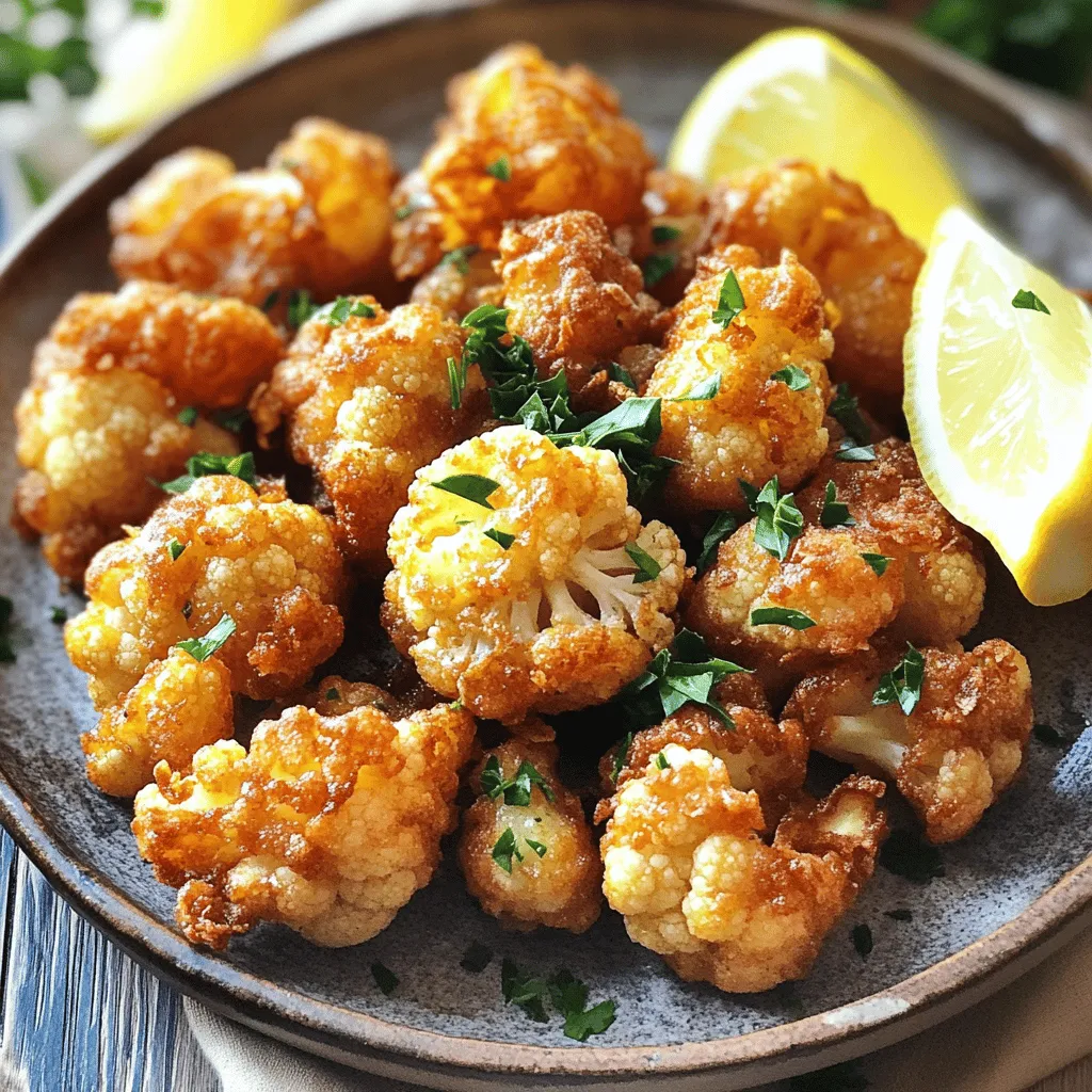 To make Fried Cauliflower Delight, you will need: - 1 medium head of cauliflower, cut into florets - 1 cup all-purpose flour - 1 teaspoon garlic powder - 1 teaspoon onion powder - 1 teaspoon paprika - 1/2 teaspoon cayenne pepper (adjust for spice preference) - 1 teaspoon salt - 1/2 teaspoon black pepper - 1 cup buttermilk (or milk with 1 tablespoon lemon juice) - 2 cups breadcrumbs (Panko for extra crunch) - Vegetable oil, for frying - Fresh parsley, chopped, for garnish - Lemon wedges, for serving The seasonings in this recipe make it pop. Garlic powder brings a nice warmth. Onion powder adds depth and sweetness. Paprika gives it a lovely color and mild smokiness. Cayenne pepper adds a kick, but you can adjust it to your taste. Salt and black pepper are essential for balancing the flavors. Together, they create a tasty coating that makes each bite delicious. For frying cauliflower, I recommend vegetable oil. It has a high smoke point, making it great for frying. Canola oil is another good choice. Both oils help achieve a crispy texture without burning. If you want a bit more flavor, try using peanut oil. It can add a nice nutty taste to the fried cauliflower. Always ensure the oil is hot enough before frying. This helps keep the cauliflower crispy! Start by rinsing the cauliflower under cool water. Cut the head into bite-sized florets. Make sure they are even in size for cooking. Pat the florets dry using a kitchen towel. This helps the batter stick better. In a large mixing bowl, combine the following dry ingredients: - 1 cup all-purpose flour - 1 teaspoon garlic powder - 1 teaspoon onion powder - 1 teaspoon paprika - 1/2 teaspoon cayenne pepper (adjust for spice preference) - 1 teaspoon salt - 1/2 teaspoon black pepper Mix these well to blend the flavors. In another bowl, pour in 1 cup of buttermilk. This will help the flour mixture stick to the cauliflower. Heat vegetable oil in a deep frying pan or wok. Aim for medium-high heat, around 350°F or 175°C. Here’s the fun part! Working in batches, dip a cauliflower floret into the buttermilk. Let any excess buttermilk drip off. Next, roll it in the flour mixture until fully coated. Now dip it back into the buttermilk and roll it in breadcrumbs. Use Panko for extra crunch! Carefully place the coated florets into the hot oil. Fry until they are golden brown and crispy, about 4-5 minutes. Stir occasionally to ensure even frying. Once cooked, use a slotted spoon to lift the cauliflower from the oil. Drain it on a paper towel-lined plate. Repeat this with the remaining florets. Finish by sprinkling chopped parsley on top. Serve hot with lemon wedges on the side. Enjoy this crispy delight that’s packed with flavor! For the complete recipe, check out the Full Recipe. To get that perfect crunch, start with dry cauliflower. If your florets are wet, the batter won’t stick well. After cutting, pat them dry with a towel. This helps the batter cling better. Use Panko breadcrumbs for extra crunch. They create a crispier texture that everyone loves. Fry in hot oil, around 350°F. This keeps the outside crispy while cooking the inside just right. One big mistake is overcrowding the pan. Fry in small batches. If you add too many florets, the oil cools down. This makes them soggy instead of crispy. Another mistake is skipping the double coating. The first dip in buttermilk helps the flour stick. The second dip in breadcrumbs seals the crunch. Lastly, don’t rush the frying. Let them cook until golden brown for the best flavor. Adjusting spice is easy! For mild cauliflower, skip the cayenne pepper. You can also use less of it. If you love heat, add more cayenne or try crushed red pepper flakes. Another option is to mix in some hot sauce into the buttermilk for a spicy kick. Taste as you go, and find the level that’s just right for you. Enjoy experimenting with flavors! For the full recipe, check out the Crispy Zesty Fried Cauliflower. {{image_2}} If you want to make this dish gluten-free, use rice flour instead of all-purpose flour. You can also try chickpea flour, which adds a nutty taste. For the breadcrumbs, look for gluten-free options made from rice or corn. They provide that nice crunch without gluten. You can change up the flavor of your fried cauliflower in many ways. Add spices like cumin or coriander for a warm touch. You can also include grated cheese in the flour mix for a cheesy kick. For a sweeter note, toss in a bit of cinnamon or nutmeg. Experiment with your favorite herbs, like thyme or rosemary, to make it yours. Fried cauliflower is great on its own, but it shines with dips. Serve it with ranch dressing or a spicy aioli for a tasty treat. You can also pair it with a fresh salad for a balanced meal. Think about serving it alongside grilled chicken or fish for a full dinner. Don't forget to add lemon wedges for a zesty touch. Enjoy your Fried Cauliflower Delight with friends and family! For the complete cooking steps, check out the Full Recipe. To keep your fried cauliflower fresh, let it cool down first. Place the cooled florets in an airtight container. This method helps maintain their crispy texture. Store the container in the refrigerator. Fried cauliflower will stay good for about 3 to 4 days. For the best taste, reheat fried cauliflower in an oven. Preheat your oven to 375°F (190°C). Spread the florets on a baking sheet. Heat them for about 10-15 minutes. This method helps regain their crispiness. Avoid using the microwave, as it can make them soggy. You can freeze fried cauliflower for later use. First, let the florets cool completely. Then, spread them out on a baking sheet. Freeze them for about 1-2 hours until firm. After that, transfer the florets to a freezer bag. Remove as much air as possible. Frozen fried cauliflower can last for about 2 to 3 months. When you’re ready to eat, just reheat them straight from the freezer for a quick snack! The best oil for frying cauliflower is vegetable oil. It has a high smoke point. This means it stays stable when heated. Other good oils include canola and peanut oil. They also work well for frying. You want an oil that will not burn at high heat. Using the right oil can make your cauliflower crispy and tasty. Yes, you can bake the cauliflower! Baking is a healthier option. Preheat your oven to 425°F (220°C). Coat the florets with oil and seasoning. Spread them evenly on a baking sheet. Bake for 20-25 minutes, flipping halfway through. They won’t be as crispy as fried, but still delicious. Serve with your favorite dips! Fried cauliflower stays fresh for about 1-2 days in the fridge. Store it in an airtight container. You will want to eat it soon for best taste. The crispy texture may change in the fridge. Reheat it in an oven to bring back some crunch. Avoid microwaving, as it can make it soggy. You can prep the cauliflower ahead of time. Cut it into florets and store them in the fridge. Keep them in a sealed bag or container. You can also mix the dry ingredients in advance. This saves time when you are ready to fry. Just coat the florets and fry when you need them. Fried cauliflower pairs well with many dips. Try ranch dressing for a classic taste. You can also serve it with a spicy aioli or garlic sauce. For a fresh twist, use tzatziki or a lemon herb dip. These options enhance the flavors of the crispy cauliflower. Yes, other vegetables work well too! Broccoli and zucchini are great options. You can even try mushrooms for a fun flavor. Just adjust the cooking time as needed. Each vegetable brings a unique taste to the dish. To make the cauliflower extra crispy, use Panko breadcrumbs. They provide a great crunch. Make sure to double-coat the florets. Dip them in buttermilk, then flour, then buttermilk again, and finally breadcrumbs. This technique helps create a thick and crispy layer. Fry them in hot oil for the best results. Serve fried cauliflower hot and fresh! Garnish with chopped parsley and lemon wedges. This adds color and a pop of flavor. You can also serve it as an appetizer or snack. Pair it with drinks for a perfect party treat. Enjoy sharing this delightful dish with friends and family. For the full recipe, check out the details in the recipe section above. This blog post covered making crispy cauliflower. We talked about key ingredients, cooking methods, and tips for success. You learned how to avoid common mistakes and adjust spice levels. We also shared flavorful variations and smart storage tips. If you follow these steps, you will create a dish that impresses everyone. Enjoy every bite of your crispy cauliflower!