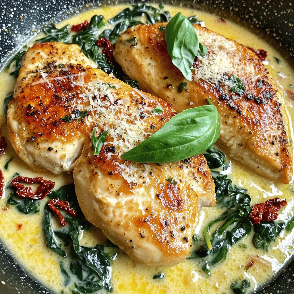 - 4 boneless, skinless chicken breasts - 2 tablespoons olive oil - 4 cloves garlic, minced - 1 cup heavy cream - 1 cup spinach, chopped - 1 teaspoon salt - 1/2 teaspoon black pepper - 1/2 cup chicken broth - 1/2 cup sun-dried tomatoes, chopped - 1/2 cup grated Parmesan cheese - 1 teaspoon dried Italian herbs In this recipe, the chicken breasts form the star of the dish. They cook up tender and juicy. Olive oil helps to get a nice sear on the chicken. Garlic adds a strong flavor that makes the dish special. Heavy cream gives the sauce its rich and creamy texture. Spinach brings in color and nutrition. To season, I use salt and pepper to enhance the chicken flavor. Chicken broth adds depth to the sauce. Sun-dried tomatoes introduce a sweet and tangy taste. Parmesan cheese melts beautifully, adding a savory finish. Dried Italian herbs tie all the flavors together, creating a truly delightful meal. For the full recipe, check out the complete instructions to bring this dish to life! 1. Season the chicken: Start by seasoning the chicken breasts with salt and black pepper on both sides. This simple step adds great flavor. 2. Sear the chicken: In a large skillet, heat olive oil over medium-high heat. When hot, add the chicken breasts. Cook for 5 to 7 minutes on each side. Look for a golden brown color. Once done, remove the chicken and set it aside. 1. Sauté garlic and veggies: In the same skillet, lower the heat to medium. Add minced garlic and sauté it for about one minute. You want it to smell great! Next, toss in the sun-dried tomatoes and chopped spinach. Cook for 2 to 3 minutes until the spinach wilts. 2. Make the cream sauce: Pour in the chicken broth. Use a wooden spoon to scrape any brown bits from the skillet. This adds flavor! Then, add the heavy cream and let it simmer gently. Stir in the grated Parmesan cheese and dried Italian herbs, letting the sauce thicken a bit. 1. Return chicken to sauce: Place the seared chicken back into the skillet. Spoon the creamy sauce over each piece. Let it simmer for about 5 minutes. This helps all the flavors mix well. 2. Serve and garnish: Plate each chicken breast individually. Drizzle some extra creamy sauce from the skillet over the top. Finish with fresh basil leaves for a pop of color and flavor. For the full recipe, check the details provided earlier. Enjoy this delightful dish! - Ensuring perfect sear: Start with a hot skillet and enough oil. This helps the chicken brown well. Place the chicken in the pan without crowding. Cook for 5-7 minutes on each side. Look for a golden color. This gives flavor and keeps the chicken juicy. - Checking chicken doneness: Use a meat thermometer. The internal temperature should reach 165°F (75°C). If you don’t have one, cut into the thickest part. The meat should be white, not pink. - Adding herbs or spices: You can mix in fresh or dried herbs. Basil, oregano, and thyme work well. Add them to the sauce for a flavor boost. You can also sprinkle some on the chicken while cooking. - Choosing cheese types: Parmesan cheese gives a rich taste. You can also try Asiago or Pecorino for something different. Just make sure to grate it finely so it melts easily. - Plating suggestions: Use a large plate to show off the chicken. Place it in the center and pour the creamy sauce around it. This makes the dish look more inviting. - Garnishing ideas: Fresh basil leaves add color and a fresh taste. You can also sprinkle some extra cheese on top. A few sun-dried tomatoes around the edge can make it pop. For more guidance, check out the Full Recipe. {{image_2}} You can change the protein in this dish. Turkey or shrimp works great. They both cook quickly and soak up flavors well. If you want a lighter option, try using chicken thighs instead of breasts. For a dairy-free choice, use coconut cream instead of heavy cream. This adds a sweet touch while keeping it creamy. Feel free to switch up the veggies. Adding bell peppers or mushrooms adds color and taste. You can also use kale instead of spinach for a different texture. Adjust the spice levels to your liking. If you enjoy heat, add red pepper flakes or cayenne pepper. For a milder dish, skip the extra spice. This creamy garlic Tuscan chicken shines over pasta or rice. The sauce clings nicely, making every bite delicious. You can also serve it in wraps or sandwiches. Just shred the chicken and mix it with the sauce. Add some fresh veggies for crunch, and you have a quick meal. Explore these options for fun twists on the dish. Check out the Full Recipe for more ideas. To store leftovers of creamy garlic Tuscan chicken, let it cool first. Place the chicken in an airtight container. This helps keep the flavors fresh. You can use glass or plastic containers. Both work well for storage. If you want to freeze it, use freezer-safe bags or containers. Portion the chicken into single servings. This makes it easy to thaw only what you need. When you are ready to eat, thaw it overnight in the fridge. This way, you keep the quality and taste. In the fridge, creamy garlic Tuscan chicken lasts for about three days. If you freeze it, it can last for up to three months. Just remember to label the containers with dates. This helps you keep track of freshness. Creamy Garlic Tuscan Chicken is a rich and tasty dish. It features chicken breasts cooked in a creamy garlic sauce. The sauce has sun-dried tomatoes and spinach, adding flavor and color. The Parmesan cheese thickens the sauce, making it smooth and delicious. This dish brings the tastes of Italy to your dinner table. Yes, you can prepare Creamy Garlic Tuscan Chicken ahead of time. Cook the chicken and sauce as usual. Let it cool, then store it in the fridge. When you’re ready to eat, just reheat it gently on the stove. This method saves time and keeps the flavors rich. You can serve this dish with many sides. Fresh pasta or rice works well to soak up the sauce. A crisp salad adds a nice crunch. Roasted vegetables also pair nicely, giving your meal balance. Garlic bread can help complete the meal, adding a comforting touch. To reheat, use a skillet on low heat. Add a splash of chicken broth or cream to keep it moist. Stir gently until it’s hot all the way through. You can also use a microwave. Heat in short bursts, stirring in between, to avoid overcooking. In this post, we explored how to make Creamy Garlic Tuscan Chicken. We covered key ingredients, like chicken, garlic, and spinach, and detailed the steps for cooking and serving. I shared tips to ensure perfect taste and great presentation. Variations help you customize the dish to fit your needs. Store leftovers properly to enjoy them later. I hope you feel ready to cook this simple, tasty dish today! It's perfect for any meal and sure to impress.