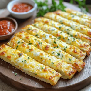 - 2 cups all-purpose flour - 1 tablespoon baking powder - 1 teaspoon garlic powder - ½ teaspoon salt - 3 tablespoons olive oil - 3/4 cup milk (dairy or non-dairy) - 1 cup shredded mozzarella cheese - Optional ingredients for flavor enhancement (e.g., parsley, crushed red pepper flakes) The main ingredients for cheese breadsticks are simple and easy to find. First, you need flour, which gives the bread its structure. Baking powder helps the breadsticks rise. Garlic powder adds a nice flavor, while salt enhances the taste. Olive oil keeps them moist. Milk adds creaminess, and mozzarella gives that cheesy stretch we love. - Best cheese varieties for breadsticks (mozzarella, Parmesan) - Alternative cheese suggestions (cheddar, gouda) - Tips for mixing cheese types Mozzarella is the classic choice for these breadsticks. It melts well and tastes great. Parmesan adds a sharp flavor that pairs well with mozzarella. If you want to try something new, cheddar or gouda can give a richer taste. Mixing cheeses can create fun flavors. Just make sure to keep the total amount the same. - Recommended kitchen tools (mixing bowl, baking sheet, etc.) - Important baking tips for achieving perfect texture For this recipe, you need a mixing bowl, a baking sheet, and a sharp knife or pizza cutter. A parchment paper lining on the baking sheet will help with sticking. When mixing, don’t over-knead the dough. Just knead until it’s smooth. This way, you keep the breadsticks light and fluffy. - Preheat oven to 425°F (220°C). This ensures even baking. - In a large bowl, mix the dry ingredients: flour, baking powder, garlic powder, and salt. Combine these well. - Make a well in the center of the dry mix. Pour in the olive oil and milk. Stir until a sticky dough forms. This mix should be soft but not too wet. - Turn the dough out onto a floured surface. Knead it gently for about 1 minute. This helps develop a nice texture. You want the dough to be smooth but not overworked. - Roll the dough into a rectangle about 1/2 inch thick. Use a rolling pin for even thickness. - Cut the dough into strips using a sharp knife or pizza cutter. Aim for even sizes to ensure they bake evenly. - Place the strips on the prepared baking sheet, leaving about 1 inch of space between them. This allows them to rise without sticking together. - Brush the tops of the breadsticks lightly with olive oil. Sprinkle grated Parmesan cheese on top for added flavor. - Bake in the oven for 12-15 minutes, or until the breadsticks are golden. Keep an eye on them to avoid burning. - Remove from the oven and let them cool slightly before serving. Enjoy with marinara or garlic butter for dipping. For the complete recipe, check out the Full Recipe section. To get the best texture in your cheese breadsticks, avoid over-kneading the dough. Knead gently for just one minute until smooth. Overworking the dough makes the breadsticks tough instead of soft. For crispy edges and fluffy centers, roll the dough to about 1/2 inch thick. This thickness allows for a nice rise while baking. Add herbs and spices to boost the flavor. Fresh parsley and crushed red pepper flakes give your breadsticks a tasty kick. For a golden top, brush the dough with olive oil before baking. This simple step makes your breadsticks shine and look more appetizing. Pair your cheese breadsticks with delicious dips. Marinara sauce and garlic butter are great options. For a lovely display at gatherings, arrange the breadsticks in a fanned-out position on a platter. Sprinkle some extra parsley on top for color. Enjoy them fresh from the oven or let them cool slightly for a perfect snack. Check out the Full Recipe for more details! {{image_2}} You can play with flavors in your cheese breadsticks. Adding herbs makes them special. Try rosemary or oregano for a nice twist. These herbs bring a fresh taste that pairs well with cheese. If you enjoy spice, make spicy cheese breadsticks. Add jalapeños or a splash of sriracha for heat. The blend of cheese and spice creates a wonderful flavor. If you need a gluten-free option, you can use different flours. Almond flour or coconut flour works well. Just swap the all-purpose flour in the recipe. For dairy-free breadsticks, use non-dairy milk and cheese. Almond or oat milk is a great choice. Nutritional yeast gives a cheesy flavor without dairy. These options make cheese breadsticks available to more people. You can add fun toppings to your cheese breadsticks. Sesame seeds or everything bagel seasoning adds crunch and flavor. If you want to include meat, try pepperoni or bacon bits. These ingredients can make your breadsticks more filling and tasty. Feel free to experiment with your favorite toppings to create your perfect snack. To keep your cheese breadsticks fresh, store leftovers in an airtight container. If you leave them out, they can get dry. It’s best to keep them at room temperature if you eat them within two days. For longer storage, put them in the fridge. They will stay good for about a week. Use a plastic bag or a container with a tight lid. This helps keep moisture in. If you stack them, separate each layer with parchment paper to avoid sticking. You can freeze cheese breadsticks for up to three months. To do this, first let them cool completely. Then, wrap each breadstick in plastic wrap. Place wrapped breadsticks in a freezer-safe bag. This keeps them from getting freezer burn. When you want to eat them, take them out of the freezer. Let them thaw in the fridge for a few hours or overnight. To reheat, place them on a baking sheet in a preheated oven at 350°F (175°C) for about 10-15 minutes. This makes them warm and crisp again. For extra flavor, brush them lightly with olive oil before reheating. This will bring back their delicious taste. You can learn how to make these tasty breadsticks in the Full Recipe. How long do cheese breadsticks stay fresh? Cheese breadsticks stay fresh for up to three days. Store them in an airtight container. If you want them to last longer, you can freeze them for up to three months. Can I make cheese breadsticks ahead of time? Yes, you can prep the dough a day ahead. Wrap it well and store it in the fridge. When you are ready to bake, let it sit at room temperature for about 30 minutes. What to do if the breadsticks are too soft or too hard? If your breadsticks are too soft, they likely need more flour. Add a little at a time until the dough firms up. If they are too hard, they may have baked too long. Keep an eye on them in the oven next time. What to do if the dough is too sticky? If the dough is too sticky, sprinkle in more flour. Do this gradually while mixing. Knead gently until it reaches a smooth texture. How to fix overbaking or burnt breadsticks? If your breadsticks burn, check your oven temperature. It might be too hot. Next time, reduce the temperature by 25°F (about 15°C) and watch them closely as they bake. Can I double the recipe without issues? Yes, you can double the recipe. Just make sure your mixing bowl is large enough. You might need to bake in two batches to keep the breadsticks crisp. How to adjust cook time for different ovens? Cooking times can vary by oven. If yours cooks fast, check the breadsticks a few minutes early. Use a toothpick to test for doneness; it should come out clean. For the full recipe, check out the Cheesy Garlic Bliss Breadsticks. In this post, we explored how to make delicious cheese breadsticks. You learned about key ingredients, cooking essentials, and step-by-step instructions. We also shared tips for perfect texture and flavor, plus tasty variations and storage methods. Making these breadsticks is easy and fun. Experiment with flavors and enjoy your creations! Whether for a gathering or a quiet night, these cheese breadsticks are sure to please.