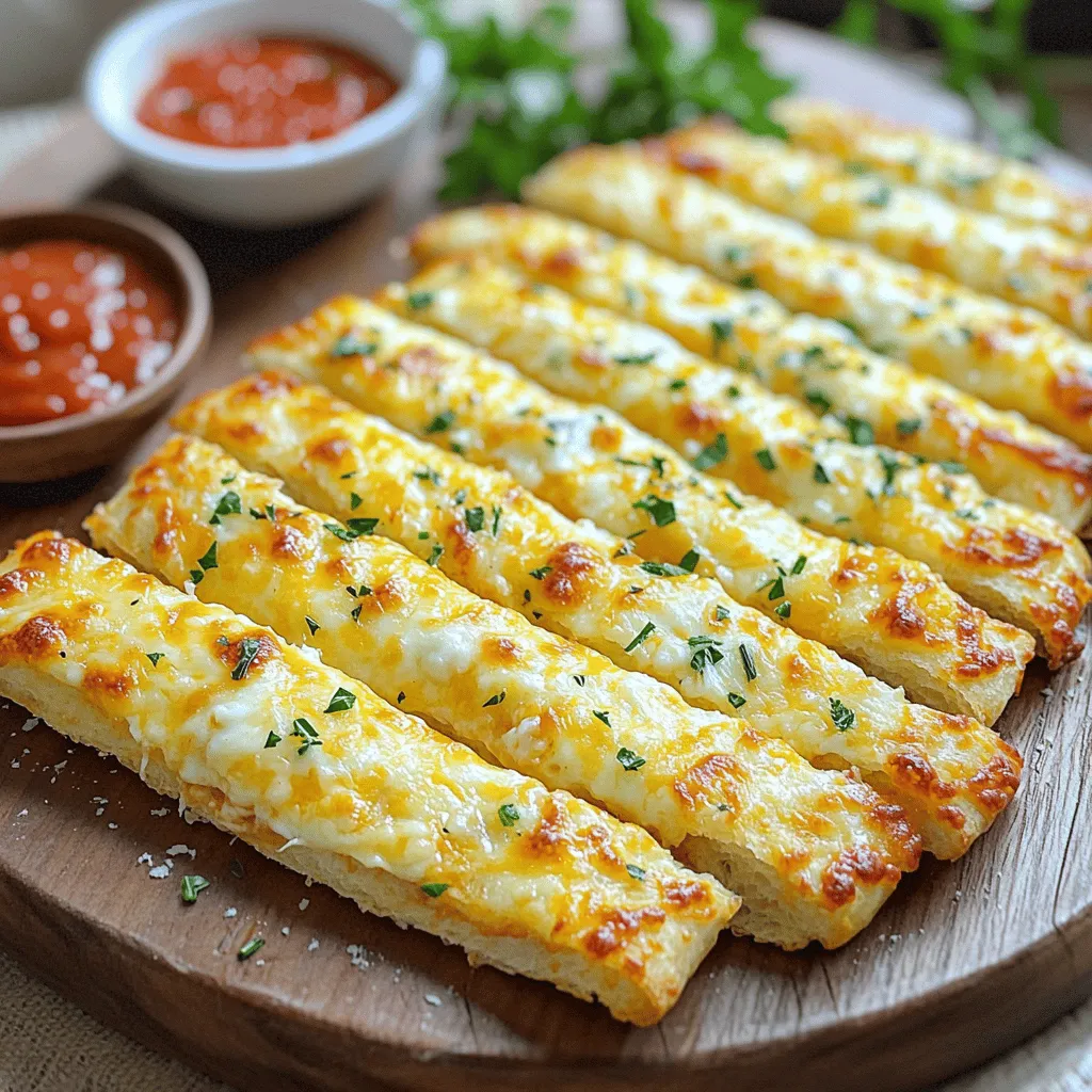 - 2 cups all-purpose flour - 1 tablespoon baking powder - 1 teaspoon garlic powder - ½ teaspoon salt - 3 tablespoons olive oil - 3/4 cup milk (dairy or non-dairy) - 1 cup shredded mozzarella cheese - Optional ingredients for flavor enhancement (e.g., parsley, crushed red pepper flakes) The main ingredients for cheese breadsticks are simple and easy to find. First, you need flour, which gives the bread its structure. Baking powder helps the breadsticks rise. Garlic powder adds a nice flavor, while salt enhances the taste. Olive oil keeps them moist. Milk adds creaminess, and mozzarella gives that cheesy stretch we love. - Best cheese varieties for breadsticks (mozzarella, Parmesan) - Alternative cheese suggestions (cheddar, gouda) - Tips for mixing cheese types Mozzarella is the classic choice for these breadsticks. It melts well and tastes great. Parmesan adds a sharp flavor that pairs well with mozzarella. If you want to try something new, cheddar or gouda can give a richer taste. Mixing cheeses can create fun flavors. Just make sure to keep the total amount the same. - Recommended kitchen tools (mixing bowl, baking sheet, etc.) - Important baking tips for achieving perfect texture For this recipe, you need a mixing bowl, a baking sheet, and a sharp knife or pizza cutter. A parchment paper lining on the baking sheet will help with sticking. When mixing, don’t over-knead the dough. Just knead until it’s smooth. This way, you keep the breadsticks light and fluffy. - Preheat oven to 425°F (220°C). This ensures even baking. - In a large bowl, mix the dry ingredients: flour, baking powder, garlic powder, and salt. Combine these well. - Make a well in the center of the dry mix. Pour in the olive oil and milk. Stir until a sticky dough forms. This mix should be soft but not too wet. - Turn the dough out onto a floured surface. Knead it gently for about 1 minute. This helps develop a nice texture. You want the dough to be smooth but not overworked. - Roll the dough into a rectangle about 1/2 inch thick. Use a rolling pin for even thickness. - Cut the dough into strips using a sharp knife or pizza cutter. Aim for even sizes to ensure they bake evenly. - Place the strips on the prepared baking sheet, leaving about 1 inch of space between them. This allows them to rise without sticking together. - Brush the tops of the breadsticks lightly with olive oil. Sprinkle grated Parmesan cheese on top for added flavor. - Bake in the oven for 12-15 minutes, or until the breadsticks are golden. Keep an eye on them to avoid burning. - Remove from the oven and let them cool slightly before serving. Enjoy with marinara or garlic butter for dipping. For the complete recipe, check out the Full Recipe section. To get the best texture in your cheese breadsticks, avoid over-kneading the dough. Knead gently for just one minute until smooth. Overworking the dough makes the breadsticks tough instead of soft. For crispy edges and fluffy centers, roll the dough to about 1/2 inch thick. This thickness allows for a nice rise while baking. Add herbs and spices to boost the flavor. Fresh parsley and crushed red pepper flakes give your breadsticks a tasty kick. For a golden top, brush the dough with olive oil before baking. This simple step makes your breadsticks shine and look more appetizing. Pair your cheese breadsticks with delicious dips. Marinara sauce and garlic butter are great options. For a lovely display at gatherings, arrange the breadsticks in a fanned-out position on a platter. Sprinkle some extra parsley on top for color. Enjoy them fresh from the oven or let them cool slightly for a perfect snack. Check out the Full Recipe for more details! {{image_2}} You can play with flavors in your cheese breadsticks. Adding herbs makes them special. Try rosemary or oregano for a nice twist. These herbs bring a fresh taste that pairs well with cheese. If you enjoy spice, make spicy cheese breadsticks. Add jalapeños or a splash of sriracha for heat. The blend of cheese and spice creates a wonderful flavor. If you need a gluten-free option, you can use different flours. Almond flour or coconut flour works well. Just swap the all-purpose flour in the recipe. For dairy-free breadsticks, use non-dairy milk and cheese. Almond or oat milk is a great choice. Nutritional yeast gives a cheesy flavor without dairy. These options make cheese breadsticks available to more people. You can add fun toppings to your cheese breadsticks. Sesame seeds or everything bagel seasoning adds crunch and flavor. If you want to include meat, try pepperoni or bacon bits. These ingredients can make your breadsticks more filling and tasty. Feel free to experiment with your favorite toppings to create your perfect snack. To keep your cheese breadsticks fresh, store leftovers in an airtight container. If you leave them out, they can get dry. It’s best to keep them at room temperature if you eat them within two days. For longer storage, put them in the fridge. They will stay good for about a week. Use a plastic bag or a container with a tight lid. This helps keep moisture in. If you stack them, separate each layer with parchment paper to avoid sticking. You can freeze cheese breadsticks for up to three months. To do this, first let them cool completely. Then, wrap each breadstick in plastic wrap. Place wrapped breadsticks in a freezer-safe bag. This keeps them from getting freezer burn. When you want to eat them, take them out of the freezer. Let them thaw in the fridge for a few hours or overnight. To reheat, place them on a baking sheet in a preheated oven at 350°F (175°C) for about 10-15 minutes. This makes them warm and crisp again. For extra flavor, brush them lightly with olive oil before reheating. This will bring back their delicious taste. You can learn how to make these tasty breadsticks in the Full Recipe. How long do cheese breadsticks stay fresh? Cheese breadsticks stay fresh for up to three days. Store them in an airtight container. If you want them to last longer, you can freeze them for up to three months. Can I make cheese breadsticks ahead of time? Yes, you can prep the dough a day ahead. Wrap it well and store it in the fridge. When you are ready to bake, let it sit at room temperature for about 30 minutes. What to do if the breadsticks are too soft or too hard? If your breadsticks are too soft, they likely need more flour. Add a little at a time until the dough firms up. If they are too hard, they may have baked too long. Keep an eye on them in the oven next time. What to do if the dough is too sticky? If the dough is too sticky, sprinkle in more flour. Do this gradually while mixing. Knead gently until it reaches a smooth texture. How to fix overbaking or burnt breadsticks? If your breadsticks burn, check your oven temperature. It might be too hot. Next time, reduce the temperature by 25°F (about 15°C) and watch them closely as they bake. Can I double the recipe without issues? Yes, you can double the recipe. Just make sure your mixing bowl is large enough. You might need to bake in two batches to keep the breadsticks crisp. How to adjust cook time for different ovens? Cooking times can vary by oven. If yours cooks fast, check the breadsticks a few minutes early. Use a toothpick to test for doneness; it should come out clean. For the full recipe, check out the Cheesy Garlic Bliss Breadsticks. In this post, we explored how to make delicious cheese breadsticks. You learned about key ingredients, cooking essentials, and step-by-step instructions. We also shared tips for perfect texture and flavor, plus tasty variations and storage methods. Making these breadsticks is easy and fun. Experiment with flavors and enjoy your creations! Whether for a gathering or a quiet night, these cheese breadsticks are sure to please.