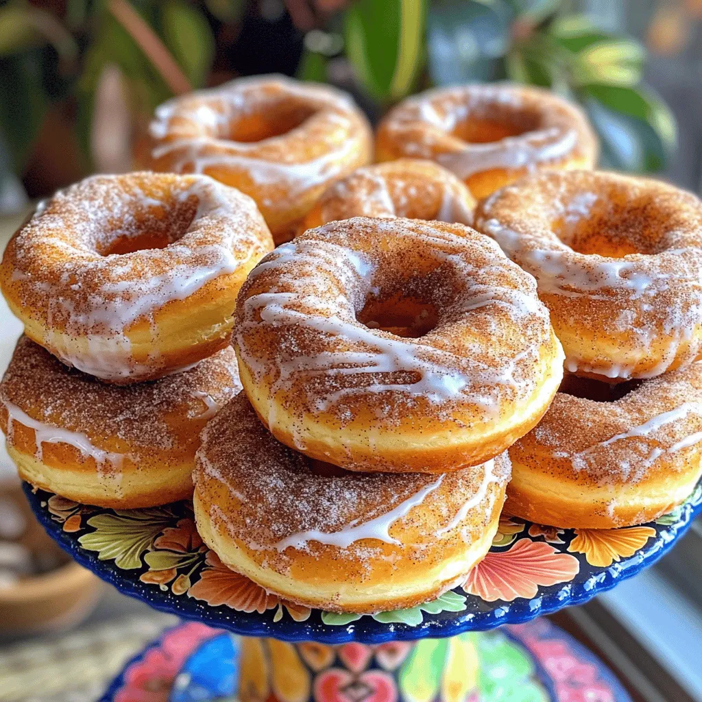 Cooking Buttery Cinnamon Roll Doughnuts requires simple ingredients that blend to create magic. Here’s what you’ll need: - Dry Ingredients: - 2 cups all-purpose flour - 1/4 cup granulated sugar - 2 tsp baking powder - 1/2 tsp salt - 1/2 tsp ground cinnamon - Wet Ingredients: - 1/4 cup unsalted butter, softened - 3/4 cup milk - 1 large egg - 1 tsp vanilla extract - Toppings: - For the Cinnamon Sugar Topping: - 1/2 cup granulated sugar - 1 tsp ground cinnamon - For the Glaze: - 1 cup powdered sugar - 2 tbsp milk - 1/2 tsp vanilla extract Each part plays a role. The dry ingredients give structure. The wet ingredients add moisture and flavor. Toppings bring sweetness and extra taste. Don't forget to check the [Full Recipe] for more details! - Mixing dry ingredients: In a mixing bowl, add 2 cups all-purpose flour, 1/4 cup granulated sugar, 2 teaspoons baking powder, 1/2 teaspoon salt, and 1/2 teaspoon ground cinnamon. Stir until well combined. - Creaming butter and sugar: In another bowl, cream together 1/4 cup softened unsalted butter and the sugar mixture. Mix until fluffy and light. - Combining wet and dry ingredients: Now, add 3/4 cup milk, 1 large egg, and 1 teaspoon vanilla extract to the butter mixture. Stir until everything is well blended. - Kneading the dough: Gradually add the dry mix to the wet mix. Stir until a dough forms. On a floured surface, knead the dough for about 5 minutes until it’s smooth. - Rolling out the dough: Roll out the dough to about 1/2 inch thick. This thickness helps the doughnuts puff up nicely. - Cutting doughnut shapes: Use a doughnut cutter or two round cutters to cut out doughnut shapes. Make sure to cut out the center hole for that classic look. - Heating oil to the right temperature: Heat oil in a deep pan over medium heat. Aim for about 350°F (175°C). This temperature ensures a golden brown crust. - Frying techniques: Carefully drop the doughnuts in hot oil. Fry for about 2-3 minutes on each side until golden brown. Use a slotted spoon to flip them gently. Now, you're ready to enjoy these buttery cinnamon roll doughnuts! For a complete guide, check out the Full Recipe. To make dough that is soft and fluffy, start with warm ingredients. Use room temperature butter and milk. This helps the dough rise better. When mixing, look for a dough that is smooth and slightly tacky but not sticky. You can test the dough readiness by pressing it lightly with your finger. If it springs back, it is ready to rise. Frying can be tricky, but you can do it safely. Always use a thermometer to check the oil temperature. Aim for 350°F (175°C). Fry in small batches. This keeps the oil hot and helps doughnuts cook evenly. To avoid oily doughnuts, let them drain on paper towels after frying. This step helps absorb excess oil. Garnishing is where your creativity shines! After rolling the warm doughnuts in cinnamon sugar, you can drizzle them with glaze for extra sweetness. Try adding sprinkles for color or extra cinnamon on top for flair. For a fun presentation, arrange the doughnuts on a tiered stand. This makes them look even more tempting! {{image_2}} You can make your doughnuts even more tasty with extra flavors. Try adding spices like nutmeg or ginger. These spices add warmth and depth to your doughnuts. You can also mix in nuts for a bit of crunch. Chopped pecans or walnuts work well. For a fruity twist, add small pieces of apple or banana. This will give your doughnuts a fresh flavor. The toppings can change your doughnut game. Instead of just cinnamon sugar, try a chocolate glaze. Melted chocolate adds a rich, sweet layer. Maple glaze is another great choice. It brings a cozy flavor that pairs perfectly with cinnamon. For a fun touch, add sprinkles or crushed candy on top. You can also dust your doughnuts with powdered sugar for a classic look. If you want a healthier doughnut, there are easy swaps. Use whole wheat flour instead of all-purpose flour. This makes the doughnuts more nutritious. You can also bake them instead of frying. Baking reduces the fat and calories. Just place the shaped doughnuts on a baking sheet and bake until golden. This way, you enjoy the same great taste with less guilt. For the complete recipe, refer to the Full Recipe. To keep your buttery cinnamon roll doughnuts fresh, store them in an airtight container. This helps to keep them soft and tasty. You can also wrap each doughnut in plastic wrap for extra protection. The ideal temperature for storage is room temperature. Avoid placing them in the fridge, as cold air can dry them out. If you need to keep them for longer, consider freezing them. If you want to enjoy your doughnuts warm, you can reheat them easily. The best method is to use an oven. Preheat it to 350°F (175°C). Place the doughnuts on a baking sheet and heat for about 5 minutes. This method keeps them from getting soggy. You can also use a microwave, but do this carefully. Heat them for about 10-15 seconds. Check to see if they are warm enough. Enjoy them fresh with a drizzle of glaze! You can make doughnuts using a pan or an air fryer. Both methods work great. For pan frying, use a heavy skillet. Fill it with about an inch of oil. Heat the oil to 350°F. Fry the doughnuts for about 2-3 minutes on each side. If you use an air fryer, set it to 350°F. Cook the doughnuts for about 6-8 minutes. This method gives you a lighter, less oily treat. Yes, you can freeze these doughnuts! First, let them cool completely. Wrap each doughnut in plastic wrap. Place them in an airtight container or a freezer bag. They can stay fresh for up to three months. To thaw, just leave them out at room temperature. You can also pop them in the microwave for a few seconds for a warm treat. If you need an egg substitute, there are many options! Use 1/4 cup unsweetened applesauce for each egg. You can also use 1/4 cup mashed banana or 1 tablespoon of ground flaxseed mixed with 2.5 tablespoons of water. These options work well in doughnuts and keep them moist. To check if your doughnuts are done, look for a golden-brown color. They should puff up nicely, too. You can also test by inserting a toothpick into the doughnut. If it comes out clean, they are ready. Avoid cutting them open, as this lets steam escape and can make them dense. You now have a solid grasp of making delicious doughnuts. We covered the key ingredients, mixing techniques, frying methods, and creative variations. Remember, practice makes perfect. Pay attention to temperatures and follow the tips for best results. Whether you prefer classic flavors or quirky toppings, you can create something special. Enjoy sharing your tasty treats with friends and family. Your doughnut-making skills will impress everyone! Dive in and make your kitchen a doughnut haven.
