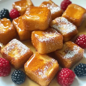 To make your Cinnamon Roll French Toast Bites, gather these simple ingredients: - 1 can refrigerated cinnamon roll dough - 3 large eggs - 1/2 cup milk - 1 teaspoon vanilla extract - 1 teaspoon ground cinnamon - 1 tablespoon brown sugar - 1/4 cup maple syrup (for drizzling) - Powdered sugar (for dusting) - Fresh berries (for garnish, optional) Each ingredient plays a vital role in creating that perfect blend of flavors. The cinnamon roll dough gives a sweet and soft base. Eggs and milk form the rich custard. Vanilla and cinnamon add warmth and depth. Brown sugar enhances the sweetness, while maple syrup and powdered sugar bring a delightful finish. You can also personalize these bites. Use different spices or sweeteners to match your taste. Fresh berries add a pop of color and freshness. For the full recipe, check the section below. - Preheat your oven to 375°F (190°C). - Line a baking sheet with parchment paper. - Open the can of cinnamon roll dough. - Separate the rolls and cut each into quarters. - In a medium bowl, whisk together: - 3 large eggs - 1/2 cup milk - 1 teaspoon vanilla extract - 1 teaspoon ground cinnamon - 1 tablespoon brown sugar - Make sure the mixture is smooth and well combined. - Dip each quarter of the cinnamon roll dough in the egg mixture. - Coat them fully to soak up the mixture. - Place the coated dough pieces on the baking sheet. - Leave space between each piece for even baking. - Bake in the preheated oven for 15-20 minutes. - Look for a golden brown color to know they are done. - Once baked, remove them from the oven. - Let them cool slightly before serving. - Drizzle with maple syrup and dust with powdered sugar. - For a fun touch, add fresh berries on top if you like. To get evenly baked bites, space them out on your baking sheet. This allows hot air to flow around each piece. If they are too close, they may steam instead of bake. Check for doneness by looking for a golden brown color. You can also insert a toothpick. If it comes out clean, the bites are ready. Want to jazz up the flavor? Consider adding nutmeg or ginger to the egg mix. These spices can give your bites a warm twist. If you prefer, you can switch to honey or agave syrup as your sweetener. Each will add a unique taste. These bites pair well with fresh fruit or whipped cream. You can also serve them with yogurt for extra creaminess. For a beautiful presentation, stack the bites on a plate and drizzle with maple syrup. Dust with powdered sugar for a touch of elegance. {{image_2}} You can switch up the bread in this recipe. Use brioche or challah for a richer taste. These types of bread add a soft texture and a lovely flavor. You can also make this dish dairy-free. Substitute the milk with almond or oat milk. This keeps the bites creamy without the dairy. Adding chocolate chips or diced fruit can take these bites to a new level. Try adding blueberries or strawberries for a fruity twist. You can also add different spices. Nutmeg or cardamom can bring warmth and depth to the flavor. Experimenting with these options makes the dish unique. You can make these bites ahead of time. Simply prepare them and store them in the fridge. When you are ready to serve, just bake them. They are also great as a savory dish. Add cooked bacon or sausage for a fun twist. This adds a nice contrast to the sweetness. You can enjoy these bites any time of day! To keep your Cinnamon Roll French Toast Bites fresh, store them in an airtight container. Place them in the fridge within two hours of baking. This helps maintain their soft texture. You can enjoy them for up to three days. When reheating, pop them in the microwave for about 20 seconds. Alternatively, warm them in a toaster oven for a few minutes. This method keeps them crispy on the outside. If you want to save some bites for later, freezing is a great choice. First, let the bites cool completely. Then, place them in a single layer on a baking sheet. Freeze for about an hour to firm them up. After that, transfer the bites to a freezer-safe bag. They can last up to three months in the freezer. When you're ready to eat them, thaw them overnight in the fridge. Reheat them in the oven at 350°F (175°C) for about 10-15 minutes. In the fridge, these bites stay fresh for about three days. If you freeze them, they can last up to three months. Always check for signs of spoilage, like unusual smells or color changes. Proper storage keeps your treats tasting great! For the full recipe, refer back to the earlier section. To make these bites, first, preheat your oven to 375°F (190°C). Line a baking sheet with parchment paper. Open your can of refrigerated cinnamon roll dough. Cut each roll into quarters. In a bowl, whisk together eggs, milk, vanilla extract, ground cinnamon, and brown sugar. Dip each dough piece into this mixture. Place them on the baking sheet with space between each piece. Bake for 15-20 minutes until golden brown. After baking, drizzle with maple syrup and dust with powdered sugar. You can find the Full Recipe for more details. Yes, you can use homemade cinnamon rolls. Just make sure they are soft and not too dry. Cut them into quarters, like the store-bought version. This adds a personal touch to your bites. Homemade rolls may have a different taste, but they will still be delicious. The key is to keep them fresh and moist for the best results. To reheat, place the bites on a baking sheet in a preheated oven at 350°F (175°C). Heat for about 10 minutes or until warm. You can also use a microwave. Heat for 15-20 seconds but be careful not to make them too hot. Enjoy them warm with a drizzle of maple syrup. Yes, you can make vegan Cinnamon Roll French Toast Bites. Use a plant-based cinnamon roll dough. Replace eggs with a mixture of ground flaxseed and water or use silken tofu. Almond milk or oat milk works well instead of dairy milk. Adjust the other ingredients as needed to fit your taste. Enjoy a delicious vegan twist! For these tasty Cinnamon Roll French Toast Bites, gather your ingredients: - 1 can refrigerated cinnamon roll dough - 3 large eggs - 1/2 cup milk - 1 teaspoon vanilla extract - 1 teaspoon ground cinnamon - 1 tablespoon brown sugar - 1/4 cup maple syrup (for drizzling) - Powdered sugar (for dusting) - Fresh berries (for garnish, optional) First, preheat your oven to 375°F (190°C). Line a baking sheet with parchment paper. Next, open the cinnamon roll dough and separate the rolls. Cut each roll into quarters. In a medium bowl, whisk together the eggs, milk, vanilla extract, ground cinnamon, and brown sugar until smooth. Dip each quarter of cinnamon roll dough into the egg mixture. Make sure they are fully coated. Place the coated pieces on the prepared baking sheet, leaving space between them. Bake in the oven for about 15-20 minutes or until golden brown. Remove them from the oven and let them cool slightly. To serve, drizzle the warm bites with maple syrup. Dust them with powdered sugar for extra sweetness. If you like, add fresh berries on top for a pop of color and flavor. Enjoy your delightful treat! You can create delicious Cinnamon Roll French Toast Bites with simple steps. We covered ingredients, preparation, baking, and fun tips. Remember to play with flavors and serving styles. Store leftovers properly to enjoy them later. With this guide, you can impress friends and family with your tasty bites. Have fun cooking and exploring different variations. You now have all the tools you need for a yummy treat! Enjoy your time in the kitchen!
