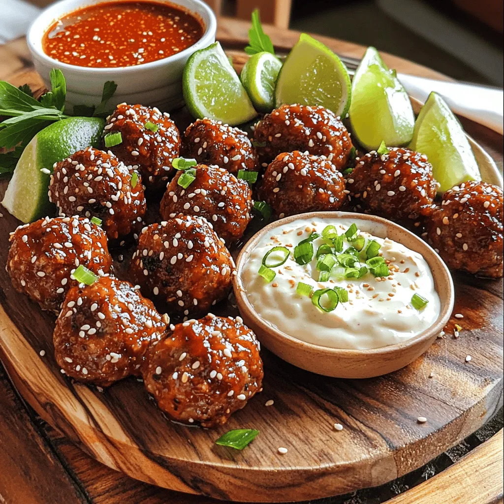 To make Korean BBQ meatballs with spicy mayo dip, you will need fresh and flavorful ingredients. Each item plays a key role in creating a tasty dish. Gather everything before you start cooking. - 1 lb ground beef (or a mix of beef and pork) - 1/4 cup breadcrumbs - 2 green onions, finely chopped - 2 cloves garlic, minced - 1 tablespoon ginger, grated - 2 tablespoons soy sauce - 1 tablespoon sesame oil - 1 tablespoon brown sugar - 1 teaspoon gochujang (Korean chili paste) - 1/2 teaspoon black pepper - 1 egg, beaten - 1 tablespoon sesame seeds for garnish These ingredients create a savory and juicy meatball. The gochujang adds a nice kick, while the sesame oil gives a rich flavor. - 1/2 cup mayonnaise - 1 tablespoon gochujang - 1 tablespoon lime juice - 1 teaspoon sriracha (optional for extra heat) - Salt to taste This dip balances the savory meatballs with creamy and spicy notes. The lime juice adds freshness and a zing. You can adjust the heat by adding or leaving out the sriracha. For the full recipe, check out the details above and get cooking! Start by preheating your oven to 400°F (200°C). This helps the meatballs cook evenly. Line a baking sheet with parchment paper. The paper keeps the meatballs from sticking. It also makes clean-up easy. In a large bowl, gather your ingredients. You need ground beef, breadcrumbs, green onions, garlic, ginger, soy sauce, sesame oil, brown sugar, gochujang, black pepper, and an egg. Mix these well with your hands. Make sure everything is combined. This step is key to tasty meatballs. Now, shape the meat mixture into small balls. Each should be about 1 inch wide. Place them on the lined baking sheet. Make sure they are not touching. Bake in the oven for 15 to 20 minutes. They are done when they are browned and reach 160°F (70°C) inside. While the meatballs bake, prepare the spicy mayo dip. In a small bowl, mix together mayonnaise, gochujang, lime juice, and sriracha if you want more heat. Add a pinch of salt. Stir until it’s smooth. Taste it and adjust the salt if needed. This dip adds a nice kick to your meatballs. For the full recipe, check out the details above. To get the best Korean BBQ meatballs, follow these simple tips: - Use a mix of beef and pork for more flavor. - Do not overmix the meat; it can make them tough. - Make sure your meatballs are even in size for even cooking. - Bake them at 400°F for a nice, crispy outside. - Always check the internal temperature. It should reach 160°F. The spicy mayo dip can be adjusted to suit your taste: - Start with the basic recipe for a mild dip. - Add more gochujang for extra heat. - If you want it less spicy, use less gochujang. - You can also add honey for a sweet touch. - For those who love heat, a dash of sriracha does wonders. Serving matters as much as taste. Here are some ideas: - Use a nice platter to display the meatballs. - Place a bowl of spicy mayo dip in the center. - Garnish with chopped green onions and sesame seeds. - Serve with fresh veggies, like cucumber or carrots, for color. - Consider skewers for easy serving at parties. For the full details on making these delicious meatballs, check the full recipe. {{image_2}} You can make your Korean BBQ meatballs even better by adding veggies. Chopped bell peppers, carrots, or mushrooms blend well. These veggies add flavor and nutrients. You can mix in about 1/2 cup of finely chopped veggies with the meat. This way, the meatballs stay moist and tasty. Not a fan of spicy mayo? No problem! Try different sauces. A sweet soy glaze can work well with meatballs. You can also use a sesame dipping sauce for a nutty taste. If you want a creamy dip, mix yogurt with herbs. Each sauce gives a unique twist to your meatballs. Want to adjust the heat? You can easily change the spice in your meatballs and dip. If you love heat, add more gochujang. For a milder flavor, use less or skip it. You can also add chili flakes to the dip for extra kick. Adjusting the spice makes these meatballs perfect for everyone. For the full recipe, check out the details earlier in the article. After enjoying your Korean BBQ meatballs, you may have some leftovers. To keep them fresh, let them cool to room temperature. Then, place them in an airtight container. They will stay good in the fridge for up to 3 days. If you want to enjoy them later, it's best to freeze them. Freezing meatballs is a simple way to save them for later. First, let the meatballs cool completely. Then, line a baking sheet with parchment paper and place the meatballs on it. Make sure they do not touch each other. Freeze them for about 1 to 2 hours. Once they are firm, transfer them to a freezer-safe bag. Label the bag and store it in the freezer. They can last for up to 3 months in the freezer. The spicy mayo dip is easy to store. Place it in an airtight container and keep it in the fridge. It should last about a week. If you notice any changes in color or smell, it's best to throw it away. You can also freeze the dip for later use. Just make sure to use a freezer-safe container. When you're ready to use it, let it thaw in the fridge overnight. The dip may separate, so stir it well before serving. For more detailed cooking steps, check the Full Recipe. Yes, you can make these meatballs ahead of time. You can mix and shape them, then store them in the fridge. They will stay fresh for up to 24 hours. If you want to freeze them, place the uncooked meatballs in a single layer on a tray. Once frozen, put them in a freezer bag. They last in the freezer for about three months. When ready to eat, bake them straight from the freezer. Just add a few extra minutes to the cooking time. If you can't find gochujang, you can use sriracha as a substitute. Mix it with a bit of brown sugar to mimic the sweetness. Another option is to use chili paste mixed with a little soy sauce. Though these options won't taste exactly the same, they can still give your meatballs a nice kick. You can adjust the amount based on your heat preference. To keep your meatballs juicy, do not overmix the meat. Just combine the ingredients until they are mixed well. Adding breadcrumbs and an egg helps retain moisture. The egg acts as a binder and keeps the meatballs from drying out. Also, baking them at the right temperature ensures they cook evenly. Avoid overcooking, as this can lead to dry meatballs. For extra flavor, consider adding grated zucchini or finely chopped mushrooms to the mix. For the full recipe, check out the Korean BBQ Meatballs with Spicy Mayo Dip. You learned how to make delicious Korean BBQ meatballs and a spicy mayo dip. We covered the key ingredients, step-by-step instructions, and useful tips. I shared ways to customize your meatballs and store leftovers for later meals. Now, you have all the tools to create this tasty dish in your kitchen. Enjoy experimenting with flavors and impressing your family and friends!